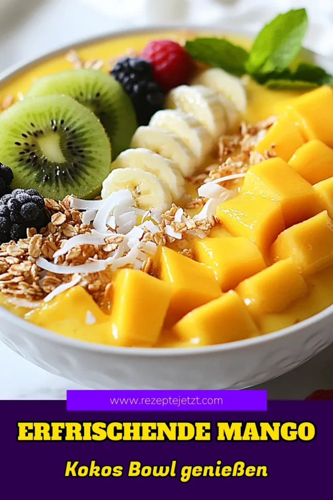 Entdecken Sie die köstliche Mango-Kokos-Smoothie-Bowl, ein perfektes Beispiel für gesunde Smoothie-Bowl Rezepte! Dieses Mango-Bowl Rezept ist nicht nur einfach zuzubereiten, sondern auch eine vegane Smoothie-Bowl, die Ihnen tropsiche Frische ins Zuhause bringt. Genießen Sie die Mischung aus Mango, Banane und Kokosmilch und toppen Sie sie mit Granola und frischen Früchten. Probieren Sie es jetzt aus und speichern Sie das Rezept! #MangoBowl #SmoothieBowl #veganeRezepte #tropischeRezepte