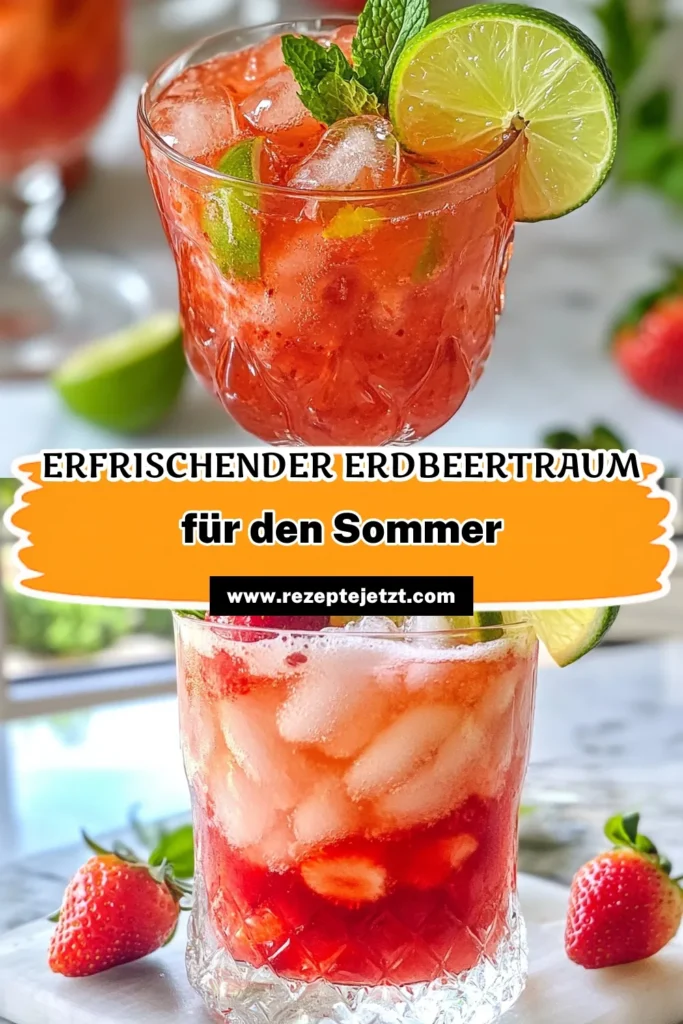 Erfrischen Sie Ihren Sommer mit unserem einfachen Erdbeer-Limetten-Spritzer, einem köstlichen Erdbeergetränk Rezept! Dieser erfrischende Sprudel kombiniert frische Erdbeeren, spritzigen Limettensaft und prickelndes Sprudelwasser für alkoholfreie Cocktails Sommer. Bereiten Sie sich auf das Limetten-Spritzer Rezept vor und genießen Sie den Geschmack der Saison! Speichern Sie dieses Rezept für Ihre nächste Sommerfeier! #Erdbeergetränk #AlkoholfreieCocktails #Sommergenuss #ErdbeerLimonade