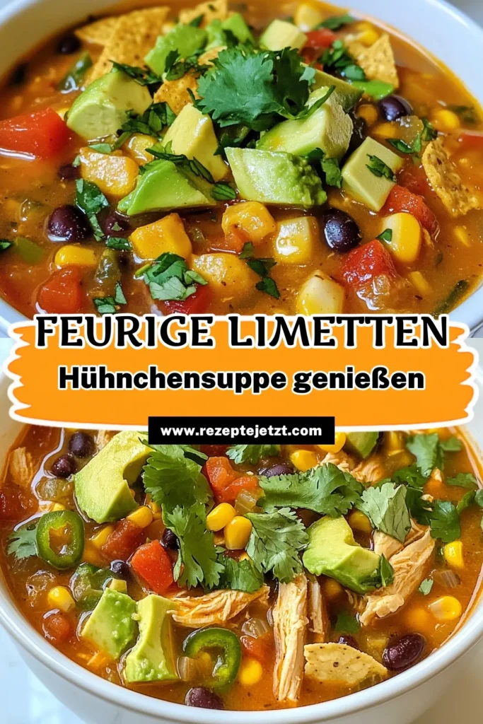 Entdecke die verführerische Jalapeño Limetten-Hühnchensuppe! Dieses würzige Hühnchensuppe Rezept mit Hähnchenbrustfilet, schwarzen Bohnen und frischen Limetten ist perfekt für kalte Tage. Die Kombination aus würzigen Jalapeños und aromatischen Gewürzen macht diese mexikanische Suppe mit Bohnen zu einem Genuss. Probiere jetzt unser Limetten Hühnchen Rezept aus und genieße die Aromen! #Hühnchensuppe #MexikanischeKüche #Würzig #SupperRecipe