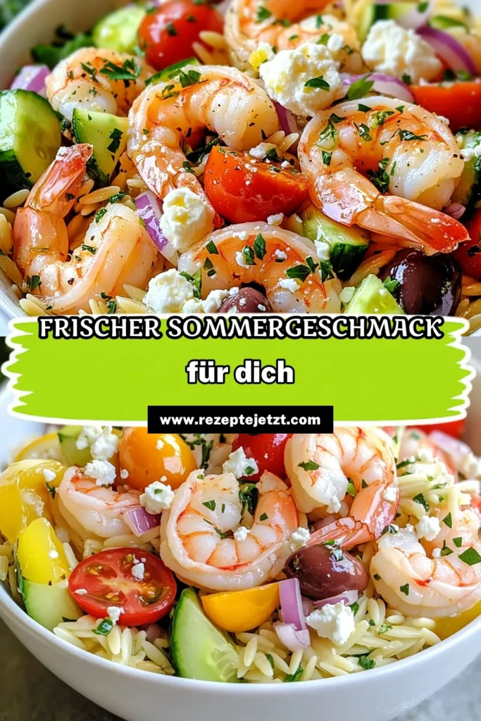 Entdecken Sie den köstlichen Griechischen Garnelen-Orzo-Salat, ein ideales Orzo-Pasta Rezept für den Sommer! Mit saftigen Garnelen, frischem Feta und mediterranen Zutaten wie Oliven und Kirschtomaten ist dieser Garnelensalat mit Feta perfekt für Ihre nächste Grillfeier oder ein einfaches Sommergericht. Genießen Sie diesen gesunden Salat voller Aromen. Jetzt nachmachen und speichern! #GarnelenOrzoSalat #Sommergerichte #MediterraneKüche #EinfacheRezepte
