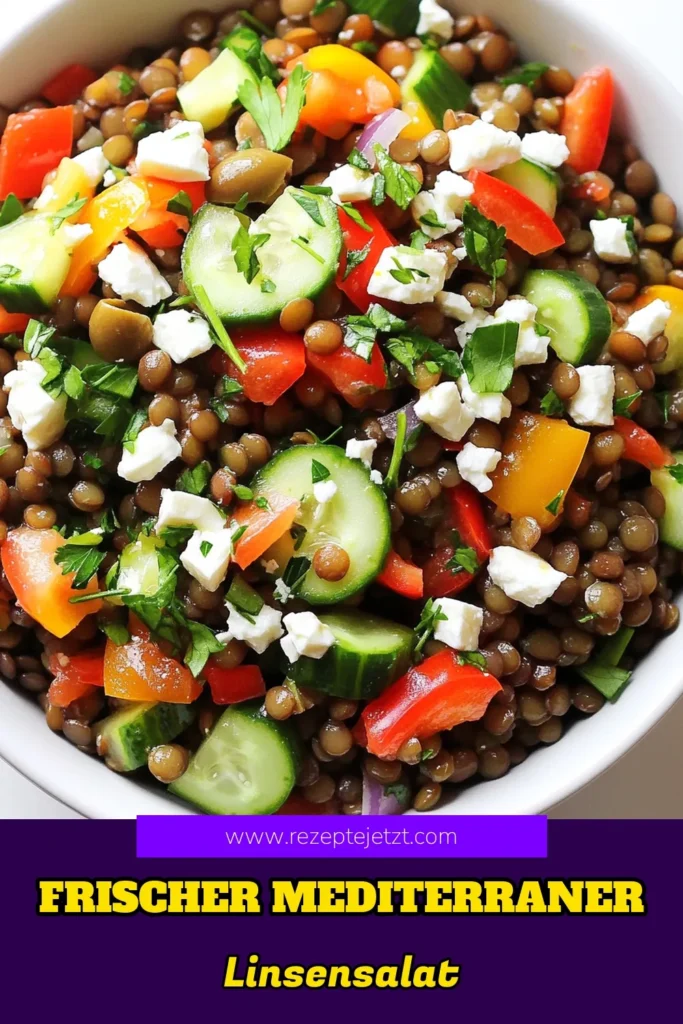 Entdecke unser köstliches Linsensalat Rezept und zaubere mit diesem mediterranen Salat eine gesunde und leckere Mahlzeit! Ideal für einfache Rezeptideen, die vegetarisch sind und voller Geschmack stecken. Dieser gesunde Salat mit Linsen, frischem Gemüse und Feta ist perfekt für jeden Anlass. Probiere es aus und genieße eine nahrhafte Option. Teile deine Kreation und speichere für später! #Linsensalat #MediterranerSalat #EinfacheRezeptideen #GesundeSalate