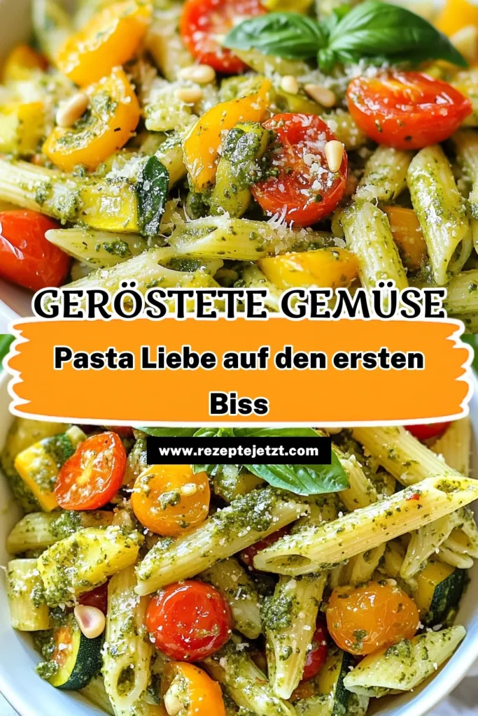 Entdecken Sie unser Rezept für geröstete Gemüse-Pasta mit Pesto! Diese gesunde Pasta-Gericht kombiniert leckeres, saisonales Gemüse mit einem cremigen Pesto, ideal für vegane Genießer. Sie werden die italienische Pasta mit Gemüse lieben, die einfach zuzubereiten ist. Perfekt für ein schnelles Abendessen! Speichern Sie dieses vegane Pasta-Rezept und probieren Sie es aus! #PastaLovers #VeggieDelights #HealthyEating #ItalianRecipes