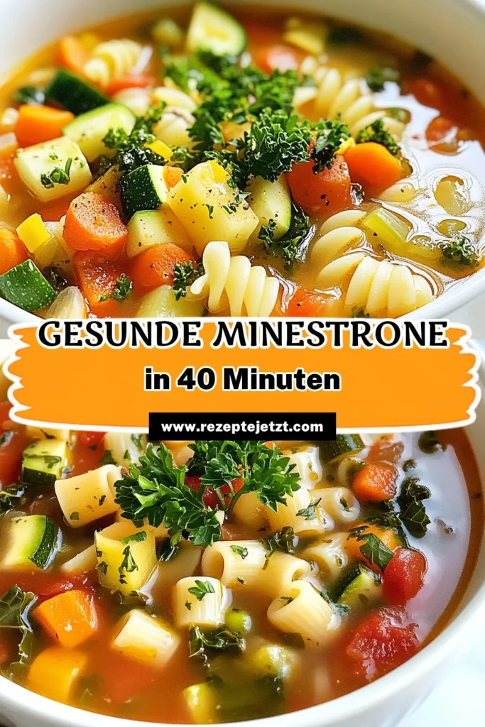 Entdecken Sie unser einfaches Minestrone-Suppe Rezept für eine gesunde und nährstoffreiche Mahlzeit! Diese Gemüse Minestrone kombiniert frisches Gemüse, Bohnen und Pasta zu einer italienischen Gemüsesuppe, die nicht nur vegan ist, sondern auch köstlich schmeckt. Perfekt für jede Gelegenheit! Speichern Sie jetzt dieses gesunde Suppenrezept und bereiten Sie eine warme, herzliche Portion zu. #Minestrone #GemüseMinestrone #VeganeMinestrone #GesundeSuppenrezepte