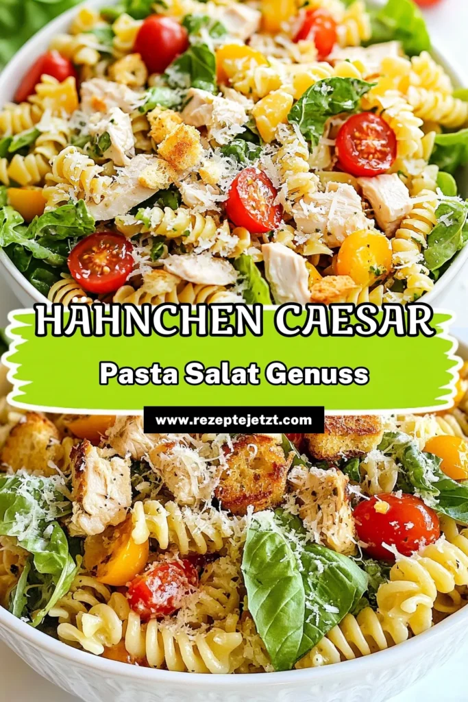 Entdecken Sie unser köstliches Hähnchen Caesar Pasta Salat Rezept! Dieser einfache Pasta Salat mit Dressing vereint Fusilli, zarte Hähnchenbrust und frische Kirschtomaten für ein perfektes Mittagessen. Ideal für warme Tage oder als Grillbeilage. Lassen Sie sich dieses Caesar Pasta Rezept nicht entgehen und verwöhnen Sie Ihre Familie damit. Klicken Sie für die Anleitung und genießen Sie jeden Bissen! #HähnchenCaesarPastaSalat #CaesarPastaRezept #FusilliSalatMitHähnchen #PastaSalatMitDressing