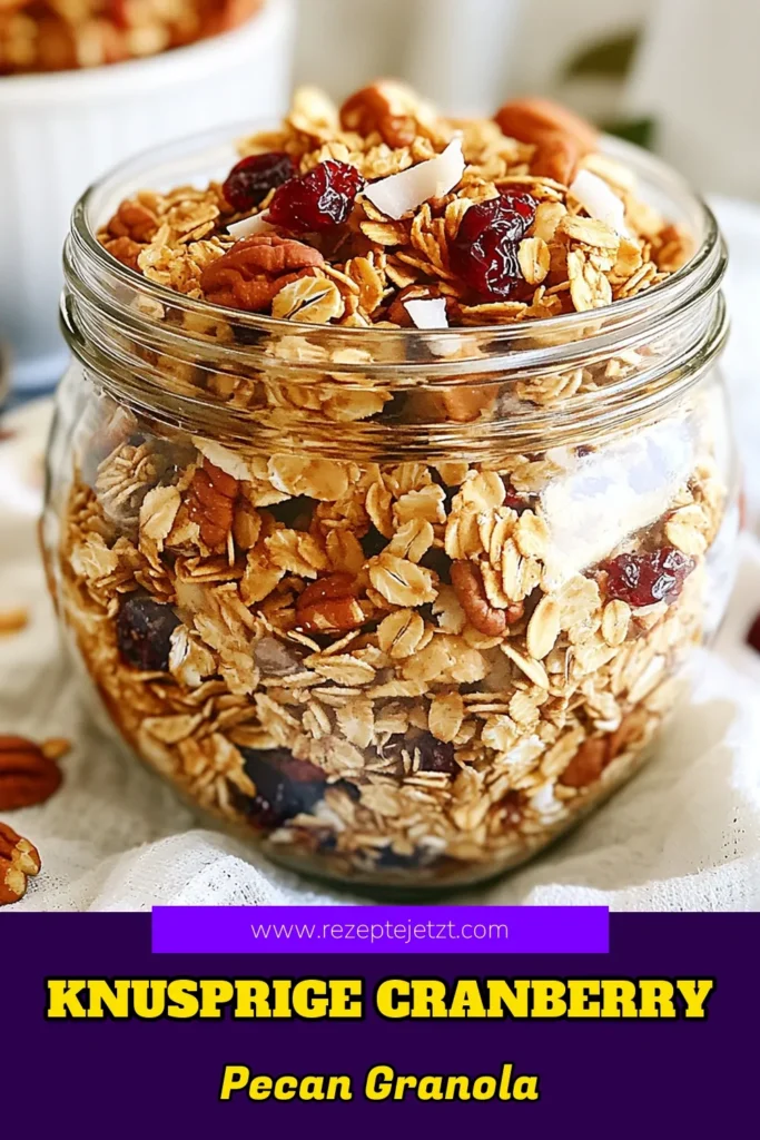 Entdecken Sie unser einfaches Frühstücksrezept: Das köstliche Cranberry Pecan Granola Rezept. Diese gesunde Granola vereint Haferflocken und Pekannüsse für einen perfekten Start in den Tag. Genießen Sie die nussigen Aromen und den fruchtigen Geschmack der Cranberries. Perfekt für jede Frühstücksroutine! Probieren Sie es jetzt aus und speichern Sie es für später! #GranolaRezept #GesundeErnährung #Frühstücksideen #Pekannüsse
