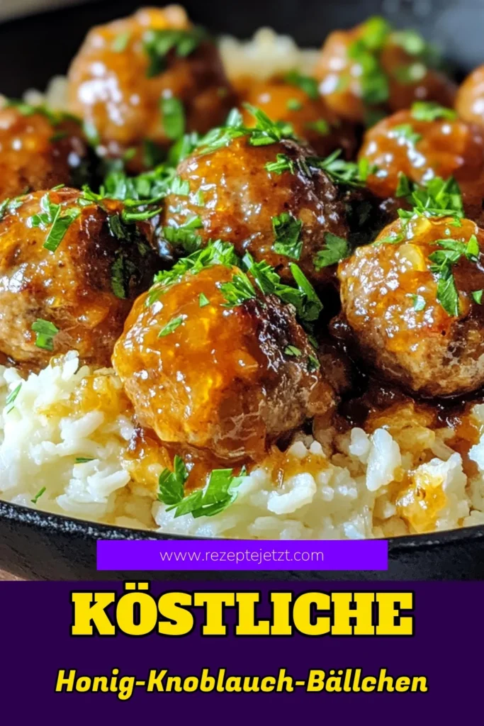 Entdecken Sie unser köstliches Rezept für Honig Knoblauch Fleischbällchen! Diese einfache Fleischbällchen Pfanne kombiniert zartes Rindfleisch mit einer unwiderstehlichen Honig Ketchup Soße. Perfekt für ein schnelles Abendessen, das die ganze Familie begeistern wird. Genießen Sie es mit Reis oder Quinoa. Speichern Sie dieses Fleischbällchen Rezept für Ihre nächste Kochsession! #Fleischbällchen #Rezept #Pfannengericht #HonigKnoblauch