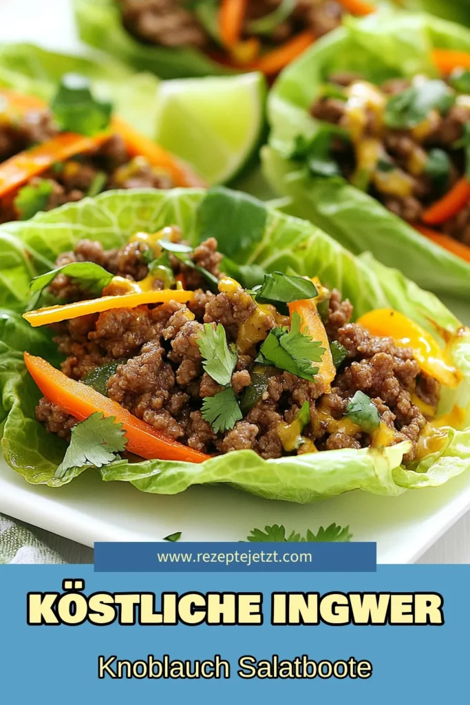 Entdecke unser köstliches Ingwer Knoblauch Rindfleisch Salatboote Rezept! Diese gesunden Rindfleischrezepte sind perfekt für asiatische Rinderhackgerichte, die schnell zubereitet sind. Mit frisch geriebenem Ingwer, aromatischem Knoblauch und knackigem Gemüse werden diese Salatboote garantiert zum Hit! Probiere es aus und teile deine Kreationen! #RindfleischmitGemüse #Salatboote #GesundeRezepte #AsiatischeKüche