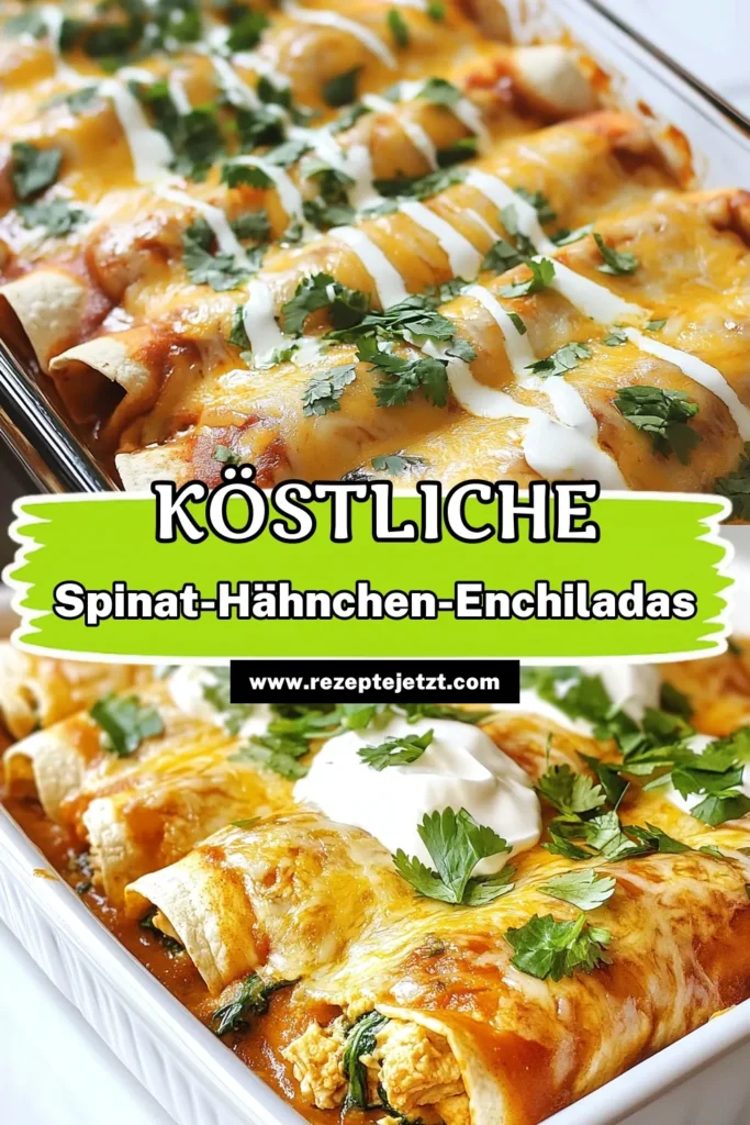 Entdecken Sie unser Rezept für cremige Spinat-Hähnchen-Enchiladas! Dieses einfache Enchiladas Rezept kombiniert zartes Hähnchen mit frischem Spinat und cremigem Käse für ein unwiderstehliches mexikanisches Gericht. Ideal für eine schnelle und köstliche Mahlzeit. Bereiten Sie es in nur 45 Minuten zu und beeindrucken Sie Familie und Freunde. Speichern Sie dieses Rezept und bringen Sie mexikanisches Flair in Ihre Küche! #Enchiladas #HähnchenmitSpinat #MexikanischesGerichtRezept #EinfacheEnchiladas