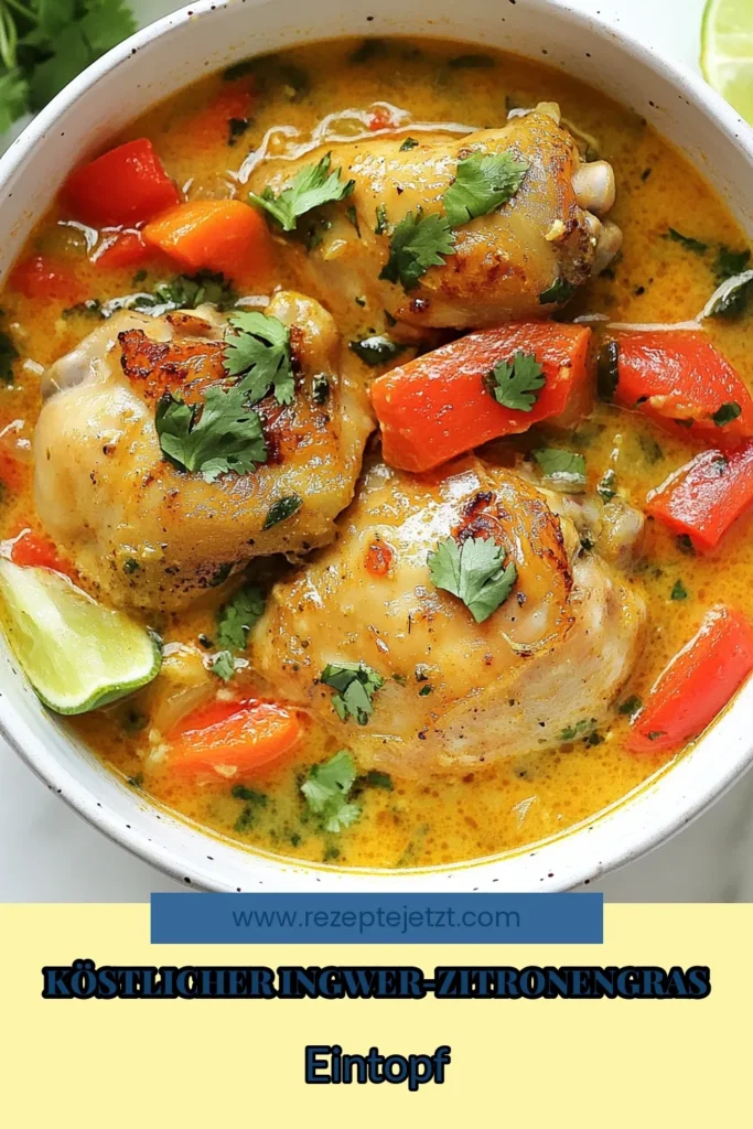 Entdecke unser köstliches Ingwer-Zitronengras Eintopf Rezept mit zarten Hähnchenoberkeulen! Dieser asiatische Hühnchen Eintopf überzeugt mit einer cremigen Kokosmilch Hühnerbrühe und einer geschmackvollen Mischung aus Ingwer und Zitronengras. Perfekt für ein gesundes Abendessen! Probiere es aus und teile deine Kreation! #IngwerZitronengrasEintopf #HähnchenOberkeulenRezept #asiatischerEintopf #KokosmilchHähnchenRezept