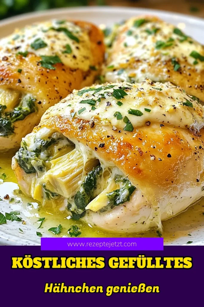 Entdecken Sie dieses köstliche Spinats gefülltes Hähnchen mit Artischocken! Dieses einfache Artischocken Hähnchen Rezept ist perfekt für ein gesundes Hähnchen Gericht, das jeder lieben wird. Mit gefüllte Hähnchenbrust und einer cremigen Mischung aus Spinat und Käse ist es auch ein ideales italienisches Hähnchenrezept für besondere Anlässe. Speichern Sie das Rezept und probieren Sie es noch heute aus! #Hähnchenrezepte #Gesundessen #ItalienischeKüche #Kochideen