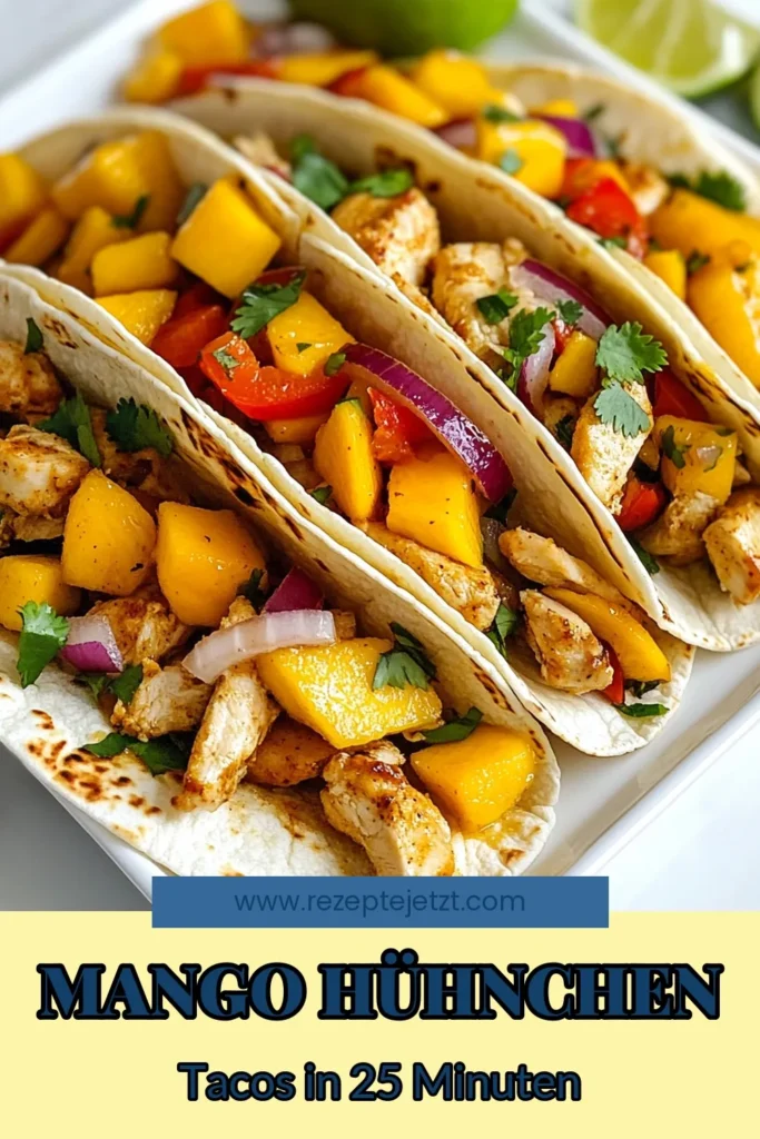 Entdecke die perfekten Mango-Hühnchen-Tacos mit diesem würzigen Tacos Rezept! Diese einfache Taco Zubereitung kombiniert saftiges Hühnchen mit Mango für ein unvergleichliches Geschmackserlebnis. Lerne die Taco-Gewürz Anleitung kennen und genieße die würzigen Tacos in nur 25 Minuten. Hol dir jetzt die Zutaten und kreiere dein neues Lieblingsgericht! #MangoHühnchenTacos #WürzigeTacosRezept #EinfacheTacoZubereitung #TacoGewürzAnleitung