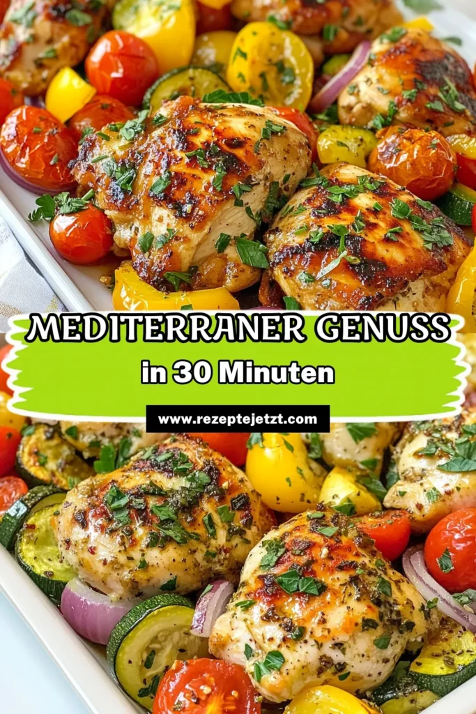 Entdecken Sie dieses mediterrane Hähnchenrezept für eine köstliche Blechpfanne mit Gemüse – perfekt für ein gesundes Ofengericht! Mit zartem griechischem Hähnchen und buntem Gemüse zaubern Sie ein leichtes Abendessen Rezept, das alle begeistern wird. Ideal für Stressfreies Kochen und schnelle Mahlzeiten. Lecker, einfach und vollgepackt mit Geschmack! Probieren Sie es aus und speichern Sie dieses Rezept! #mediterranesHähnchen #gesundesEssen #Ofengerichte #leichtenAbendessen