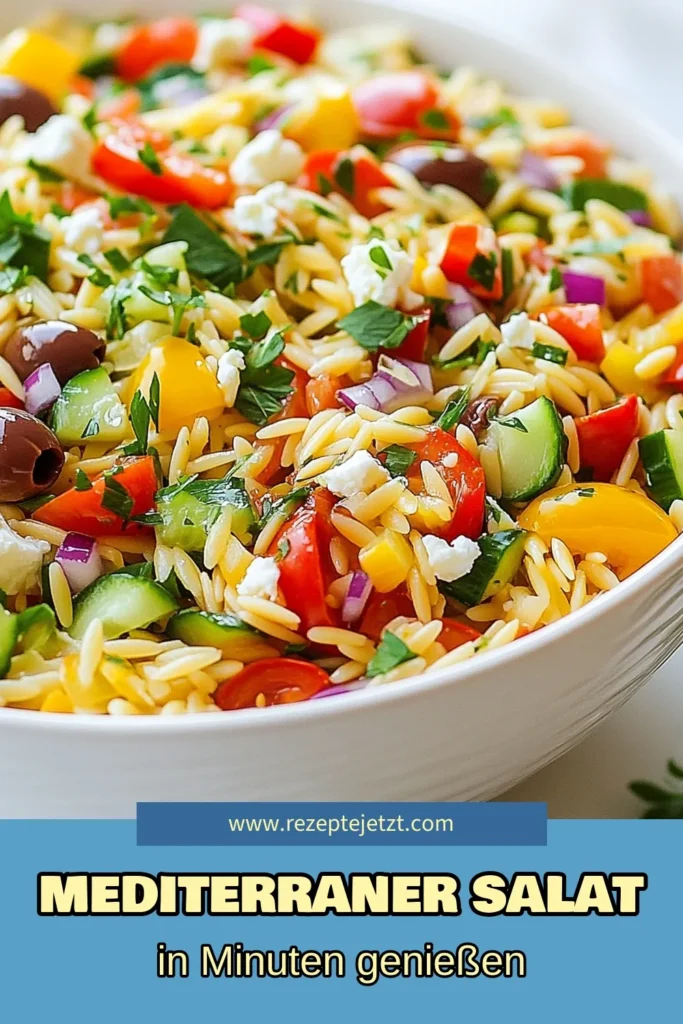 Entdecken Sie diesen köstlichen mediterranen Orzo-Pasta-Salat! Mit frischen Kirschtomaten, knackiger Gurke und cremigem Feta-Käse wird dieser Sommer Pasta-Salat zum Highlight jeder Grillparty. Perfekt als Beilage oder leichtes Hauptgericht. Probieren Sie unser einfaches Rezept und genießen Sie den Geschmack des Mittelmeers! Jetzt speichern und nachkochen! #OrzoPastaSalat #MediterranerSalat #FetaKäseRezept #SommerPastaSalat