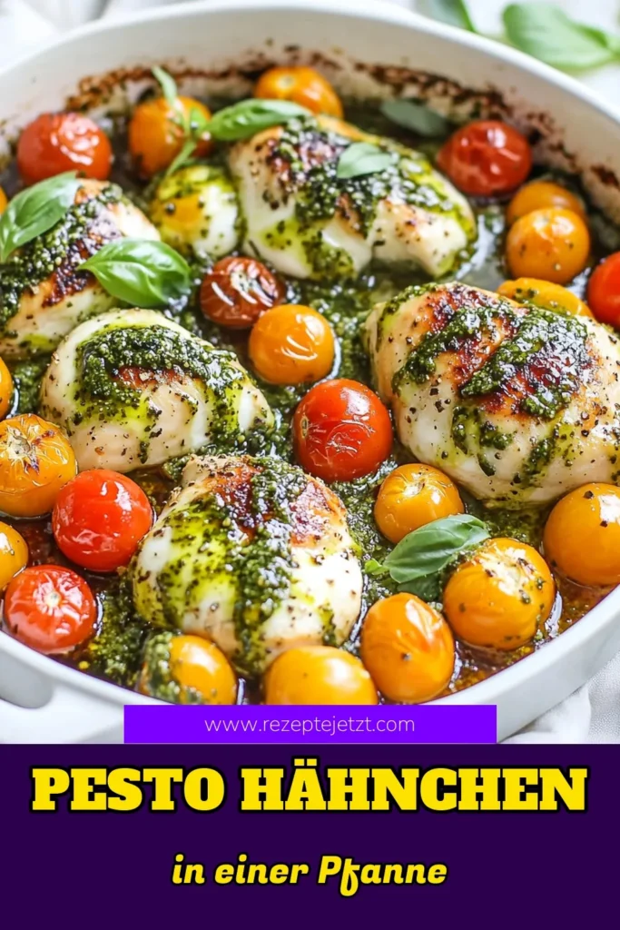 Entdecke dieses köstliche Pesto Hühnchen Rezept! Die Caprese Pfanne kombiniert saftige Hähnchenbrust, aromatisches Basilikum-Pesto und frische Kirschtomaten für ein gesundes Hühnchengericht. Ideal für einfache Abendessen Rezepte! In nur 30 Minuten zubereitet, ist dieses Gericht perfekt für jede Gelegenheit. Probiere es aus und genieße die Aromen! Speichere dir das Rezept für später. #PestoHühnchen #CapresePfanne #GesundeRezepte #EinfachesKochen