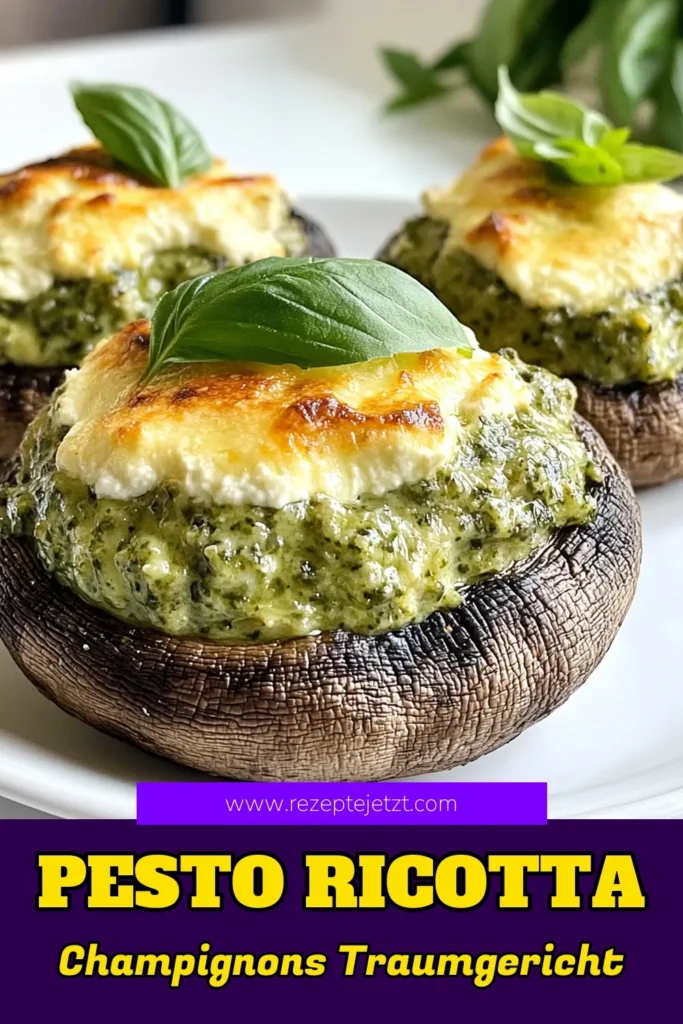 Entdecken Sie dieses köstliche vegetarische Champignon-Rezept mit Pesto-Ricotta gefüllte Champignons! Diese einfachen gefüllte Portobello-Champignons sind perfekt für jede Gelegenheit. Mit Ricotta-Käse Verwendung und frischem Basilikum-Pesto sind sie ein wahrer Genuss. Bereiten Sie diese einfachen Pesto-Rezepte in nur 40 Minuten zu und beeindrucken Sie Ihre Gäste. Probieren Sie es aus und speichern Sie es für später! #PestoRicotta #GefüllteChampignons #VegetarischeRezepte #EinfachKochen