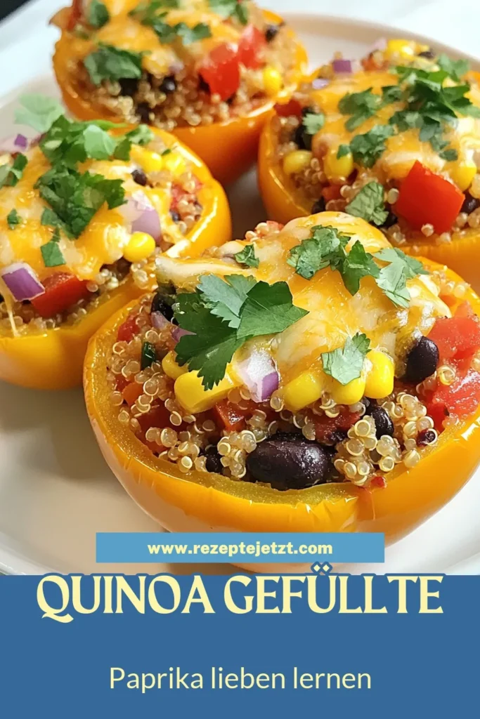 Entdecken Sie dieses leckere Rezept für gefüllte Paprika mit Quinoa! Diese vegetarische Mahlzeit vereint die Aromen der mexikanischen Küche und ist perfekt für ein gesundes Abendessen. Mit Quinoa, schwarzen Bohnen und frisch garniertem Koriander sind diese gefüllten Paprika nicht nur nahrhaft, sondern auch einfach zuzubereiten. Probieren Sie es aus und genießen Sie eine gesunde Mahlzeit! Teilen Sie Ihr Ergebnis! #gefülltePaprika #QuinoaRezept #vegetarischesGericht #mexikanischeKüche
