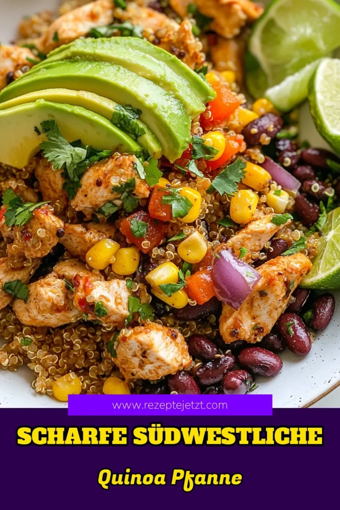 Entdecken Sie dieses köstliche Rezept für eine südwestliche Hähnchen Quinoa Pfanne, das reich an gesunden Zutaten ist! Diese gesunde Quinoa Rezepte kombiniert Hähnchen mit Quinoa und schwarzen Bohnen für ein einfaches, aber schmackhaftes mexikanisches Hähnchengericht. Perfekt für ein schnelles Abendessen, das die ganze Familie lieben wird. Speichern Sie dieses Rezept für Ihre nächste Mahlzeit! #QuinoaRezepte #Hähnchenrezepte #GesundeErnährung #Kochinspiration