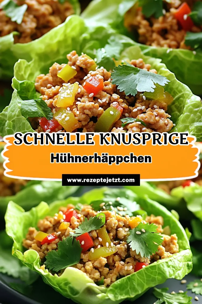 Genieße die perfekte Kombination aus Geschmack und Gesundheit mit unseren Crispy Asian Chicken Lettuce Cups! Diese köstlichen Salatblätter sind einfach zuzubereiten und bieten eine aufregende Mischung aus gewürztem Hühnchen, frischem Gemüse und einem Hauch von Schärfe. Ideal als Snack oder leichtes Abendessen! Klicke jetzt, um das Rezept zu entdecken und deine Familie zu beeindrucken! #AsiatischeKüche #GesundeRezepte #Hühnerrezepte #Salatliebhaber