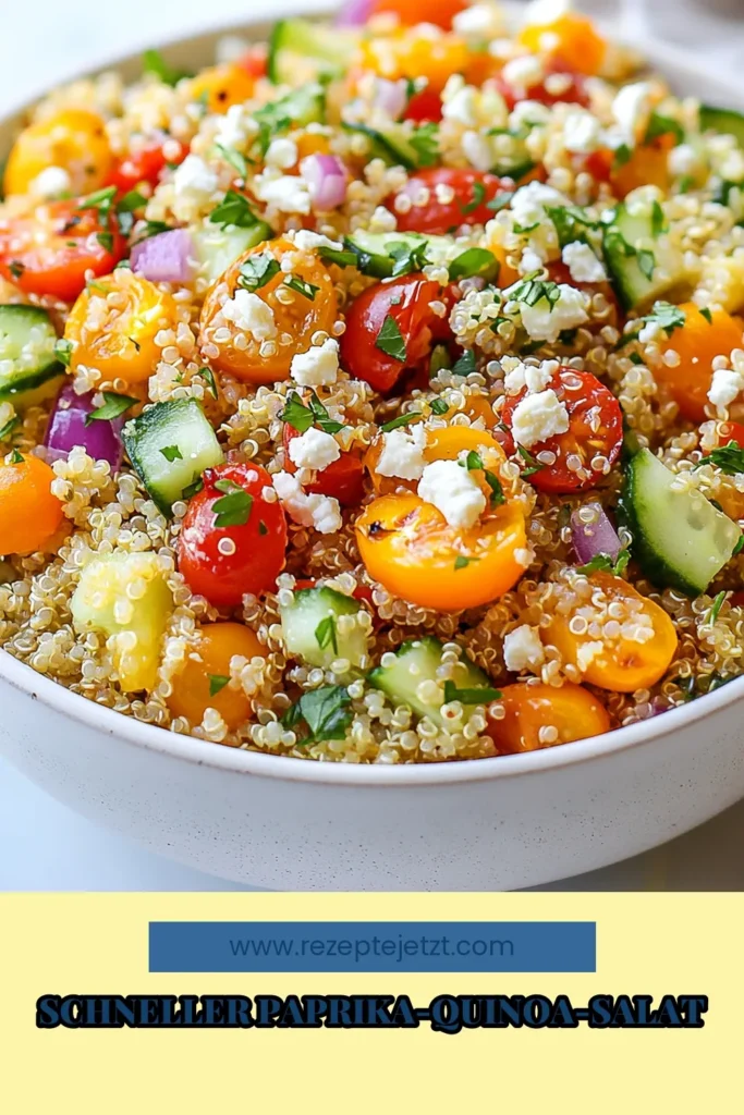 Entdecken Sie dieses gesunde Quinoa-Rezept für einen köstlichen gerösteten Paprika-Quinoa-Salat! Mit roten Paprika, frischem Gemüse und optionalem Feta ist dieser vegetarische Salat mit Feta perfekt für ein schnelles Mittagessen oder eine Beilage. Einfach zuzubereiten und ideal für gesunde Essgewohnheiten. Teilen Sie die Freude an einfachen Salatrezepten! Speichern Sie jetzt dieses Rezept! #QuinoaSalat #GesundeRezepte #VegetarischKochen #EinfacheRezepte
