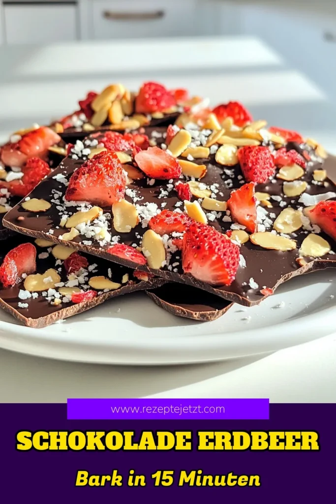 Genießen Sie die perfekte Kombination aus süß und salzig mit dieser einfachen Schokoladeüberzogenen Erdbeeren-Bark! In nur 15 Minuten kreieren Sie einen köstlichen Snack aus dunkler Schokolade, getrockneten Erdbeeren und knackigen Mandeln. Ideal für Partys oder als süße Belohnung! Klicken Sie jetzt, um das vollständige Rezept zu entdecken und Ihre Gäste zu beeindrucken! #Süßigkeiten #DessertRezepte #Schokolade #Erdbeeren