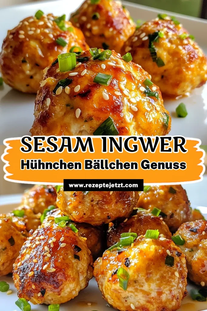 Entdecke das köstliche Rezept für Sesam Ingwer Hühnchen! Diese asiatischen Hühnchen Fleischbällchen sind nicht nur einfach zuzubereiten, sondern auch gesund und voller Geschmack. Probiere die Kombination aus frischem Ingwer, Knoblauch und Sesamöl für ein leckeres Abendessen. Ideal für schnelle Mahlzeiten oder als Snack. Lass dich inspirieren und kreiere deine eigenen gesunden Hühnchenrezepte. Speichere das Rezept gleich! #SesamIngwerHühnchen #HühnchenFleischbällchenRezept #asiatischeFleischbällchen #gesundeHühnchenrezepte