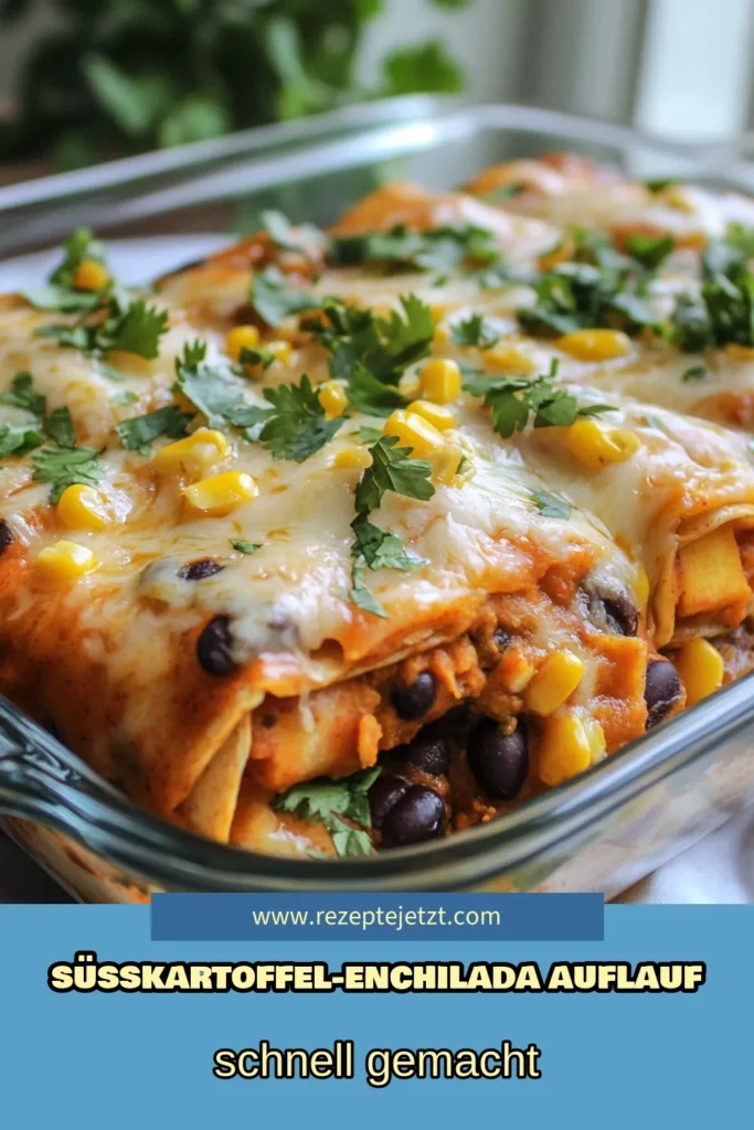 Entdecken Sie ein köstliches vegetarisches Tex-Mex-Rezept mit unserem Süßkartoffel-Enchilada-Auflauf! Diese gesunden Enchiladas werden mit schwarzen Bohnen, Mais und Gewürzen zubereitet und sind perfekt für schnelle Auflaufgerichte. Ideal für ein herzhaftes Abendessen, das die ganze Familie begeistert. Probieren Sie es aus und lassen Sie sich von den Aromen verzaubern! Speichern Sie dieses Rezept für später! #süßkartoffelenchilada #schwarzerbohnenauflauf #vegetarischesrezept #gesundessen