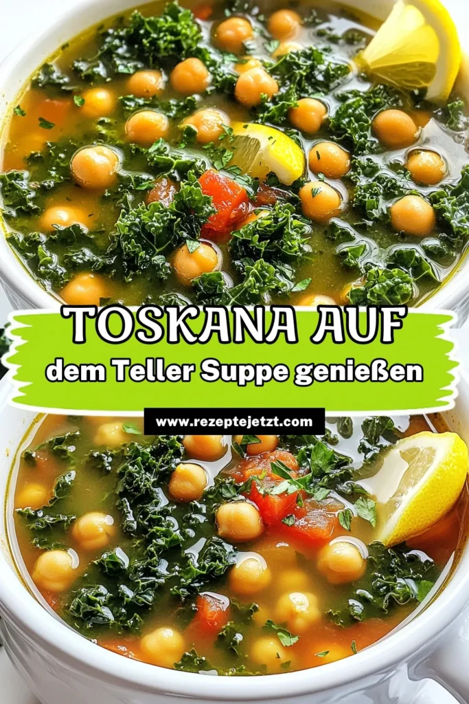 Genieße die perfekte Kombination aus Geschmack und Gesundheit mit unserer Toskanischen Kichererbsen-Grünkohlsuppe! Diese einfache und nahrhafte Suppe vereint zarte Kichererbsen, frischen Grünkohl und aromatische Gewürze in einem köstlichen Gericht. Ideal für jede Jahreszeit, unser Rezept ist schnell zubereitet und bietet eine Fülle von Aromen. Klicke jetzt, um die Schritt-für-Schritt-Anleitung zu entdecken und lass dich inspirieren! #Kichererbsen #Grünkohl #Suppe #GesundeRezepte