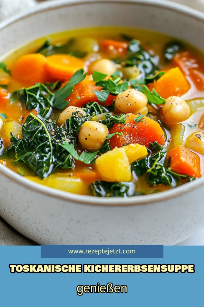 Genießen Sie diese köstliche toskanische Grünkohlsuppe mit Kichererbsen für eine gesunde Ernährung! Diese einfache vegetarische Suppe ist perfekt für kalte Tage und bietet eine aromatische Mischung aus Kichererbsenrezepte und frischem Gemüse in Garnitur mit Petersilie. Bereiten Sie sich darauf vor, mit der Gemüsebrühe Suppe Ihre Familie zu beeindrucken. Klicken und speichern Sie dieses Rezept für Ihre nächste Mahlzeit! #ToskanischeGrünkohlsuppe #Kichererbsenrezepte #VegetarischeSuppe #GesundeErnährung