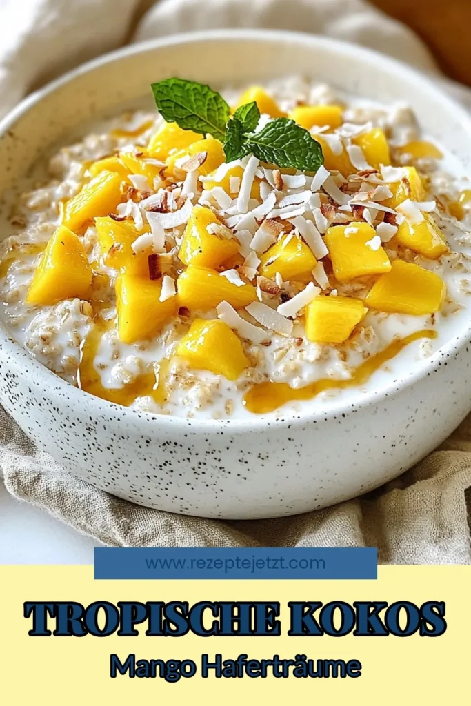 Entdecke unser einfaches Rezept für Kokos-Mango Übernacht-Haferflocken – die perfekte gesunde Frühstücksidee! Diese Overnight Oats mit Kokosmilch sind nicht nur vegan, sondern auch vollwertig und köstlich. Bereite sie in nur 10 Minuten zu und genieße sie am nächsten Morgen mit frischen Mangostücken und knackigen Kokosraspeln. Speichere dieses Rezept für deine Sammlung einfacher Haferflocken Rezepte! #KokosMango #ÜbernachtHaferflocken #veganesFrühstück #GesundeRezepte