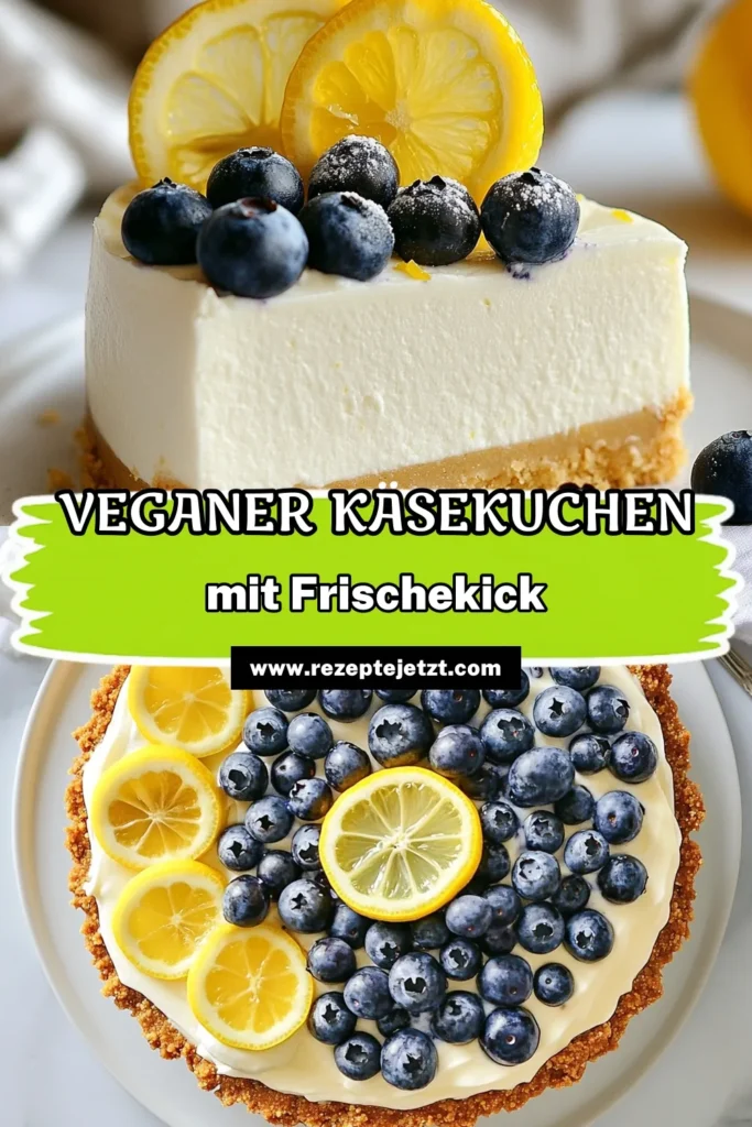 Entdecken Sie unser köstliches Rezept für veganen Zitrone Heidelbeer Käsekuchen! Dieser gesunde Dessertrezepte vereint frische Aromen von Zitrone und Heidelbeeren in einem pflanzlichen Käsekuchen, der auf einer knusprigen Cashew-Basis basiert. Ideal für ein erfrischendes Dessert. Perfekt zum Teilen und Genießen! Probieren Sie unser Cashew Käsekuchen Rezept aus und lassen Sie sich begeistern! #VeganerKäsekuchen #GesundeDessertrezepte #ZitroneHeidelbeerRezept #PflanzlicheKäsekuchen