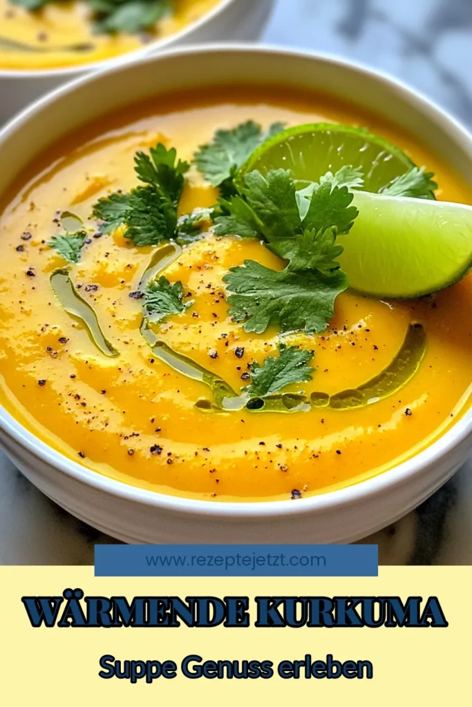 Entdecken Sie unsere köstliche Kurkuma Möhren Suppe, die mit Kokosmilch für eine cremige Textur begeistert. Diese gesunde Suppe mit Ingwer ist nicht nur vegan, sondern auch einfach zuzubereiten und perfekt für kalte Tage. Verwöhnen Sie sich mit dieser einfachen Curry Suppe, die Ihre Sinne verzaubert! Probieren Sie es aus und speichern Sie das Rezept. #KurkumaMöhrenSuppe #KokosmilchRezepte #gesundeSuppe #veganeKarottensuppe