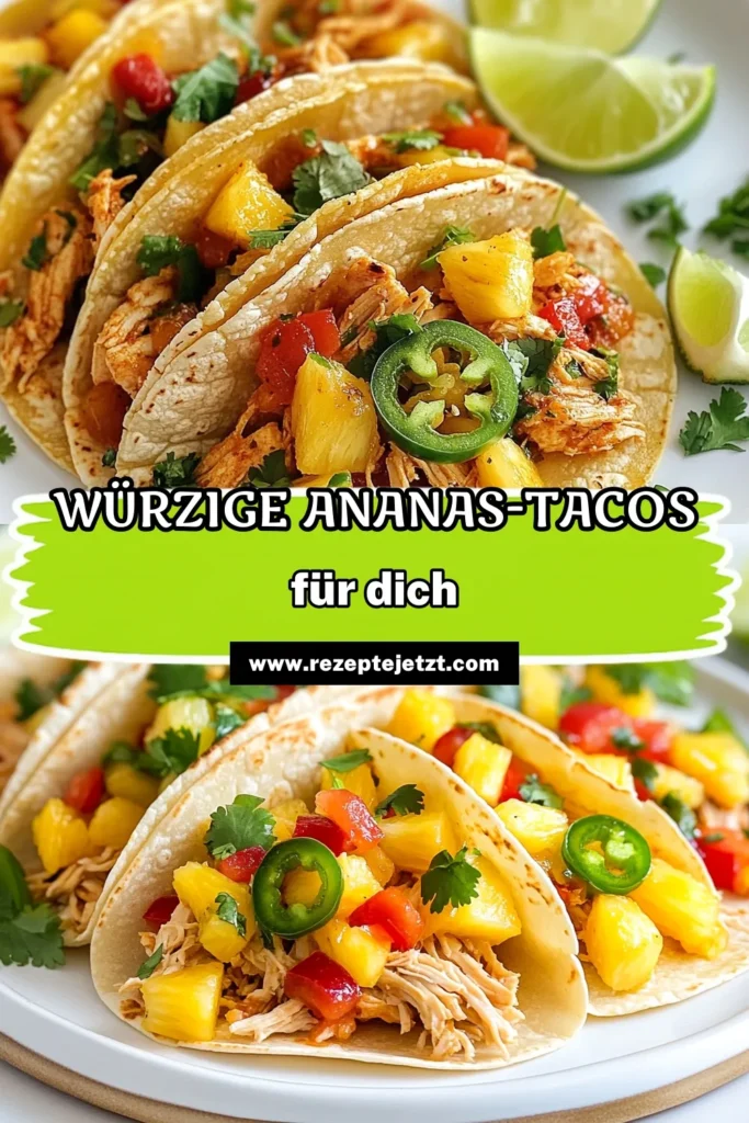 Entdecke das Rezept für würzige Ananas-Hühnchen-Tacos! Diese leckeren Tacos kombinieren zartes Hühnchen mit frischer Ananas für ein unvergessliches Geschmackserlebnis. Ideal für Taco Ideen mit Hühnchen, bieten diese einfachen Taco Rezepturen eine perfekte Mischung aus Schärfe und Süße. Perfekt für dein nächstes Abendessen oder Grillen. Probiere es jetzt aus und bring frische Ananas Rezepte auf deinen Tisch! #TacoZeit #AnanasRezepte #HühnchenTacos #WürzigeTacos