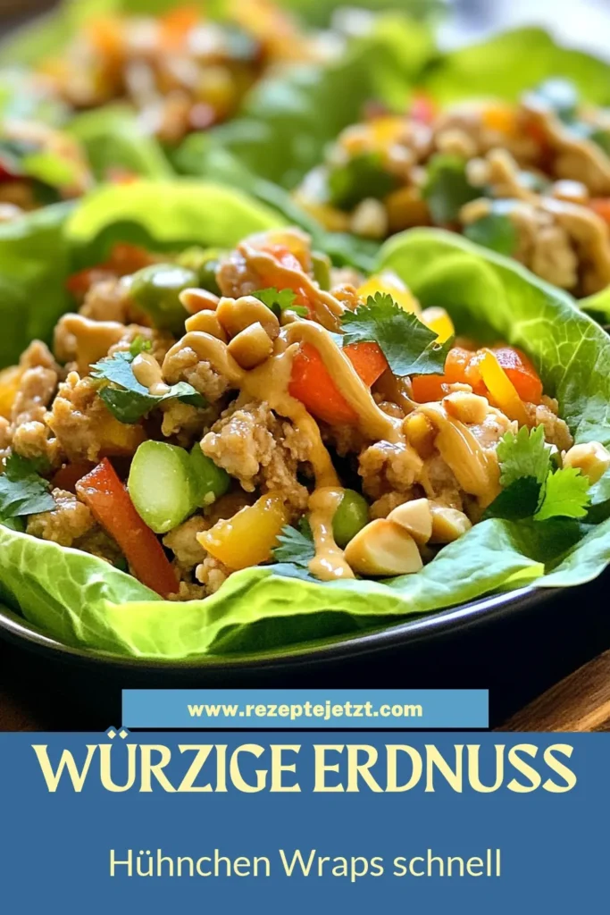 Entdecke diese köstlichen Erdnuss Hühnchen Wraps! Diese würzigen Salat Wraps sind ein gesundes Hühnchen Rezept, das einfach zuzubereiten ist und perfekt für eine glutenfreie Ernährung geeignet ist. Mit Aromen von asiatischem Hühnchen Salat und frischem Gemüse, werden diese Wraps zum neuen Favoriten deiner Mahlzeiten. Probiere es aus und erlebe den Geschmack! Speichere das Rezept für später. #ErdnussHühnchenWraps #gesundeHühnchenRezepte #glutenfreieWraps #würzigeSalatWraps