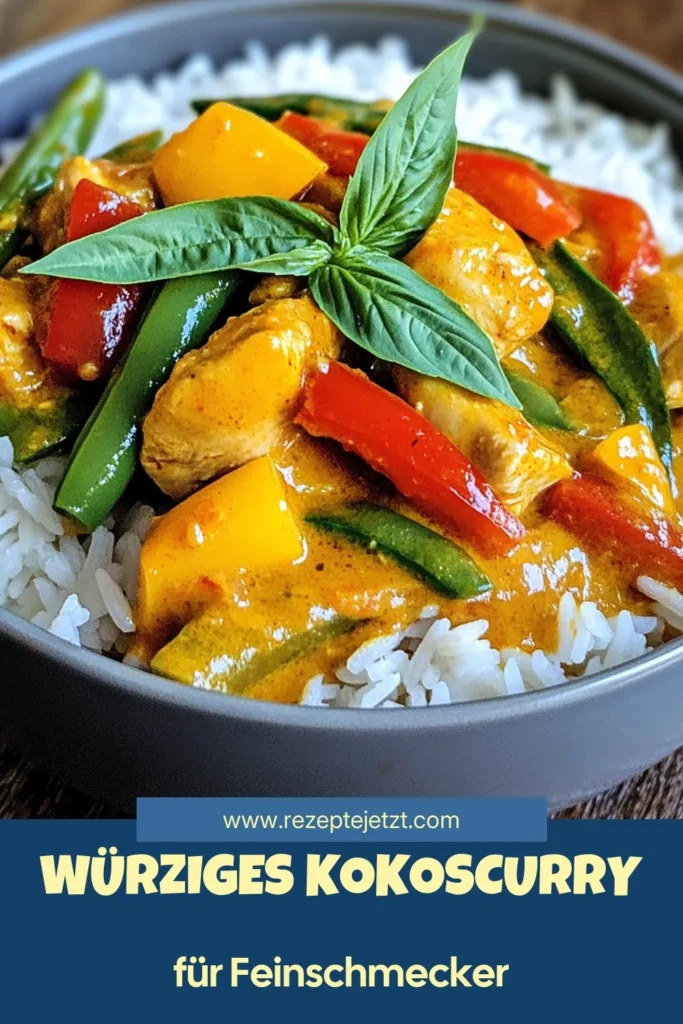 Entdecken Sie dieses würzige Kokos-Curry mit Hähnchen, ein einfaches asiatisches Curry, das Ihre Geschmacksknospen verzaubert! Verwenden Sie thailändische rote Currypaste und Kokosmilch für ein unvergessliches Geschmackserlebnis. Dieses thailändische Hähnchenrezept ist perfekt für eine schnelle und köstliche Mahlzeit. Kochen Sie es heute und genießen Sie es mit Jasminreis! Speichern Sie das Rezept für später! #KokosCurry #ThaiCurry #EinfacheRezepte #AsiatischeKüche