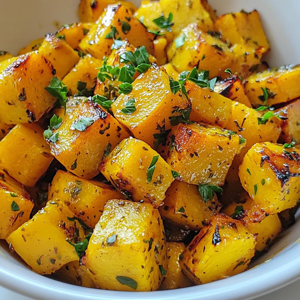 Für knoblauch-kräuter-röstkürbis brauchst du ein paar einfache Zutaten: - 1 mittelgroßer Kürbis, geschält und in Würfel geschnitten - 4 Knoblauchzehen, fein gehackt - 3 Esslöffel Olivenöl - 2 Teelöffel getrockneter Thymian - 1 Teelöffel getrockneter Rosmarin - 1 Teelöffel getrockneter Oregano - Salz und Pfeffer nach Geschmack - Frische Petersilie, fein gehackt zur Garnitur Diese Zutaten sind leicht zu finden und machen das Gericht schmackhaft und gesund. Wähle einen Kürbis, der fest ist und keine Druckstellen hat. Ein guter Kürbis hat eine schöne, glatte Haut. Der Farbton sollte intensiv sein. Die besten Sorten für diesen Röstkürbis sind Hokkaido oder Butternut. Sie haben einen süßen Geschmack und eine tolle Textur. Wenn du keine frischen Kräuter hast, sind getrocknete Kräuter eine gute Wahl. Sie sind leicht zu lagern und bieten einen starken Geschmack. Du kannst auch Kräuter der Provence verwenden. Sie geben dem Kürbis eine besondere Note. Eine andere Option ist, italienische Gewürzmischung zu nutzen. Sie bringt eine feine Würze in dein Gericht. {{ingredient_image_2}} Heize deinen Ofen auf 200°C vor. So sorgt die Hitze für eine gleichmäßige Röstung. Nimm ein Backblech und lege es mit Backpapier aus. Das hilft, das Ankleben des Kürbisses zu vermeiden und die Reinigung zu erleichtern. Schäle den Kürbis und schneide ihn in gleich große Würfel. Das sorgt dafür, dass sie gleichmäßig garen. In einer großen Schüssel vermengst du die Kürbisstücke mit: - 4 Knoblauchzehen, fein gehackt - 3 Esslöffeln Olivenöl - 2 Teelöffeln getrocknetem Thymian - 1 Teelöffel getrocknetem Rosmarin - 1 Teelöffel getrocknetem Oregano - Salz und Pfeffer nach Geschmack Mische alles gut, bis der Kürbis gleichmäßig mariniert ist. Das Öl und die Kräuter verleihen dem Kürbis viel Geschmack. Verteile die marinierten Kürbisstücke auf dem Backblech in einer einzelnen Schicht. So können sie schön bräunen. Röste den Kürbis im Ofen für 25-30 Minuten. Wende die Stücke nach der Hälfte der Zeit. So werden sie von allen Seiten goldbraun und zart. Wenn der Kürbis fertig ist, nimm das Backblech aus dem Ofen. Lass den Kürbis ein paar Minuten abkühlen. Übertrage ihn dann auf eine Servierplatte und streue frisch gehackte Petersilie darüber. Das gibt dem Gericht nicht nur Farbe, sondern auch einen frischen Geschmack. Um die beste Röstung zu erreichen, achten Sie auf die Kürbisstücke. Schneiden Sie sie gleichmäßig in Würfel. So garen sie gleichmäßig und werden schön knusprig. Verwenden Sie frisches Olivenöl, um den Geschmack zu intensivieren. Achten Sie darauf, die Stücke in einer einzigen Schicht auf dem Blech zu verteilen. Das gibt Ihnen die knusprige Textur, die wir lieben. Ein häufiger Fehler ist, zu viele Kürbisstücke auf einmal zu rösten. Wenn das Blech zu voll ist, dämpfen die Stücke sich selbst. Ein weiterer Fehler ist, den Kürbis nicht zu würzen. Salz und Pfeffer sind wichtig, um den Geschmack zu heben. Achten Sie auch darauf, den Kürbis nicht zu lange im Ofen zu lassen. Er sollte zart und goldbraun sein, aber nicht verbrannt. Seien Sie kreativ mit Gewürzen! Neben Thymian, Rosmarin und Oregano können Sie auch Paprika oder Kreuzkümmel verwenden. Diese Gewürze bringen neue Aromen. Fügen Sie eine Prise Cayennepfeffer für etwas Schärfe hinzu. Sie können auch Honig oder Balsamico-Essig für eine süße Note verwenden. Experimentieren Sie und finden Sie Ihre Lieblingskombination! Pro Tipps Würzen vor dem Rösten: Stellen Sie sicher, dass der Kürbis gleichmäßig gewürzt ist, indem Sie ihn gut mit den Kräutern und dem Olivenöl vermischen, bevor Sie ihn rösten. Die richtige Kürbissorte: Hokkaido oder Butternut eignen sich hervorragend für dieses Rezept, da sie beim Rösten süß und zart werden. Rösten in Chargen: Wenn Sie eine große Menge zubereiten, rösten Sie den Kürbis in Chargen, um sicherzustellen, dass er gleichmäßig gart und nicht dampft. Variationen hinzufügen: Experimentieren Sie mit verschiedenen Kräutern wie Salbei oder frischen Kräutern für einen intensiveren Geschmack. {{image_4}} Röstkürbis ist von Natur aus vegan und glutenfrei. Du brauchst nur frische Zutaten. Du kannst auch andere Kürbisarten verwenden, wie Butternut oder Hokkaido. Diese Kürbisse haben unterschiedliche Geschmäcker und Texturen, die gut passen. Wenn du noch mehr Abwechslung willst, probiere Süßkartoffeln. Sie sind ebenfalls glutenfrei und bieten eine süße Note. Um den Röstkürbis noch leckerer zu machen, kannst du verschiedene Zutaten hinzufügen. Hier sind einige Vorschläge: - Chili-Flocken: Für eine scharfe Note. - Balsamico-Glasur: Für eine süß-saure Tiefe. - Nüsse: Wie Walnüsse oder Mandeln für Crunch. - Käse: Feta oder Parmesan für cremigen Geschmack. Diese Zutaten bringen Vielfalt und machen jedes Gericht einzigartig. Röstkürbis ist sehr vielseitig. Du kannst ihn in vielen Gerichten nutzen: - Salate: Füge ihn zu grünem Salat für mehr Textur hinzu. - Wraps: Verwende ihn in Tortillas mit frischem Gemüse. - Pasta: Mische ihn in Nudelgerichten für zusätzlichen Geschmack. - Suppen: Püriere den Röstkürbis zu einer cremigen Suppe. Diese Ideen bringen frischen Wind in deine Küche. Röstkürbis kann Teil vieler toller Rezepte sein. Wenn du Röstkürbis übrig hast, bewahre ihn in einem luftdichten Behälter auf. Stelle sicher, dass der Kürbis vollständig abgekühlt ist, bevor du ihn einpackst. So bleibt der Geschmack frisch. Du kannst ihn bis zu fünf Tage im Kühlschrank aufbewahren. Um den Röstkürbis wieder aufzuwärmen, lege ihn auf ein Backblech. Heize deinen Ofen auf 180°C vor und röste den Kürbis für etwa 10-15 Minuten. So wird er wieder schön warm und knusprig. Du kannst auch die Mikrowelle verwenden. Stelle die Mikrowelle auf mittlere Hitze und erhitze den Kürbis für 1-2 Minuten. Röstkürbis hält sich im Kühlschrank etwa fünf Tage. Wenn du ihn länger aufbewahren möchtest, friere ihn ein. In einem gefrierfesten Behälter bleibt er bis zu drei Monate frisch. Achte darauf, ihn gut zu verpacken, um Gefrierbrand zu vermeiden. Vor dem Verzehr solltest du sicherstellen, dass der Kürbis gut aussieht und riecht. Kürbis braucht etwa 25 bis 30 Minuten im Ofen. Die genaue Zeit hängt von der Größe der Stücke ab. Kleinere Stücke garen schneller. Wenden Sie die Stücke zur Hälfte der Zeit. So werden sie gleichmäßig goldbraun. Ja, Kürbis passt gut zu vielen Gemüsesorten. Sie können zum Beispiel Karotten, Zucchini oder Paprika hinzufügen. Diese Gemüse haben ähnliche Garzeiten. Mischen Sie die Stücke, um mehr Geschmack zu bekommen. Röstkürbis ist sehr vielseitig. Er schmeckt gut zu Fleisch wie Hähnchen oder Rind. Auch zu Fisch passt er gut. Servieren Sie ihn mit einem frischen Salat oder Couscous. Das ergänzt die Aromen schön. Röstkürbis ist einfach und schmackhaft. In diesem Blogbeitrag habe ich die wichtigsten Zutaten, die Zubereitung und Tipps für das perfekte Ergebnis vorgestellt. Du lernst, wie man den idealen Kürbis auswählt und häufige Fehler vermeidet. Denke daran, kreativ mit zusätzlichen Gewürzen und Aromen umzugehen. Diese leckere Kürbisbeilage passt zu vielen Gerichten. Jetzt bist du bereit, deine Küche mit köstlichem Röstkürbis zu füllen. Viel Spaß beim Ausprobieren!
