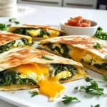 Für diese leckeren Quesadillas brauchen Sie folgende Hauptzutaten: - 4 große Tortillas aus Weizenmehl - 2 Tassen frischer Spinat, grob gehackt - 1 Tasse geriebener Käse, vorzugsweise eine Mischung aus Cheddar und Mozzarella - 4 große Eier - 1/4 Tasse Milch - 1/2 Teelöffel Knoblauchpulver - Salz und Pfeffer nach Geschmack - 1 Esslöffel Olivenöl Diese Zutaten bilden die Basis für eine schmackhafte und nahrhafte Mahlzeit. Der frische Spinat bringt Farbe und Nährstoffe, während der Käse für den köstlichen Geschmack sorgt. Um Ihre Quesadillas noch besser zu machen, können Sie eine Beilage hinzufügen: - Salsa - Sauerrahm - Avocado Diese Optionen bieten zusätzliche Frische und Geschmack. Sie sind auch eine tolle Art, die Quesadillas noch ansprechender zu machen. Die Wahl des Käses ist entscheidend für den Geschmack Ihrer Quesadillas. Hier sind einige tolle Empfehlungen: - Cheddar: Dieser Käse hat einen kräftigen Geschmack. - Mozzarella: Schmilzt gut und sorgt für eine cremige Textur. - Feta: Für einen salzigen, herzhaften Akzent. - Gouda: Gibt einen süßlichen, nussigen Geschmack. Mischen Sie verschiedene Käsesorten für ein noch besseres Ergebnis. Experimentieren Sie und finden Sie Ihre Lieblingskombination! Um die Eimischung zuzubereiten, nehme eine mittelgroße Schüssel. Du schlägst die Eier auf und gibst die Milch dazu. Füge 1/2 Teelöffel Knoblauchpulver, Salz und Pfeffer nach Geschmack hinzu. Rühre alles gut um, bis die Mischung gleichmäßig aussieht. Diese Mischung gibt den Quesadillas einen tollen Geschmack. Erhitze 1 Esslöffel Olivenöl in einer großen Pfanne bei mittlerer Hitze. Gib den grob gehackten Spinat in die Pfanne. Sautiere den Spinat für 2 bis 3 Minuten, bis er zusammenfällt. Das Sautieren bringt den Geschmack des Spinats hervor und macht ihn weich. Nehme die Pfanne vom Herd und gieße die Eimischung über den Spinat. Rühre sanft, bis die Eier cremig und gar sind. Bereite eine saubere Fläche vor und lege die Tortillas aus. Teile die Spinat-Ei-Mischung gleichmäßig auf die Hälften jeder Tortilla. Streue den geriebenen Käse darüber. Klappe die Tortilla-Hälften zusammen. Reinige die Pfanne und stelle sie auf mittlere bis hohe Hitze. Lege die gefüllten Quesadillas in die Pfanne. Brate sie 2 bis 3 Minuten auf jeder Seite, bis sie goldbraun sind und der Käse schmilzt. Nimm die Quesadillas aus der Pfanne und lasse sie kurz abkühlen. Schneide sie dann in Keile und serviere sie schön angerichtet. Um die Quesadillas goldbraun zu braten, verwende mittlere bis hohe Hitze. Erhitze die Pfanne gut, bevor du die Quesadillas hineinlegst. Ein wenig Olivenöl sorgt für eine schöne, knusprige Kruste. Achte darauf, die Quesadillas nicht zu lange zu braten. Wende sie nach 2-3 Minuten, wenn sie schön braun sind. Wenn du keinen frischen Spinat zur Hand hast, kannst du auch gefrorenen Spinat verwenden. Achte darauf, ihn gut abzutropfen, damit die Quesadillas nicht zu nass werden. Andere gute Alternativen sind Grünkohl oder Rucola. Diese geben auch einen tollen Geschmack und sind sehr nahrhaft. Du kannst die Füllung nach deinem Geschmack anpassen. Füge zum Beispiel gewürfelte Paprika oder Zwiebeln hinzu. Wenn du es schärfer magst, probiere Jalapeños oder Chili. Für eine proteinreiche Option kannst du gekochte Hähnchenstücke oder Bohnen einmischen. Lass deiner Kreativität freien Lauf und finde deine perfekte Mischung! {{image_4}} Wenn du eine vegane Version der Quesadillas machen möchtest, ist das ganz einfach. Du kannst die Eier durch eine Mischung aus Seidentofu und etwas Kurkuma ersetzen. Das gibt dir die cremige Textur und die schöne Farbe. Verwende pflanzliche Milch, um die Mischung zu binden. Statt Käse kannst du veganen Käse verwenden oder Nährhefe für einen käsigen Geschmack. Käse ist der Star dieser Quesadillas. Du kannst sicher verschiedene Käsesorten ausprobieren. Cheddar und Mozzarella sind ein guter Start. Probiere auch Gouda oder Feta für einen anderen Geschmack. Eine Mischung aus verschiedenen Käsesorten bringt mehr Tiefe in das Gericht. Sei kreativ und finde deine Lieblingskombination! Wenn du mehr Geschmack und Textur möchtest, füge weitere Füllungen hinzu. Paprika, Zwiebeln oder Pilze sind tolle Optionen. Du kannst auch schwarze Bohnen oder Avocado hinzufügen. Diese Zutaten machen die Quesadillas noch nahrhafter. Denke daran, alles gut zu würzen, um den besten Geschmack zu erzielen. Wenn Sie Quesadillas übrig haben, legen Sie sie in einen luftdichten Behälter. Sie können sie im Kühlschrank aufbewahren. So bleiben sie frisch für etwa drei Tage. Achten Sie darauf, sie gut zu lagern, damit sie nicht austrocknen. Um Quesadillas einzufrieren, lassen Sie sie zuerst abkühlen. Wickeln Sie jede Quesadilla in Frischhaltefolie. Legen Sie die eingewickelten Quesadillas in einen Gefrierbeutel. So halten sie sich bis zu drei Monate im Gefrierfach. Beschriften Sie den Beutel mit dem Datum. Um die Quesadillas aufzuwärmen, nutzen Sie eine Pfanne. Erhitzen Sie sie auf mittlerer Hitze. Braten Sie die Quesadillas etwa 3-4 Minuten auf jeder Seite. So bleiben sie knusprig und der Käse schmilzt gut. Sie können auch die Mikrowelle verwenden, aber die Quesadillas werden nicht knusprig. Ein kurzer Grillgang kann auch helfen, die Quesadillas aufzufrischen. Du kannst die Quesadillas bis zu drei Tage im Kühlschrank aufbewahren. Stelle sicher, dass du sie in einem luftdichten Behälter lagerst. So bleiben sie frisch. Wenn du sie länger aufbewahren möchtest, friere sie einfach ein. So bleiben sie bis zu drei Monate gut. Ja, du kannst die Quesadillas im Voraus zubereiten. Fülle die Tortillas und lege sie in den Kühlschrank. Du kannst sie dann einfach braten, wenn du bereit bist zu essen. Diese Methode spart viel Zeit am Morgen. Wenn du keine Tortillas hast, probiere Fladenbrot oder dünne Crêpes. Du kannst auch Gemüse wie Zucchini oder Auberginen verwenden. Diese Alternativen machen die Quesadillas glutenfrei und lecker. Die Käse-Spinat Frühstück-Quesadillas sind lecker und einfach zu machen. Wir haben die besten Zutaten und Schritte zur Zubereitung besprochen. Mit Tipps für knuspriges Braten und Variationen kannst du sie anpassen. Vergiss nicht, sie richtig zu lagern, damit du sie später genießen kannst. Diese Quesadillas sind eine tolle Wahl für jedes Frühstück. Probiere sie aus und entdecke neue Lieblingskombinationen!