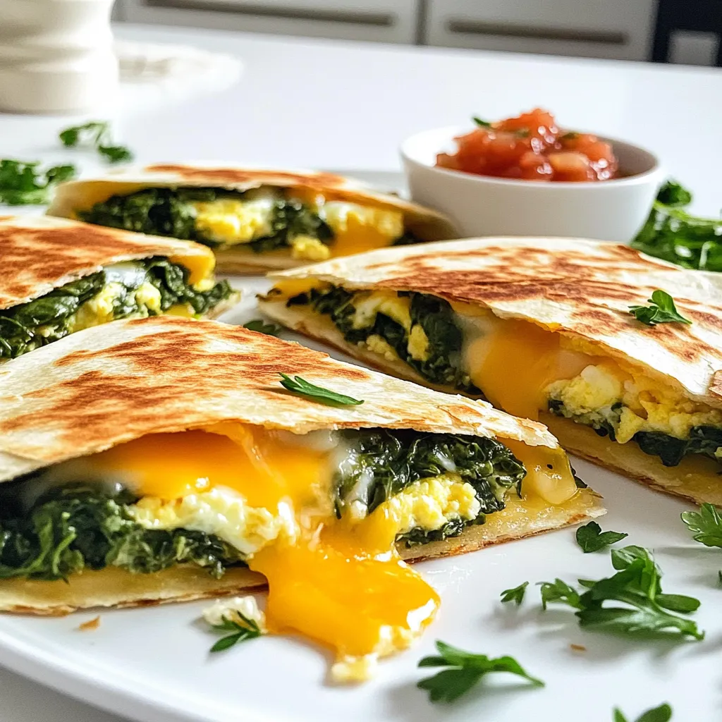 Für diese leckeren Quesadillas brauchen Sie folgende Hauptzutaten: - 4 große Tortillas aus Weizenmehl - 2 Tassen frischer Spinat, grob gehackt - 1 Tasse geriebener Käse, vorzugsweise eine Mischung aus Cheddar und Mozzarella - 4 große Eier - 1/4 Tasse Milch - 1/2 Teelöffel Knoblauchpulver - Salz und Pfeffer nach Geschmack - 1 Esslöffel Olivenöl Diese Zutaten bilden die Basis für eine schmackhafte und nahrhafte Mahlzeit. Der frische Spinat bringt Farbe und Nährstoffe, während der Käse für den köstlichen Geschmack sorgt. Um Ihre Quesadillas noch besser zu machen, können Sie eine Beilage hinzufügen: - Salsa - Sauerrahm - Avocado Diese Optionen bieten zusätzliche Frische und Geschmack. Sie sind auch eine tolle Art, die Quesadillas noch ansprechender zu machen. Die Wahl des Käses ist entscheidend für den Geschmack Ihrer Quesadillas. Hier sind einige tolle Empfehlungen: - Cheddar: Dieser Käse hat einen kräftigen Geschmack. - Mozzarella: Schmilzt gut und sorgt für eine cremige Textur. - Feta: Für einen salzigen, herzhaften Akzent. - Gouda: Gibt einen süßlichen, nussigen Geschmack. Mischen Sie verschiedene Käsesorten für ein noch besseres Ergebnis. Experimentieren Sie und finden Sie Ihre Lieblingskombination! Um die Eimischung zuzubereiten, nehme eine mittelgroße Schüssel. Du schlägst die Eier auf und gibst die Milch dazu. Füge 1/2 Teelöffel Knoblauchpulver, Salz und Pfeffer nach Geschmack hinzu. Rühre alles gut um, bis die Mischung gleichmäßig aussieht. Diese Mischung gibt den Quesadillas einen tollen Geschmack. Erhitze 1 Esslöffel Olivenöl in einer großen Pfanne bei mittlerer Hitze. Gib den grob gehackten Spinat in die Pfanne. Sautiere den Spinat für 2 bis 3 Minuten, bis er zusammenfällt. Das Sautieren bringt den Geschmack des Spinats hervor und macht ihn weich. Nehme die Pfanne vom Herd und gieße die Eimischung über den Spinat. Rühre sanft, bis die Eier cremig und gar sind. Bereite eine saubere Fläche vor und lege die Tortillas aus. Teile die Spinat-Ei-Mischung gleichmäßig auf die Hälften jeder Tortilla. Streue den geriebenen Käse darüber. Klappe die Tortilla-Hälften zusammen. Reinige die Pfanne und stelle sie auf mittlere bis hohe Hitze. Lege die gefüllten Quesadillas in die Pfanne. Brate sie 2 bis 3 Minuten auf jeder Seite, bis sie goldbraun sind und der Käse schmilzt. Nimm die Quesadillas aus der Pfanne und lasse sie kurz abkühlen. Schneide sie dann in Keile und serviere sie schön angerichtet. Um die Quesadillas goldbraun zu braten, verwende mittlere bis hohe Hitze. Erhitze die Pfanne gut, bevor du die Quesadillas hineinlegst. Ein wenig Olivenöl sorgt für eine schöne, knusprige Kruste. Achte darauf, die Quesadillas nicht zu lange zu braten. Wende sie nach 2-3 Minuten, wenn sie schön braun sind. Wenn du keinen frischen Spinat zur Hand hast, kannst du auch gefrorenen Spinat verwenden. Achte darauf, ihn gut abzutropfen, damit die Quesadillas nicht zu nass werden. Andere gute Alternativen sind Grünkohl oder Rucola. Diese geben auch einen tollen Geschmack und sind sehr nahrhaft. Du kannst die Füllung nach deinem Geschmack anpassen. Füge zum Beispiel gewürfelte Paprika oder Zwiebeln hinzu. Wenn du es schärfer magst, probiere Jalapeños oder Chili. Für eine proteinreiche Option kannst du gekochte Hähnchenstücke oder Bohnen einmischen. Lass deiner Kreativität freien Lauf und finde deine perfekte Mischung! {{image_4}} Wenn du eine vegane Version der Quesadillas machen möchtest, ist das ganz einfach. Du kannst die Eier durch eine Mischung aus Seidentofu und etwas Kurkuma ersetzen. Das gibt dir die cremige Textur und die schöne Farbe. Verwende pflanzliche Milch, um die Mischung zu binden. Statt Käse kannst du veganen Käse verwenden oder Nährhefe für einen käsigen Geschmack. Käse ist der Star dieser Quesadillas. Du kannst sicher verschiedene Käsesorten ausprobieren. Cheddar und Mozzarella sind ein guter Start. Probiere auch Gouda oder Feta für einen anderen Geschmack. Eine Mischung aus verschiedenen Käsesorten bringt mehr Tiefe in das Gericht. Sei kreativ und finde deine Lieblingskombination! Wenn du mehr Geschmack und Textur möchtest, füge weitere Füllungen hinzu. Paprika, Zwiebeln oder Pilze sind tolle Optionen. Du kannst auch schwarze Bohnen oder Avocado hinzufügen. Diese Zutaten machen die Quesadillas noch nahrhafter. Denke daran, alles gut zu würzen, um den besten Geschmack zu erzielen. Wenn Sie Quesadillas übrig haben, legen Sie sie in einen luftdichten Behälter. Sie können sie im Kühlschrank aufbewahren. So bleiben sie frisch für etwa drei Tage. Achten Sie darauf, sie gut zu lagern, damit sie nicht austrocknen. Um Quesadillas einzufrieren, lassen Sie sie zuerst abkühlen. Wickeln Sie jede Quesadilla in Frischhaltefolie. Legen Sie die eingewickelten Quesadillas in einen Gefrierbeutel. So halten sie sich bis zu drei Monate im Gefrierfach. Beschriften Sie den Beutel mit dem Datum. Um die Quesadillas aufzuwärmen, nutzen Sie eine Pfanne. Erhitzen Sie sie auf mittlerer Hitze. Braten Sie die Quesadillas etwa 3-4 Minuten auf jeder Seite. So bleiben sie knusprig und der Käse schmilzt gut. Sie können auch die Mikrowelle verwenden, aber die Quesadillas werden nicht knusprig. Ein kurzer Grillgang kann auch helfen, die Quesadillas aufzufrischen. Du kannst die Quesadillas bis zu drei Tage im Kühlschrank aufbewahren. Stelle sicher, dass du sie in einem luftdichten Behälter lagerst. So bleiben sie frisch. Wenn du sie länger aufbewahren möchtest, friere sie einfach ein. So bleiben sie bis zu drei Monate gut. Ja, du kannst die Quesadillas im Voraus zubereiten. Fülle die Tortillas und lege sie in den Kühlschrank. Du kannst sie dann einfach braten, wenn du bereit bist zu essen. Diese Methode spart viel Zeit am Morgen. Wenn du keine Tortillas hast, probiere Fladenbrot oder dünne Crêpes. Du kannst auch Gemüse wie Zucchini oder Auberginen verwenden. Diese Alternativen machen die Quesadillas glutenfrei und lecker. Die Käse-Spinat Frühstück-Quesadillas sind lecker und einfach zu machen. Wir haben die besten Zutaten und Schritte zur Zubereitung besprochen. Mit Tipps für knuspriges Braten und Variationen kannst du sie anpassen. Vergiss nicht, sie richtig zu lagern, damit du sie später genießen kannst. Diese Quesadillas sind eine tolle Wahl für jedes Frühstück. Probiere sie aus und entdecke neue Lieblingskombinationen!