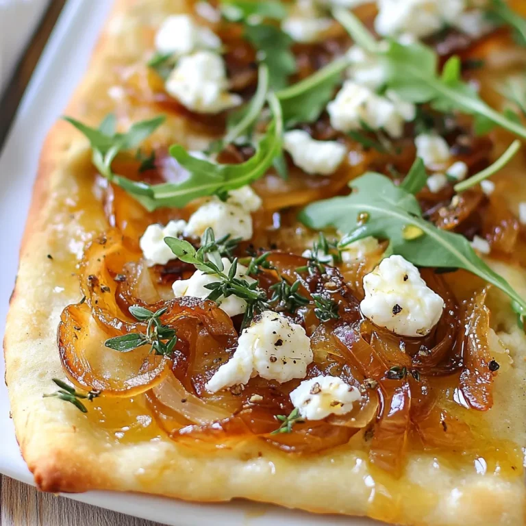 Für unser köstliches Fladenbrot brauchst du: - 1 Fladenbrot, fertig gekauft oder selbst gemacht (ca. 30 cm) - 2 große Zwiebeln, hauchdünn geschnitten - 2 Esslöffel Olivenöl - 1 Teelöffel Balsamico-Essig - 115 Gramm Ziegenkäse, zerbröselt - 1 Tasse frischer Rucola - 1 Esslöffel Honig - Salz und Pfeffer nach Geschmack - Frische Thymianblätter zum Garnieren (optional) Diese Zutaten bringen einen tollen Geschmack. Die Zwiebeln sind die Stars des Gerichts. Sie machen das Fladenbrot süß und herzhaft. Um die Zwiebeln perfekt zu karamelisieren, folge diesen Schritten: 1. Erhitze das Olivenöl in einer großen Pfanne bei mittlerer Hitze. 2. Wenn das Öl heiß ist, füge die geschnittenen Zwiebeln hinzu. 3. Würze sie mit einer Prise Salz und Pfeffer. 4. Lass die Zwiebeln für etwa 20-25 Minuten garen. Rühre sie gelegentlich um. 5. Falls nötig, reduziere die Hitze, um ein Anbrennen zu vermeiden. 6. Gib den Balsamico-Essig dazu und rühre alles gut durch. 7. Lass die Mischung weitere 2 Minuten köcheln, dann nimm die Pfanne von der Hitze. Die Zwiebeln sollen weich und goldbraun sein. Diese Schritte machen sie süß und köstlich. Für dieses Rezept benötigst du: - Eine große Pfanne - Ein Backblech - Ein scharfes Messer - Ein Schneidebrett - Löffel zum Rühren Diese Utensilien helfen dir, die Zwiebeln zu braten und das Fladenbrot zu backen. Halte alles bereit, damit der Kochprozess einfach und schnell geht. {{ingredient_image_2}} Zuerst musst du alle Zutaten bereitstellen. Du brauchst: - 1 Fladenbrot, fertig gekauft oder selbst gemacht (ca. 30 cm) - 2 große Zwiebeln, hauchdünn geschnitten - 2 Esslöffel Olivenöl - 1 Teelöffel Balsamico-Essig - 115 Gramm Ziegenkäse, zerbröselt - 1 Tasse frischer Rucola - 1 Esslöffel Honig - Salz und Pfeffer nach Geschmack - Frische Thymianblätter zum Garnieren (optional) Stelle sicher, dass du alles in Reichweite hast. So geht es schneller. Erhitze das Olivenöl in einer großen Pfanne bei mittlerer Hitze. Wenn das Öl heiß ist, füge die geschnittenen Zwiebeln hinzu. Würze sie mit einer Prise Salz und Pfeffer. Lasse die Zwiebeln für etwa 20 bis 25 Minuten garen. Rühre sie gelegentlich um, damit sie gleichmäßig weich werden. Wenn sie anfangen zu bräunen, reduziere die Hitze. Das verhindert ein Anbrennen. Nach 25 Minuten gib den Balsamico-Essig dazu und rühre alles gut durch. Lass die Mischung noch zwei Minuten köcheln. Danach nimm die Pfanne von der Hitze. Heize den Ofen auf 200°C vor. Lege das Fladenbrot auf ein Backblech. Verteile die karamellisierten Zwiebeln gleichmäßig darauf. Streue dann den zerbröselten Ziegenkäse darüber. Backe das Fladenbrot im vorgeheizten Ofen für etwa 10 bis 12 Minuten. Das Brot sollte knusprig und der Käse leicht geschmolzen sein. Nimm das Fladenbrot aus dem Ofen und träufle den Honig gleichmäßig darüber. Belege es mit frischem Rucola. Garnieren kannst du es optional mit Thymianblättern. Schneide das Fladenbrot in Stücke und serviere es warm. Karamellisierte Zwiebeln sind der Schlüssel zu diesem Gericht. Hier sind ein paar Tipps: - Wähle große, süße Zwiebeln. Sie geben den besten Geschmack. - Schneide die Zwiebeln gleichmäßig. So garen sie gleichmäßig. - Erhitze das Olivenöl langsam. Ein sanftes Garen gibt der Zwiebel Zeit, süß zu werden. - Rühre die Zwiebeln oft um. So vermeidest du, dass sie anbrennen. - Füge etwas Zucker hinzu, wenn du mehr Süße willst. Ein Teelöffel reicht oft aus. - Geduld ist wichtig. Lass die Zwiebeln mindestens 20 Minuten garen. Ziegenkäse ist cremig und hat einen tollen Geschmack. Hast du keinen? Hier sind Alternativen: - Feta-Käse ist eine gute Wahl. Er hat einen salzigen Geschmack. - Ricotta ist weich und mild. Er passt gut zu den Zwiebeln. - Brie-Käse ist cremig und schmilzt schön. Er gibt einen reichen Geschmack. - Veganer Käse kann auch funktionieren, wenn du eine pflanzliche Option suchst. Das Fladenbrot ist vielseitig. Hier sind einige Kombinationen, die du ausprobieren kannst: - Serviere es als Vorspeise bei einem Abendessen. Es passt gut zu Wein. - Füge frische Tomaten oder Paprika für einen bunten Look hinzu. - Ein Spritzer Zitronensaft kann den Geschmack auffrischen. - Für mehr Crunch, streue geröstete Nüsse oder Samen darüber. - Kombiniere es mit einer frischen Salatbeilage. Rucola mit Balsamico-Dressing passt perfekt. Pro Tipps Zwiebeln gut schneiden: Je dünner die Zwiebeln geschnitten sind, desto gleichmäßiger karamellisieren sie und entwickeln einen besseren Geschmack. Balsamico-Essig richtig verwenden: Achte darauf, den Balsamico-Essig erst gegen Ende des Karamellisierens hinzuzufügen, um den vollen Geschmack zu bewahren. Rucola frisch halten: Gib den Rucola erst kurz vor dem Servieren auf das Fladenbrot, damit er schön frisch und knackig bleibt. Variationen ausprobieren: Du kannst auch andere Käsesorten wie Feta oder Mozzarella verwenden, um verschiedene Geschmäcker zu kreieren. {{image_4}} Du kannst dieses Fladenbrot leicht anpassen. Um es vegetarisch zu machen, lasse den Honig weg oder ersetze ihn durch einen pflanzlichen Sirup. Für vegane Varianten, tausche den Ziegenkäse gegen einen veganen Käse. Es gibt viele leckere Alternativen auf Basis von Nüssen oder Soja. Diese sorgen für einen tollen Geschmack und eine cremige Textur. Füge weitere Zutaten hinzu, um das Fladenbrot interessanter zu machen. Gegrillte Paprika oder frische Tomaten passen gut. Auch Oliven oder Artischocken können eine tolle Ergänzung sein. Frische Kräuter wie Basilikum oder Oregano verleihen dem Gericht mehr Aroma. Experimentiere mit verschiedenen Kombinationen, um deinen eigenen Favoriten zu finden. Das Rezept funktioniert mit verschiedenen Brotsorten. Du kannst Fladenbrot, Pita oder sogar ein dünnes Pizza-Brot verwenden. Jedes Brot bringt einen eigenen Charakter mit. Probiere auch ein Vollkornbrot für einen nussigen Geschmack. Achte darauf, dass das Brot die Füllung gut hält und nicht durchweicht. Um übrig gebliebenes Fladenbrot frisch zu halten, lege es in einen luftdichten Behälter. Wenn du keinen Behälter hast, wickel das Brot in Frischhaltefolie. So bleibt es weich und lecker. Lagere es bei Raumtemperatur. Vermeide den Kühlschrank, da das Brot dort schneller austrocknet. Wenn du das Fladenbrot länger aufbewahren willst, friere es ein. Schneide das Brot in Stücke, bevor du es einfrierst. Lege die Stücke in einen gefrierfesten Beutel. Wenn du es aufwärmen möchtest, lasse es zuerst im Kühlschrank auftauen. Danach backe es bei 180°C für etwa 5-8 Minuten. So wird das Brot knusprig und frisch. Die Haltbarkeit der Zutaten ist wichtig. Zwiebeln halten sich bei kühler Lagerung bis zu zwei Wochen. Ziegenkäse bleibt im Kühlschrank etwa eine Woche frisch. Rucola schmeckt am besten frisch, also verbrauche ihn innerhalb von drei bis fünf Tagen. Honig kann fast unbegrenzt haltbar sein. Diese Tipps helfen dir, die besten Zutaten zu nutzen. Du kannst das Fladenbrot bis zu drei Tage im Kühlschrank aufbewahren. Stelle sicher, dass du es in einem luftdichten Behälter lagerst. So bleibt es frisch. Wenn du das Fladenbrot wieder aufwärmen möchtest, lege es einfach in den Ofen. Bei 180°C wird es knusprig und lecker. Ja, du kannst das Fladenbrot ohne Balsamico-Essig zubereiten. Der Essig gibt jedoch einen tollen Geschmack. Wenn du ihn weglässt, probiere etwas Zitronensaft oder Apfelessig. Diese Alternativen bringen auch eine schöne Säure in das Gericht. Wenn du keinen Rucola hast, gibt es viele Alternativen. Du kannst frischen Spinat, Feldsalat oder sogar gemischte Salate verwenden. Diese Optionen bringen frische Aromen und eine schöne Textur auf dein Fladenbrot. Das Fladenbrot ist einfach zuzubereiten und vielseitig. Wir haben die Hauptzutaten und die Zubereitung der karamellisierten Zwiebeln besprochen. Du kennst jetzt alle Schritte vom Vorbereiten bis zum Backen. Zudem habe ich wertvolle Tipps für die perfekten Zwiebeln gegeben und verschiedene Variationen vorgestellt. Achte auf die richtigen Lagerungshinweise, um das Fladenbrot frisch zu halten. Experimentiere mit den vorgeschlagenen Alternativen und entdecke neue Geschmackskombinationen. Viel Spaß beim Kochen und Genießen!