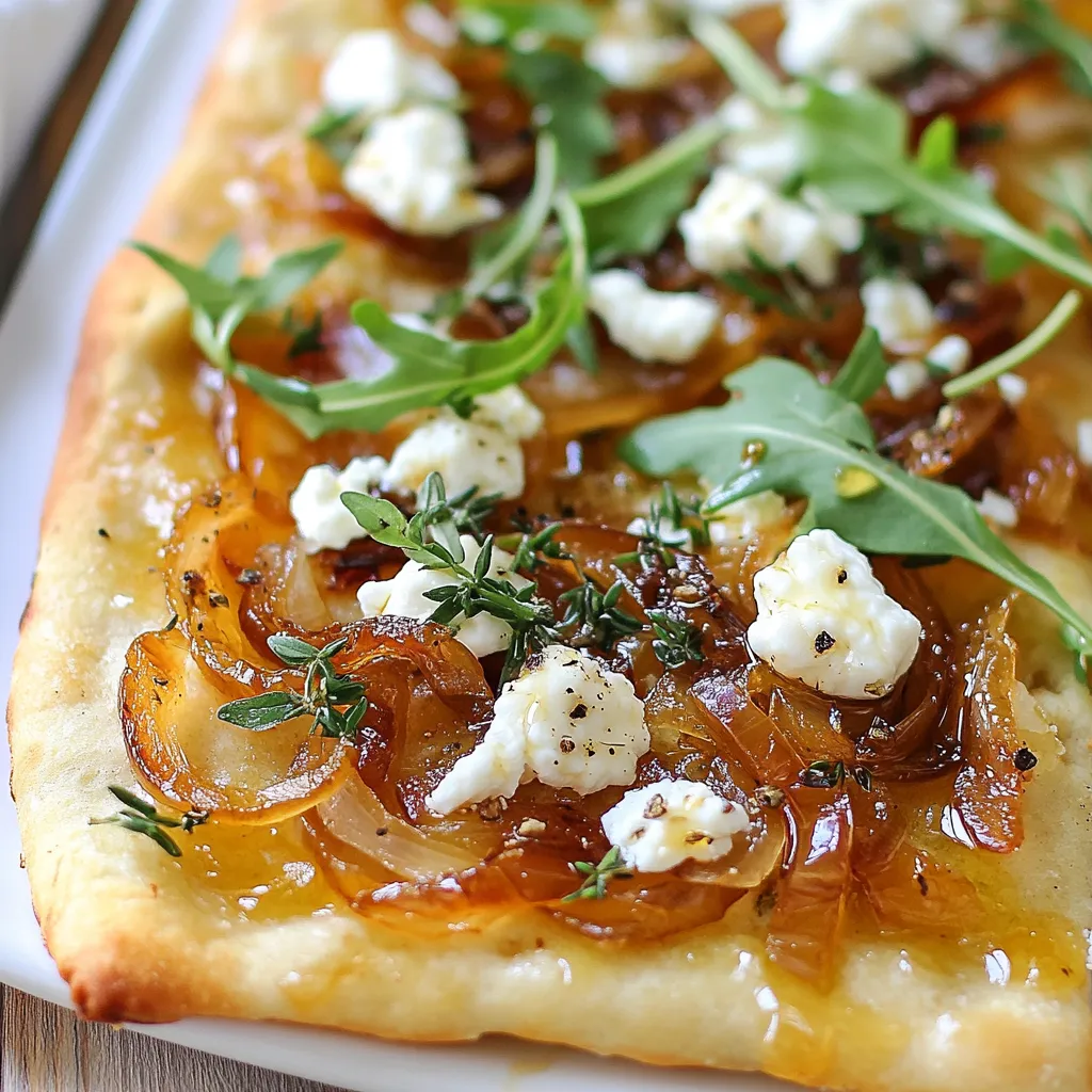 Für unser köstliches Fladenbrot brauchst du: - 1 Fladenbrot, fertig gekauft oder selbst gemacht (ca. 30 cm) - 2 große Zwiebeln, hauchdünn geschnitten - 2 Esslöffel Olivenöl - 1 Teelöffel Balsamico-Essig - 115 Gramm Ziegenkäse, zerbröselt - 1 Tasse frischer Rucola - 1 Esslöffel Honig - Salz und Pfeffer nach Geschmack - Frische Thymianblätter zum Garnieren (optional) Diese Zutaten bringen einen tollen Geschmack. Die Zwiebeln sind die Stars des Gerichts. Sie machen das Fladenbrot süß und herzhaft. Um die Zwiebeln perfekt zu karamelisieren, folge diesen Schritten: 1. Erhitze das Olivenöl in einer großen Pfanne bei mittlerer Hitze. 2. Wenn das Öl heiß ist, füge die geschnittenen Zwiebeln hinzu. 3. Würze sie mit einer Prise Salz und Pfeffer. 4. Lass die Zwiebeln für etwa 20-25 Minuten garen. Rühre sie gelegentlich um. 5. Falls nötig, reduziere die Hitze, um ein Anbrennen zu vermeiden. 6. Gib den Balsamico-Essig dazu und rühre alles gut durch. 7. Lass die Mischung weitere 2 Minuten köcheln, dann nimm die Pfanne von der Hitze. Die Zwiebeln sollen weich und goldbraun sein. Diese Schritte machen sie süß und köstlich. Für dieses Rezept benötigst du: - Eine große Pfanne - Ein Backblech - Ein scharfes Messer - Ein Schneidebrett - Löffel zum Rühren Diese Utensilien helfen dir, die Zwiebeln zu braten und das Fladenbrot zu backen. Halte alles bereit, damit der Kochprozess einfach und schnell geht. {{ingredient_image_2}} Zuerst musst du alle Zutaten bereitstellen. Du brauchst: - 1 Fladenbrot, fertig gekauft oder selbst gemacht (ca. 30 cm) - 2 große Zwiebeln, hauchdünn geschnitten - 2 Esslöffel Olivenöl - 1 Teelöffel Balsamico-Essig - 115 Gramm Ziegenkäse, zerbröselt - 1 Tasse frischer Rucola - 1 Esslöffel Honig - Salz und Pfeffer nach Geschmack - Frische Thymianblätter zum Garnieren (optional) Stelle sicher, dass du alles in Reichweite hast. So geht es schneller. Erhitze das Olivenöl in einer großen Pfanne bei mittlerer Hitze. Wenn das Öl heiß ist, füge die geschnittenen Zwiebeln hinzu. Würze sie mit einer Prise Salz und Pfeffer. Lasse die Zwiebeln für etwa 20 bis 25 Minuten garen. Rühre sie gelegentlich um, damit sie gleichmäßig weich werden. Wenn sie anfangen zu bräunen, reduziere die Hitze. Das verhindert ein Anbrennen. Nach 25 Minuten gib den Balsamico-Essig dazu und rühre alles gut durch. Lass die Mischung noch zwei Minuten köcheln. Danach nimm die Pfanne von der Hitze. Heize den Ofen auf 200°C vor. Lege das Fladenbrot auf ein Backblech. Verteile die karamellisierten Zwiebeln gleichmäßig darauf. Streue dann den zerbröselten Ziegenkäse darüber. Backe das Fladenbrot im vorgeheizten Ofen für etwa 10 bis 12 Minuten. Das Brot sollte knusprig und der Käse leicht geschmolzen sein. Nimm das Fladenbrot aus dem Ofen und träufle den Honig gleichmäßig darüber. Belege es mit frischem Rucola. Garnieren kannst du es optional mit Thymianblättern. Schneide das Fladenbrot in Stücke und serviere es warm. Karamellisierte Zwiebeln sind der Schlüssel zu diesem Gericht. Hier sind ein paar Tipps: - Wähle große, süße Zwiebeln. Sie geben den besten Geschmack. - Schneide die Zwiebeln gleichmäßig. So garen sie gleichmäßig. - Erhitze das Olivenöl langsam. Ein sanftes Garen gibt der Zwiebel Zeit, süß zu werden. - Rühre die Zwiebeln oft um. So vermeidest du, dass sie anbrennen. - Füge etwas Zucker hinzu, wenn du mehr Süße willst. Ein Teelöffel reicht oft aus. - Geduld ist wichtig. Lass die Zwiebeln mindestens 20 Minuten garen. Ziegenkäse ist cremig und hat einen tollen Geschmack. Hast du keinen? Hier sind Alternativen: - Feta-Käse ist eine gute Wahl. Er hat einen salzigen Geschmack. - Ricotta ist weich und mild. Er passt gut zu den Zwiebeln. - Brie-Käse ist cremig und schmilzt schön. Er gibt einen reichen Geschmack. - Veganer Käse kann auch funktionieren, wenn du eine pflanzliche Option suchst. Das Fladenbrot ist vielseitig. Hier sind einige Kombinationen, die du ausprobieren kannst: - Serviere es als Vorspeise bei einem Abendessen. Es passt gut zu Wein. - Füge frische Tomaten oder Paprika für einen bunten Look hinzu. - Ein Spritzer Zitronensaft kann den Geschmack auffrischen. - Für mehr Crunch, streue geröstete Nüsse oder Samen darüber. - Kombiniere es mit einer frischen Salatbeilage. Rucola mit Balsamico-Dressing passt perfekt. Pro Tipps Zwiebeln gut schneiden: Je dünner die Zwiebeln geschnitten sind, desto gleichmäßiger karamellisieren sie und entwickeln einen besseren Geschmack. Balsamico-Essig richtig verwenden: Achte darauf, den Balsamico-Essig erst gegen Ende des Karamellisierens hinzuzufügen, um den vollen Geschmack zu bewahren. Rucola frisch halten: Gib den Rucola erst kurz vor dem Servieren auf das Fladenbrot, damit er schön frisch und knackig bleibt. Variationen ausprobieren: Du kannst auch andere Käsesorten wie Feta oder Mozzarella verwenden, um verschiedene Geschmäcker zu kreieren. {{image_4}} Du kannst dieses Fladenbrot leicht anpassen. Um es vegetarisch zu machen, lasse den Honig weg oder ersetze ihn durch einen pflanzlichen Sirup. Für vegane Varianten, tausche den Ziegenkäse gegen einen veganen Käse. Es gibt viele leckere Alternativen auf Basis von Nüssen oder Soja. Diese sorgen für einen tollen Geschmack und eine cremige Textur. Füge weitere Zutaten hinzu, um das Fladenbrot interessanter zu machen. Gegrillte Paprika oder frische Tomaten passen gut. Auch Oliven oder Artischocken können eine tolle Ergänzung sein. Frische Kräuter wie Basilikum oder Oregano verleihen dem Gericht mehr Aroma. Experimentiere mit verschiedenen Kombinationen, um deinen eigenen Favoriten zu finden. Das Rezept funktioniert mit verschiedenen Brotsorten. Du kannst Fladenbrot, Pita oder sogar ein dünnes Pizza-Brot verwenden. Jedes Brot bringt einen eigenen Charakter mit. Probiere auch ein Vollkornbrot für einen nussigen Geschmack. Achte darauf, dass das Brot die Füllung gut hält und nicht durchweicht. Um übrig gebliebenes Fladenbrot frisch zu halten, lege es in einen luftdichten Behälter. Wenn du keinen Behälter hast, wickel das Brot in Frischhaltefolie. So bleibt es weich und lecker. Lagere es bei Raumtemperatur. Vermeide den Kühlschrank, da das Brot dort schneller austrocknet. Wenn du das Fladenbrot länger aufbewahren willst, friere es ein. Schneide das Brot in Stücke, bevor du es einfrierst. Lege die Stücke in einen gefrierfesten Beutel. Wenn du es aufwärmen möchtest, lasse es zuerst im Kühlschrank auftauen. Danach backe es bei 180°C für etwa 5-8 Minuten. So wird das Brot knusprig und frisch. Die Haltbarkeit der Zutaten ist wichtig. Zwiebeln halten sich bei kühler Lagerung bis zu zwei Wochen. Ziegenkäse bleibt im Kühlschrank etwa eine Woche frisch. Rucola schmeckt am besten frisch, also verbrauche ihn innerhalb von drei bis fünf Tagen. Honig kann fast unbegrenzt haltbar sein. Diese Tipps helfen dir, die besten Zutaten zu nutzen. Du kannst das Fladenbrot bis zu drei Tage im Kühlschrank aufbewahren. Stelle sicher, dass du es in einem luftdichten Behälter lagerst. So bleibt es frisch. Wenn du das Fladenbrot wieder aufwärmen möchtest, lege es einfach in den Ofen. Bei 180°C wird es knusprig und lecker. Ja, du kannst das Fladenbrot ohne Balsamico-Essig zubereiten. Der Essig gibt jedoch einen tollen Geschmack. Wenn du ihn weglässt, probiere etwas Zitronensaft oder Apfelessig. Diese Alternativen bringen auch eine schöne Säure in das Gericht. Wenn du keinen Rucola hast, gibt es viele Alternativen. Du kannst frischen Spinat, Feldsalat oder sogar gemischte Salate verwenden. Diese Optionen bringen frische Aromen und eine schöne Textur auf dein Fladenbrot. Das Fladenbrot ist einfach zuzubereiten und vielseitig. Wir haben die Hauptzutaten und die Zubereitung der karamellisierten Zwiebeln besprochen. Du kennst jetzt alle Schritte vom Vorbereiten bis zum Backen. Zudem habe ich wertvolle Tipps für die perfekten Zwiebeln gegeben und verschiedene Variationen vorgestellt. Achte auf die richtigen Lagerungshinweise, um das Fladenbrot frisch zu halten. Experimentiere mit den vorgeschlagenen Alternativen und entdecke neue Geschmackskombinationen. Viel Spaß beim Kochen und Genießen!
