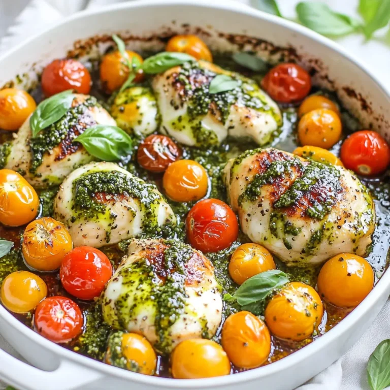 - 2 Hähnchenbrustfilets, ohne Knochen und Haut - 120 ml selbstgemachtes oder gekauftes Basilikum-Pesto - 150 g Kirschtomaten, halbiert - 150 g Mozzarella-Bällchen (Bocconcini), abgetropft - 2 Esslöffel Olivenöl - 2 Knoblauchzehen, fein gehackt - Salz und Pfeffer nach Geschmack - Frische Basilikumblätter - Balsamico-Glasur zum Beträufeln Ich liebe es, frische, einfache Zutaten zu verwenden. Hähnchenbrustfilets sind perfekt für dieses Gericht. Sie sind leicht und garten schnell. Basilikum-Pesto bringt viel Geschmack. Du kannst es selbst machen oder kaufen. Kirschtomaten sind süß und saftig. Sie geben dem Gericht eine schöne Farbe. Mozzarella-Bällchen sind cremig und schmelzen gut. Sie machen das Gericht besonders lecker. Die Gewürze sind wichtig. Olivenöl sorgt für eine schöne Bräunung. Knoblauch gibt ein tolles Aroma. Salz und Pfeffer bringen alles zusammen. Die Garnierungen sind das i-Tüpfelchen. Frische Basilikumblätter machen das Gericht frisch und bunt. Balsamico-Glasur fügt eine süße Note hinzu. Sie hebt die Aromen hervor und macht das Gericht besonders. Mit diesen Zutaten hast du alles, was du brauchst, um eine köstliche Pesto Chicken Caprese Skillet zu zaubern! {{ingredient_image_2}} Zuerst würze die Hähnchenbrustfilets mit Salz und Pfeffer. Achte darauf, dass du beide Seiten gut würzt. Das bringt viel Geschmack. Erhitze dann das Olivenöl in einer großen Pfanne bei mittlerer Hitze. Lege die Hähnchenbrust in die Pfanne und brate sie an. Während das Hähnchen brät, hacke den Knoblauch und halbiere die Kirschtomaten. Bereite alles vor, damit du schnell weiterarbeiten kannst. Brate das Hähnchen für etwa 5 bis 7 Minuten auf jeder Seite. Es sollte goldbraun sein und eine Innentemperatur von 75°C erreichen. Ein Fleischthermometer hilft hier sehr. Wenn das Hähnchen gar ist, nimm es aus der Pfanne und lasse es auf einem Schneidebrett ruhen. So bleibt es saftig. Jetzt kommt die spannende Phase! Gib den gehackten Knoblauch und die halbierten Kirschtomaten in die Pfanne. Brate sie für etwa 2 Minuten an. Die Tomaten sollten weich werden. Schneide das Hähnchen in Streifen und gib es zurück in die Pfanne. Füge jetzt das Basilikum-Pesto hinzu und rühre alles gut um. Lass es für 2 bis 3 Minuten zusammen garen. Zuletzt gib die Mozzarella-Bällchen dazu. Rühre vorsichtig, damit sie warm werden und leicht schmelzen. Nimm die Pfanne vom Herd und garniere das Gericht mit frischen Basilikumblättern. Ein Spritzer Balsamico-Glasur verleiht dem Ganzen das gewisse Etwas. Serviere das Gericht heiß direkt aus der Pfanne. Es sieht toll aus und schmeckt fantastisch! Die Innentemperatur ist wichtig. Hähnchen sollte 75°C erreichen. So bleibt es saftig. Wenn du es überkochst, wird es trocken. Um das Austrocknen zu vermeiden, lasse das Hähnchen nach dem Garen ruhen. Das hilft, Säfte zu halten. Du kannst frisches Pesto oder gekauftes verwenden. Frisches Pesto hat oft besseren Geschmack. Wenn du Zeit sparen willst, ist gekauftes Pesto eine gute Wahl. Außerdem kannst du andere Kräuter wie Petersilie oder Rucola verwenden. Das gibt dem Gericht eine neue Note. Es gibt zwei Hauptarten von Mozzarella: frisch und fester. Frischer Mozzarella schmilzt leicht und hat einen tollen Geschmack. Fester Mozzarella ist besser für Salate. Bei diesem Rezept empfehle ich frische Mozzarella-Bällchen. Sie schmelzen gut und passen perfekt zu dem Pesto. Pro Tipps Hähnchen marinieren: Marinieren Sie die Hähnchenbrustfilets mindestens 30 Minuten vor dem Kochen in Pesto, um den Geschmack zu intensivieren. Frische Kräuter verwenden: Frische Basilikumblätter verbessern den Geschmack erheblich. Fügen Sie sie erst kurz vor dem Servieren hinzu, um ihre Frische zu bewahren. Optimaler Käse: Verwenden Sie frische Mozzarella-Bällchen für eine cremige Textur. Wenn möglich, wählen Sie Büffelmozzarella für einen intensiveren Geschmack. Balsamico-Glasur selbst machen: Eine einfache Balsamico-Glasur kann durch Einkochen von Balsamico-Essig hergestellt werden. Das verleiht Ihrem Gericht eine süße Note. {{image_4}} Wenn du kein Hähnchen magst, probiere Tofu oder Tempeh. Diese Optionen sind proteinreich und nehmen den Geschmack des Pestos gut auf. Schneide sie in Würfel und brate sie genauso wie das Hähnchen an. Das sorgt für eine leckere Textur und Geschmack. Du kannst auch mehr Gemüse hinzufügen. Zucchini, Paprika oder Spinat sind gute Ideen. Diese Gemüsesorten bringen Farbe und Nährstoffe in dein Gericht. Schneide sie klein und füge sie zusammen mit dem Knoblauch in die Pfanne. Sie garen schnell und machen das Essen noch besser. Für mehr Geschmack kannst du zusätzliche Kräuter oder Gewürze nutzen. Oregano oder Thymian passen gut zu Pesto. Ein Hauch von rotem Pfeffer bringt Schärfe. Experimentiere mit deinen Lieblingsgewürzen, um das Gericht zu verfeinern. So wird jedes Mal eine neue Geschmackserfahrung geboten. Du kannst Pesto Chicken Caprese Skillet leicht lagern. Im Kühlschrank hält es etwa 3 Tage. Stelle sicher, dass du es in einem luftdichten Behälter aufbewahrst. Wenn du es länger aufbewahren möchtest, friere es ein. Im Gefrierschrank bleibt es bis zu 3 Monate frisch. Achte darauf, das Gericht in Portionen zu teilen. So taust du nur die Menge auf, die du brauchst. Beim Aufwärmen hast du zwei gute Optionen: die Mikrowelle oder die Pfanne. In der Mikrowelle erhitzt du es schnell, aber die Textur kann sich ändern. Für die Pfanne erhitzt das Gericht gleichmäßig. Du kannst es bei mittlerer Hitze für 5-7 Minuten aufwärmen. So bleibt das Hähnchen saftig und der Käse schmilzt schön. Die Frische der Zutaten ist wichtig. Achte darauf, frische Hähnchenbrust zu verwenden. Kaufe die Kirschtomaten und Mozzarella möglichst kurz vor der Zubereitung. Wenn du Basilikum-Pesto verwendest, prüfe das Haltbarkeitsdatum. Selbstgemachtes Pesto hält sich im Kühlschrank etwa eine Woche. Lagere frische Basilikumblätter in einem Glas Wasser, um sie länger frisch zu halten. Die Zubereitung des Pesto Chicken Caprese Skillet dauert insgesamt etwa 30 Minuten. Du benötigst 10 Minuten für die Vorbereitung und 20 Minuten zum Kochen. Diese Zeit ist schnell um, und du hast ein köstliches Gericht auf dem Tisch. Ja, du kannst das Rezept im Voraus zubereiten. Bereite das Hähnchen und das Pesto im Voraus vor. Du kannst die Hähnchenbrust auch schon anbraten und dann im Kühlschrank aufbewahren. Wenn du bereit bist, das Gericht zu servieren, erwärmst du alles in der Pfanne. So sparst du Zeit, wenn Gäste kommen. Du kannst verschiedene Beilagen zu diesem Gericht servieren. Ein frischer gemischter Salat passt sehr gut dazu. Auch knuspriges Baguette oder ein einfaches Reisgericht sind tolle Optionen. Wenn du etwas Gemüse hinzufügen möchtest, probiere gedünstete grüne Bohnen oder Zucchini. Diese Beilagen ergänzen die Aromen des Pesto Chicken Caprese Skillet perfekt. Zusammenfassend haben wir die Zutaten für das Pesto Chicken Caprese Skillet besprochen. Wir haben die Hauptzutaten, Gewürze und Garnierungen betrachtet. Ich habe auch die Schritte zur Zubereitung klar gemacht, damit du es spielend leicht nachkochen kannst. Tipps zur perfekten Garzeit und möglichen Variationen helfen dir, das Gericht anzupassen. Lagerhinweise garantieren frische Lebensmittel und einfache Aufbewahrung. Du kannst jetzt kochen und deine eigene Variante kreieren. Viel Spaß beim Ausprobieren!