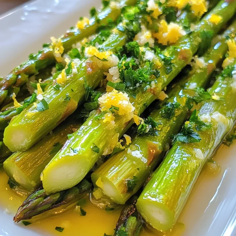 Für dieses köstliche Gericht brauchen Sie nur einige einfache Zutaten. Hier sind die Hauptzutaten: - 450 g frischer Spargel, enden entfernt - 3 Esslöffel Olivenöl - 4 Knoblauchzehen, fein gehackt - Schale von 1 Zitrone - 2 Esslöffel frischer Zitronensaft - 1 Teelöffel Meersalz - 1/2 Teelöffel schwarzer Pfeffer - 1/4 Teelöffel rote Pfefferflocken (optional) - 2 Esslöffel geriebener Parmesan (optional) - Frische Petersilie, gehackt, zum Garnieren Frischer Spargel ist der Schlüssel zu diesem Rezept. Suchen Sie nach festen, grünen Stangen. Die Spitzen sollten dicht geschlossen sein. Wenn die Stangen schlaff oder braun sind, sind sie nicht frisch. Lagern Sie den Spargel im Kühlschrank, in einem feuchten Tuch, um ihn frisch zu halten. Achten Sie beim Kauf von Olivenöl auf hohe Qualität. Extra natives Olivenöl hat den besten Geschmack. Für den Knoblauch verwenden Sie frische Zehen, um das beste Aroma zu erhalten. Lagern Sie Zitronen an einem kühlen, trockenen Ort. So bleiben sie länger frisch. Parmesan sollte im Kühlschrank aufbewahrt werden. Wenn Sie ihn reiben, wird er besser schmelzen und mehr Geschmack abgeben. {{ingredient_image_2}} Heizen Sie zuerst Ihren Ofen auf 220 °C vor. Das ist wichtig, um den Spargel gleichmäßig zu rösten. Nehmen Sie dann 450 g frischen Spargel. Schneiden Sie die Enden ab, da sie hart sein können. Legen Sie den Spargel in eine große Rührschüssel. In einer kleinen Schüssel mischen Sie 3 Esslöffel Olivenöl, 4 fein gehackte Knoblauchzehen, die Schale einer Zitrone und 2 Esslöffel frischen Zitronensaft. Fügen Sie 1 Teelöffel Meersalz und 1/2 Teelöffel schwarzen Pfeffer hinzu. Wenn Sie es scharf mögen, können Sie auch 1/4 Teelöffel rote Pfefferflocken einfügen. Rühren Sie alles gut um, bis die Mischung gleichmäßig ist. Gießen Sie die Zitronen-Knoblauch-Mischung über den Spargel. Werfen Sie alles vorsichtig, damit der Spargel gut bedeckt ist. Verteilen Sie den Spargel auf ein mit Backpapier ausgelegtes Backblech. Rösten Sie den Spargel im Ofen für 12-15 Minuten. Er sollte zart und an den Spitzen leicht knusprig sein. Wenn Sie Parmesan verwenden, streuen Sie 2 Esslöffel geriebenen Parmesan in den letzten 2 Minuten der Röstzeit über den Spargel. Nehmen Sie das Blech dann aus dem Ofen und garnieren Sie den Spargel mit frischer Petersilie. Ein häufiger Fehler ist, den Spargel nicht gut zu waschen. Schmutz kann den Geschmack ruinieren. Achte darauf, die Enden des Spargels abzuschneiden. Diese Teile sind oft hart und ungenießbar. Außerdem, zu viel Öl kann das Gericht fettig machen. Halte dich an die Mengenvorgaben im Rezept. Um die besten Röstaromen zu schaffen, heize deinen Ofen gut vor. 220 °C sind ideal. Lege den Spargel gleichmäßig auf das Blech. Wenn du ihn überlappst, wird er nicht gleichmäßig gar. Röstzeit ist wichtig. 12 bis 15 Minuten sollten reichen. Wenn du Parmesan nutzt, füge ihn in den letzten 2 Minuten hinzu. So schmilzt er perfekt. Du kannst das Rezept leicht anpassen. Probiere andere Kräuter wie Thymian oder Rosmarin. Diese geben einen neuen Geschmack. Für mehr Schärfe füge frischen Chili hinzu. Wenn du es süß magst, verwende Honig oder Ahornsirup. Diese Varianten machen dein Gericht einzigartig und spannend. Pro Tipps Frischer Spargel: Wählen Sie frischen Spargel mit festen und knackigen Stängeln für den besten Geschmack und die beste Textur. Knoblauch richtig hacken: Hacke den Knoblauch fein, um sicherzustellen, dass der Geschmack gleichmäßig verteilt wird und nicht anbrennt. Parmesan-Option: Für einen intensiveren Geschmack können Sie auch einen gereiften Parmesan verwenden, der reichhaltiger und aromatischer ist. Garnierung: Verwenden Sie frische Kräuter wie Petersilie oder Basilikum, um das Gericht lebendiger und geschmackvoller zu gestalten. {{image_4}} Wenn Sie den Geschmack von Zitronen-Knoblauch-geröstetem Spargel ändern möchten, probieren Sie frische Kräuter. Rosmarin oder Thymian passen gut. Sie geben dem Spargel ein neues Aroma. Auch geräucherter Paprika kann einen tollen Kick bringen. Wenn Sie es schärfer mögen, fügen Sie mehr rote Pfefferflocken hinzu. Diese kleinen Änderungen machen das Gericht spannend. Spargel ist eine tolle Beilage. Er passt gut zu gegrilltem Hähnchen oder Fisch. Sie können auch einen frischen Salat dazu servieren. Eine Mischung aus Rucola und Spinat bringt Frische. Wenn Sie etwas Herzhaftes wollen, probieren Sie Quinoa oder Reis. Diese Beilagen sind einfach zuzubereiten und machen das Essen bunt. Dieses Rezept ist leicht vegan und glutenfrei. Lassen Sie den Parmesan einfach weg. Verwenden Sie stattdessen Hefeflocken für einen käseähnlichen Geschmack. Achten Sie darauf, glutenfreies Olivenöl zu nutzen, wenn Sie eine glutenfreie Diät haben. Das Rezept bleibt lecker und gesund. So können alle es genießen! Um die Reste von Zitronen-Knoblauch-geröstetem Spargel zu lagern, lege sie in einen luftdichten Behälter. Du kannst auch Frischhaltefolie verwenden. Achte darauf, die Reste im Kühlschrank zu lagern. So bleiben sie frisch und lecker. Lass den Spargel abkühlen, bevor du ihn verpackst. Das verhindert Kondenswasser, das die Textur beeinträchtigen kann. Wenn du den Spargel wieder aufwärmen möchtest, kannst du ihn im Ofen oder in der Mikrowelle erhitzen. Im Ofen lege den Spargel auf ein Backblech und wärme ihn bei 180 °C für etwa 10 Minuten auf. So bleibt er knusprig. In der Mikrowelle kannst du ihn in 30-Sekunden-Intervallen erhitzen. Prüfe zwischendurch die Temperatur, damit er nicht übergart. Im Kühlschrank hält der Spargel etwa 3 bis 5 Tage. Wenn du ihn länger aufbewahren möchtest, kannst du ihn einfrieren. Dafür lege ihn in einen Gefrierbeutel und entferne die Luft. Im Gefrierschrank bleibt er bis zu 3 Monate frisch. Beachte, dass die Textur nach dem Auftauen etwas weicher sein kann, aber der Geschmack bleibt köstlich. Rösten Sie den Spargel für 12 bis 15 Minuten. Die genaue Zeit hängt von der Dicke der Stangen ab. Prüfen Sie, ob der Spargel zart ist und leicht knusprige Spitzen hat. Ein dünner Spargel braucht weniger Zeit. Ein dicker Spargel kann etwas länger brauchen. Achten Sie darauf, ihn regelmäßig zu überprüfen, um ein Überkochen zu vermeiden. Ja, Sie können andere Gemüse hinzufügen! Karotten, Zucchini oder Paprika passen gut zu Spargel. Schneiden Sie das Gemüse in ähnliche Größen. So garen sie gleichmäßig. Mischen Sie die anderen Gemüse mit der Zitronen-Knoblauch-Mischung. Rösten Sie alles zusammen für einen bunten, leckeren Mix. Frischer Spargel hat oft mehr Geschmack und eine bessere Textur. Er ist knackiger und hat eine schöne Farbe. Gefrorener Spargel kann jedoch eine gute Alternative sein. Er ist praktisch und oft schon vorgekocht. Wenn Sie gefrorenen Spargel verwenden, lassen Sie ihn zuerst auftauen. Rösten Sie ihn dann nur kurz, um ihn nicht matschig zu machen. Zitronen-Knoblauch-Gerösteter Spargel ist einfach und lecker. Wir haben die besten Zutaten, die richtige Zubereitung und viele Tipps behandelt. Denke daran, frischen Spargel zu wählen und die richtige Technik für das Rösten zu nutzen. Variationen machen das Gericht spannend. Lagere Reste gut, um sie später zu genießen. Mit den richtigen Tricks wird dein Spargel immer perfekt. Probiere das Rezept aus und entdecke, wie vielseitig Spargel sein kann!
