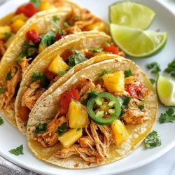 Für die Zubereitung der Spicy Pineapple Chicken Tacos benötigst du folgende Zutaten: - 2 Tassen gekochtes Hühnchen, zerkleinert - 1 Tasse frische Ananas, gewürfelt - 1 rote Paprika, dünn geschnitten - 1 Jalapeño, fein gehackt (je nach Schärfevorliebe anpassen) - 1/4 Tasse rote Zwiebel, fein gehackt - 3 Esslöffel frischer Koriander, gehackt - 1 Esslöffel Olivenöl - 2 Esslöffel Limettensaft - 1 Teelöffel Kreuzkümmel - 1 Teelöffel geräuchertes Paprikapulver - Salz und Pfeffer nach Geschmack - 8 kleine Maistortillas - Limettenschnitze zum Servieren Frische Zutaten bringen mehr Geschmack. Die Ananas sorgt für Süße und Frische. Die rote Paprika und Zwiebel geben Farbe und Textur. Frischer Koriander fügt einen tollen Geschmack hinzu. Wenn du konservierte Zutaten verwendest, achte auf die Qualität. Sie können oft weicher und weniger geschmackvoll sein. Frisch ist immer besser! Gewürze machen deine Tacos besonders lecker. Kreuzkümmel bringt einen warmen, nussigen Geschmack. Geräuchertes Paprikapulver sorgt für einen rauchigen Touch. Diese Gewürze geben den Tacos Tiefe und Komplexität. Salz und Pfeffer heben die Aromen hervor. Sie helfen, den Geschmack der anderen Zutaten zu betonen. Wenn du die Gewürze anpasst, kannst du den Geschmack nach deinem Wunsch verändern. {{ingredient_image_2}} Erhitze das Olivenöl in einer großen Pfanne. Stelle die Hitze auf mittel. Füge die rote Paprika, den Jalapeño und die rote Zwiebel hinzu. Brate das Gemüse für 5 bis 7 Minuten an. Es sollte weich werden und gut riechen. Nun füge das zerkleinerte Hühnchen hinzu. Dann kommen die frischen Ananaswürfel dazu. Streue Kreuzkümmel und geräuchertes Paprikapulver darüber. Gieße den Limettensaft hinein. Würze mit Salz und Pfeffer. Koche alles 5 bis 6 Minuten lang. Rühre immer wieder um, damit sich die Aromen gut verbinden. Während das Gemüse und das Hühnchen kochen, erwärme die Maistortillas. Nimm eine trockene Pfanne und stelle die Hitze auf mittel. Lege jede Tortilla hinein und erwärme sie für 30 Sekunden auf jeder Seite. Sie sollten weich und flexibel sein. Jetzt ist es Zeit, die Tacos zu bauen. Nimm eine Tortilla und lege eine großzügige Portion der Hühnchen-Ananas-Mischung in die Mitte. Garniere die Tacos mit frischem Koriander. Serviere die Tacos sofort. Lege einige Limettenschnitze an die Seite. Jeder kann sie über die Tacos drücken. Das macht den Geschmack noch frischer! Diese Tacos sind perfekt für vielbeschäftigte Tage. Du kannst die Hühnchen-Ananas-Mischung im Voraus zubereiten. Lass sie abkühlen und bewahre sie im Kühlschrank auf. So hast du schnell ein leckeres Gericht bereit. Erwärme die Mischung einfach, wenn du bereit bist zu essen. Dieses Vorgehen macht das Abendessen einfach und lecker. Die Schärfe dieser Tacos kannst du leicht anpassen. Wenn du es schärfer magst, verwende mehr Jalapeños. Du kannst auch die Kerne des Jalapeños drin lassen. Für eine mildere Version, nimm weniger Jalapeño oder lasse ihn ganz weg. Denke daran, dass die Schärfe auch von der Frische des Jalapeños abhängt. Frische sind oft schärfer als alte. Um perfekte Tortillas zu machen, erwärme sie in einer trockenen Pfanne. Mache das bei mittlerer Hitze für etwa 30 Sekunden pro Seite. So werden sie weich und flexibel. Du kannst auch die Tortillas in Aluminiumfolie wickeln und im Ofen warm halten. Wenn du die Tortillas vor dem Servieren leicht rösten möchtest, gib ihnen ein paar Minuten in eine heiße Pfanne. So erhalten sie einen tollen Geschmack. Pro Tipps Hühnchen vorbereiten: Um das Hühnchen besonders zart und geschmackvoll zu machen, kannst du es mit Gewürzen marinieren und dann grillen oder im Ofen garen, bevor du es zerkleinerst. Ananas auswählen: Wähle eine reife Ananas, die leicht süß und saftig ist, um den besten Geschmack in deinen Tacos zu erzielen. Maistortillas richtig erwärmen: Erwärme die Tortillas in einer trockenen Pfanne, um ihre Flexibilität zu erhöhen und ein besseres Geschmackserlebnis zu bieten. Schärfe anpassen: Wenn du die Schärfe deiner Tacos kontrollieren möchtest, verwende weniger Jalapeño oder entferne die Samen, um die Hitze zu reduzieren. {{image_4}} Du kannst die Hühnchen-Tacos leicht vegetarisch machen. Ersetze das Hühnchen durch schwarze Bohnen oder Tofu. Diese Optionen sind proteinreich und sättigend. Auch geröstete Kichererbsen sind eine tolle Wahl. Sie geben einen schönen Crunch. Um den Tacos einen tropischen Twist zu geben, füge Mango oder Papaya hinzu. Diese Früchte harmonieren gut mit der Ananas. Du kannst sie einfach in kleine Stücke schneiden und unter die Mischung heben. Ein Hauch von Kokosnuss kann ebenfalls gut passen. Zu diesen Tacos passen viele Beilagen. Salsa ist immer eine gute Wahl. Guacamole bringt eine cremige Textur und frischen Geschmack. Auch ein einfacher Joghurt-Dip mit Limette und Koriander passt gut dazu. Serviere frische Salate oder Reis als Beilage, um das Gericht abzurunden. Um die Tacos frisch zu halten, lege sie in einen luftdichten Behälter. Du kannst sie im Kühlschrank aufbewahren. Sie bleiben so ein bis zwei Tage frisch. Die Tortillas können weich werden, wenn du die Tacos komplett zusammenbaust. Es ist besser, die Füllung und die Tortillas getrennt zu lagern. Wenn du die Reste aufwärmst, benutze eine Pfanne. Erhitze die Füllung bei mittlerer Hitze für etwa fünf Minuten. Dies bringt den Geschmack zurück. Für die Tortillas kannst du sie kurz in der Pfanne oder der Mikrowelle erwärmen. So bleiben sie weich und schmackhaft. Du kannst die Tacos auch einfrieren. Lege die Füllung in einen gefrierfesten Behälter. Die Tortillas kannst du ebenfalls einfrieren, aber sie sollten gut verpackt sein. Zum Auftauen lasse alles über Nacht im Kühlschrank. Danach erhitze die Füllung wie oben beschrieben. Die Tortillas kannst du in der Pfanne aufwärmen. So hast du schnell ein leckeres Gericht zur Hand! Um den Schärfegrad zu ändern, kannst du die Menge des Jalapeños anpassen. Für weniger Schärfe, nehme weniger oder entferne die Kerne. Wenn du es schärfer magst, füge mehr Jalapeño hinzu. Auch andere Chilis, wie Serrano oder Habanero, sind gute Alternativen. Ja, du kannst das Hühnchen ersetzen. Eine gute Wahl sind Tofu oder schwarze Bohnen für eine vegetarische Option. Gegrillte Garnelen oder Rindfleisch passen auch gut dazu. Achte darauf, die Garzeit entsprechend anzupassen. Die Reste dieser Tacos sind im Kühlschrank etwa 3 bis 4 Tage haltbar. Stelle sicher, dass du sie in einem luftdichten Behälter aufbewahrst, um die Frische zu erhalten. Wenn du sie länger aufbewahren möchtest, friere sie ein. Ja, diese Tacos sind glutenfrei, wenn du Maistortillas verwendest. Achte darauf, dass alle anderen Zutaten ebenfalls glutenfrei sind. Prüfe die Etiketten der Gewürze und Saucen, um sicherzugehen. Wenn du keine Limette hast, kannst du Zitronensaft verwenden. Er gibt einen ähnlichen frischen Geschmack. Auch Essig, wie Apfelweinessig, kann eine interessante Note hinzufügen. Spicy Pineapple Chicken Tacos sind einfach und lecker. Wir haben die wichtigsten Zutaten aufgelistet, die frischen und konservierten Optionen zeigen. Gewürze machen das Gericht noch besser. Die Schritt-für-Schritt-Anleitung hilft dir, alles leicht zuzubereiten. Denk daran, du kannst die Tacos im Voraus planen und nach deinem Geschmack anpassen. Variationen bieten neue Möglichkeiten, und mit den Lagerhinweisen bleibt alles frisch. Egal, ob du für dich selbst oder für die Familie kochst, diese Tacos sind ein Hit!