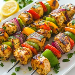 Für die köstlichen griechischen Zitronen-Hähnchen-Kebabs benötigst du einige einfache, frische Zutaten: - 680 g Hähnchenbrustfilets, ohne Knochen und Haut, in 2,5 cm große Würfel geschnitten - 1 rote Paprika, in 2,5 cm große Stücke geschnitten - 1 grüne Paprika, in 2,5 cm große Stücke geschnitten - 1 rote Zwiebel, in Spalten geschnitten - Spieße (aus Holz oder Metall) Diese Zutaten geben den Kebabs ihren tollen Geschmack und machen sie bunt und einladend. Die Marinade ist der Schlüssel zu zartem und aromatischem Hähnchen. Hier sind die Zutaten, die du dafür brauchst: - 60 ml Olivenöl - Schale und Saft von 2 großen Zitronen - 4 Knoblauchzehen, fein gehackt - 1 Esslöffel getrockneter Oregano - 1 Teelöffel Salz - 1/2 Teelöffel schwarzer Pfeffer - 1/2 Teelöffel geräuchertes Paprikapulver Diese Zutaten sorgen für einen frischen, zitronigen Geschmack, der perfekt zum Hähnchen passt. Du kannst die Kebabs nach deinem Geschmack anpassen. Hier sind einige Alternativen: - Ersetze das Hähnchen durch mageres Lammfleisch oder Tofu für eine vegetarische Option. - Nutze Zucchini oder Auberginen statt Paprika. - Füge Gewürze wie Kreuzkümmel oder Thymian hinzu für einen anderen Geschmack. Diese Alternativen machen das Rezept vielseitig und anpassbar an deine Vorlieben. {{ingredient_image_2}} Um die besten griechischen Zitronen-Hähnchen-Kebabs zu machen, starte mit der Marinade. Mische in einer großen Schüssel 60 ml Olivenöl, die Schale und den Saft von 2 Zitronen. Füge 4 fein gehackte Knoblauchzehen, 1 Esslöffel getrockneten Oregano, 1 Teelöffel Salz, 1/2 Teelöffel schwarzen Pfeffer und 1/2 Teelöffel geräuchertes Paprikapulver hinzu. Rühre alles gut um. Jetzt kommen die Hähnchenwürfel dazu. Verwende 680 g Hähnchenbrustfilets, in 2,5 cm große Stücke geschnitten. Mische die Würfel gut mit der Marinade, bis sie gleichmäßig bedeckt sind. Decke die Schüssel ab und stelle sie mindestens eine Stunde in den Kühlschrank. Wenn du mehr Geschmack möchtest, lasse sie bis zu 4 Stunden marinieren. Wenn das Hähnchen mariniert, bereite die Spieße vor. Wenn du Holzspieße verwendest, lege sie für 30 Minuten in Wasser. Dies verhindert, dass sie beim Grillen anbrennen. Heize deinen Grill oder eine Grillpfanne auf mittlere bis hohe Temperatur vor. Jetzt ist es Zeit, die Kebabs zusammenzustellen. Stecke die marinierten Hähnchenstücke, rote und grüne Paprikastücke (jeweils in 2,5 cm große Stücke) und Zwiebelspalten abwechselnd auf die Spieße. Du kannst eine schöne Farbkombination wählen, um das Gericht noch ansprechender zu machen. Die Spieße sind jetzt bereit für den Grill. Lege sie auf den Grill und grille die Kebabs für etwa 10 bis 15 Minuten. Wende sie regelmäßig, damit das Hähnchen gleichmäßig gar wird. Achte darauf, dass das Hähnchen eine Innentemperatur von 75°C erreicht. Das Gemüse sollte leicht angekohlt und zart sein. Wenn die Kebabs fertig sind, nimm sie vom Grill. Lass sie einige Minuten ruhen, bevor du sie servierst. Dies hilft, die Säfte im Hähnchen zu halten. Du kannst die Kebabs auf einer großen Platte anrichten und mit frischer Petersilie und Zitronenschnitzen garnieren. Das sieht nicht nur toll aus, sondern schmeckt auch frisch und lecker! Um den besten Geschmack zu erzielen, lasse das Hähnchen mindestens eine Stunde marinieren. Wenn du mehr Zeit hast, marinier es bis zu vier Stunden. Längere Marinierzeiten geben dem Fleisch einen intensiveren Geschmack. Die Zitronensäure hilft, die Fasern zu lockern und macht das Hähnchen zart. Die Grilltemperatur ist wichtig. Heize deinen Grill auf mittlere bis hohe Temperatur vor. Dies sorgt dafür, dass das Hähnchen gleichmäßig gart und eine schöne Grillmarkierung bekommt. Wenn der Grill zu heiß ist, kann das Fleisch außen verbrennen, bevor es innen gar ist. Um trockenes Hähnchen zu vermeiden, achte darauf, dass du das Fleisch nicht übergrillst. Die Kebabs sollten etwa 10-15 Minuten auf dem Grill bleiben. Wende sie regelmäßig, damit sie gleichmäßig garen. Überprüfe die Innentemperatur. Sie sollte 75°C erreichen, um sicherzustellen, dass das Hähnchen perfekt gegart ist. Profi-Tipps Marinieren für mehr Geschmack: Lass das Hähnchen mindestens 1 Stunde, besser jedoch 4 Stunden marinieren, um die Aromen vollständig aufzunehmen. Gemüsewahl: Experimentiere mit verschiedenen Gemüsesorten wie Zucchini oder Champignons, um abwechslungsreiche und bunte Spieße zu kreieren. Grilltemperatur: Achte darauf, dass der Grill die richtige Temperatur hat, damit das Hähnchen gleichmäßig gart und eine schöne Grillmarkierung erhält. Serviertipps: Serviere die Spieße mit frischem Tzatziki und warmem Pita-Brot für ein authentisches griechisches Erlebnis. {{image_4}} Wenn du eine vegetarische Option suchst, probiere Tofu oder Halloumi. Beide nehmen den Zitronengeschmack gut auf. Schneide sie in Würfel und mariniere sie gleich wie das Hähnchen. Auch Gemüse wie Zucchini, Auberginen und Champignons sind tolle Alternativen. Diese kannst du ebenfalls auf die Spieße stecken. Das macht das Gericht bunt und lecker. Die Gewürze sind wichtig für den Geschmack. Du kannst mit verschiedenen Kräutern experimentieren. Versuche frischen Thymian oder Rosmarin für mehr Aroma. Auch Kreuzkümmel oder Koriander geben den Kebabs einen neuen Twist. Wenn du es schärfer magst, füge etwas Cayennepfeffer hinzu. So kannst du die Kebabs nach deinem Geschmack anpassen. Die Präsentation macht viel aus. Richte die Kebabs auf einer großen Platte an. Garniere sie mit frischer Petersilie und Zitronenschnitzen. Das sieht nicht nur schön aus, sondern bringt auch frische Aromen. Serviere die Kebabs mit Tzatziki-Sauce und warmem Pita-Brot. So schaffst du ein komplettes griechisches Erlebnis. Du kannst auch einen frischen Salat dazu reichen, um das Gericht abzurunden. Wenn du Reste von den griechischen Zitronen-Hähnchen-Kebabs hast, lagere sie in einem luftdichten Behälter. So bleiben sie frisch. Du kannst auch Frischhaltefolie verwenden. Stelle sicher, dass der Behälter gut verschlossen ist. So vermeidest du, dass die Kebabs austrocknen oder Gerüche annehmen. Um die Kebabs wieder aufzuwärmen, benutze einen Grill oder eine Pfanne. Erhitze sie bei mittlerer Hitze. Wende die Kebabs regelmäßig, damit sie gleichmäßig warm werden. Du kannst auch ein wenig Olivenöl oder Wasser hinzufügen. Das hilft, das Hähnchen saftig zu halten. Vermeide die Mikrowelle, da sie das Hähnchen trocken machen kann. Die Kebabs halten sich im Kühlschrank bis zu drei Tage. Achte darauf, dass sie in einem geschlossenen Behälter sind. Nach drei Tagen solltest du sie nicht mehr essen. Wenn du dir nicht sicher bist, rieche daran. Wenn es seltsam riecht, ist es besser, sie wegzuwerfen. Die Kebabs sollten mindestens 1 Stunde marinieren. Für einen intensiveren Geschmack empfehle ich, sie bis zu 4 Stunden im Kühlschrank zu lassen. So ziehen die Aromen gut in das Hähnchen ein. Dies macht das Fleisch zart und geschmackvoll. Ja, du kannst die Kebabs auch im Ofen zubereiten. Heize deinen Ofen auf 200°C vor. Lege die Spieße auf ein Backblech mit Backpapier. Backe sie für etwa 15-20 Minuten. Wende die Spieße nach der Hälfte der Zeit, damit sie gleichmäßig garen. Achte darauf, dass das Hähnchen eine Innentemperatur von 75°C erreicht. Zu den griechischen Zitronen-Hähnchen-Kebabs passen verschiedene Beilagen gut. Serviere sie mit Tzatziki-Sauce und warmem Pita-Brot. Ein frischer Salat mit Gurken, Tomaten und Feta ist ebenfalls eine tolle Ergänzung. Auch Reis oder Couscous passen wunderbar. In diesem Artikel habe ich die wichtigsten Zutaten für Kebabs aufgelistet und erklärt, wie du sie richtig mariniert, gepackt und gegrillt bekommst. Du hast auch Tipps erhalten, um Geschmack zu maximieren und trockenes Hähnchen zu vermeiden. Außerdem habe ich dir einige Variationen gezeigt. Denke daran, dass du beim Grillen flexibel sein kannst. Experimentiere mit neuen Zutaten oder Gewürzen. So machst du jedes Mal leckere Kebabs, die deine Freunde beeindrucken werden. Viel Spaß beim Grillen!