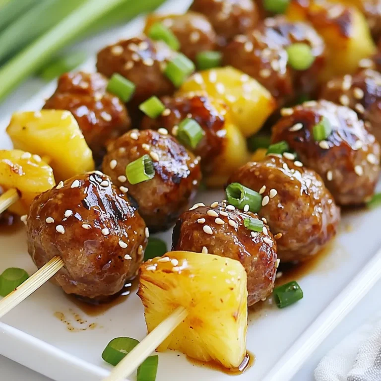 Für die Fleischbällchen brauchst du: - 450 g Hühner- oder Putenhackfleisch - 120 g Semmelbrösel - 60 g Frühlingszwiebeln, fein gehackt - 2 Knoblauchzehen, gehackt - 1 Esslöffel frischer Ingwer, gerieben - 60 ml Sojasauce (reduzierter Salzgehalt empfohlen) - 60 ml Ananassaft - 1 Esslöffel Sesamöl - 50 g brauner Zucker - 1 Esslöffel Speisestärke - Salz und Pfeffer nach Geschmack Diese Zutaten geben den Fleischbällchen ihren tollen Geschmack. Das Hackfleisch ist die Basis. Semmelbrösel halten die Bällchen zusammen. Frühlingszwiebeln und Knoblauch bringen Frische. Ingwer fügt eine angenehme Schärfe hinzu. Sojasauce und Ananassaft sorgen für eine süß-salzige Note. Um die Teriyakisauce zu machen, benötigst du: - 60 ml Sojasauce - 60 ml Ananassaft - 1 Esslöffel Sesamöl - 50 g brauner Zucker - 1 Esslöffel Speisestärke Gib alle Zutaten in einen kleinen Topf. Rühre gut um und erhitze die Mischung bei mittlerer Hitze. Rühre ständig, bis die Sauce dick wird. Das dauert etwa 5 Minuten. Nimm den Topf dann vom Herd. Die Sauce ist jetzt bereit, um die Spieße zu verfeinern. Um die Spieße zu vervollständigen, brauchst du: - 200 g frische Ananasstücke - 1 Paprika, in mundgerechte Stücke geschnitten (nach Wahl) - Holz- oder Metallspieße Die Ananas bringt Süße und Frische. Die Paprika fügt Farbe und Crunch hinzu. Wenn du Holzspieße verwendest, weiche sie vorher in Wasser ein. So brennen sie nicht an. Diese Zutaten machen die Spieße bunt und lecker. {{ingredient_image_2}} Zuerst sammeln Sie alle Zutaten. Das macht den Prozess einfach und schnell. Nutzen Sie frische Zutaten für den besten Geschmack. Schneiden Sie die Paprika in mundgerechte Stücke. Wenn Sie Holzspieße verwenden, weichen Sie diese 30 Minuten in Wasser ein. So brennen sie nicht an. Nehmen Sie eine große Schüssel und geben Sie das Hackfleisch hinein. Fügen Sie die Semmelbrösel, Frühlingszwiebeln, Knoblauch und Ingwer hinzu. Würzen Sie die Mischung mit Salz und Pfeffer. Mischen Sie alles gut. Formen Sie dann kleine Bällchen, etwa 2,5 cm groß. Es sollten 20 bis 24 Fleischbällchen entstehen. Legen Sie die Bällchen auf einen Teller. Nehmen Sie einen kleinen Topf und geben Sie die Sojasauce, Ananassaft, Sesamöl, braunen Zucker und Speisestärke hinein. Mischen Sie alles gut. Erhitzen Sie die Mischung bei mittlerer Hitze. Rühren Sie ständig, bis die Sauce dick wird. Das dauert etwa 5 Minuten. Nehmen Sie den Topf dann vom Herd. Lassen Sie die Sauce etwas abkühlen. Heizen Sie den Grill oder eine Grillpfanne auf mittlere Hitze vor. Stecken Sie die Fleischbällchen, Ananasstücke und Paprikastücke abwechselnd auf die Spieße. Bestreichen Sie die Spieße mit der Teriyakisauce. Legen Sie die Spieße auf den Grill. Grillen Sie sie 10 bis 12 Minuten lang. Drehen Sie die Spieße regelmäßig und bestreichen Sie sie mit mehr Sauce. Wenn die Bällchen durchgegart sind, nehmen Sie die Spieße vom Grill. Lassen Sie sie einige Minuten ruhen. Servieren Sie die Spieße mit der restlichen Sauce und garnieren Sie sie nach Wunsch mit Frühlingszwiebeln. Um perfekte Fleischbällchen zu machen, ist die Mischung entscheidend. Du musst das Hackfleisch gut mit den Semmelbröseln, Frühlingszwiebeln, Knoblauch und Ingwer vermengen. Achte darauf, dass alles gleichmäßig verteilt ist. So bleiben die Fleischbällchen saftig. Formen Sie kleine Bällchen von etwa 2,5 cm Durchmesser. Das sorgt für eine gleichmäßige Garzeit. Beim Grillen ist die Temperatur wichtig. Heize den Grill oder die Grillpfanne auf mittlere Hitze vor. Wenn du Holzspieße benutzt, weiche sie vorher 30 Minuten in Wasser ein. So brennen sie nicht an. Lege die Spieße auf den Grill und drehe sie regelmäßig. Bestreiche sie immer wieder mit der Teriyakisauce. So bekommen sie eine schöne Glasur und bleiben saftig. Für eine gute Präsentation lege die Spieße auf eine große Platte. Verwende frische Salatblätter als Unterlage. Beträufle die Spieße mit zusätzlicher Teriyakisauce. Das sieht toll aus und schmeckt noch besser. Du kannst die Spieße auch mit gehackten Frühlingszwiebeln oder Sesamsamen garnieren. Das gibt Farbe und zusätzlichen Geschmack. Pro Tipps Fleischbällchen gleichmäßig formen: Achten Sie darauf, die Fleischbällchen gleichmäßig zu formen, damit sie gleichmäßig garen und eine schöne Grillfarbe erhalten. Spieße einweichen: Wenn Sie Holzspieße verwenden, weichen Sie diese 30 Minuten in Wasser ein, um ein Anbrennen auf dem Grill zu verhindern. Zusätzliche Sauce: Halten Sie etwas Teriyakisauce zum Bestreichen der Spieße während des Grillens bereit, um zusätzlichen Geschmack zu verleihen. Ruhen lassen: Lassen Sie die Spieße nach dem Grillen einige Minuten ruhen, damit sich die Säfte setzen und das Fleisch saftiger wird. {{image_4}} Du kannst die Fleischbällchen einfach ersetzen. Nutze Tofu oder Kichererbsen. Zerdrücke die Kichererbsen und mische sie mit Semmelbröseln. Füge gehackte Zwiebeln und Knoblauch hinzu. So erhältst du eine leckere, fleischlose Alternative. Auch Gemüse wie Champignons funktionieren gut. Sie geben den Spießen eine tolle Textur. Wenn du etwas Neues ausprobieren möchtest, gibt es viele Alternativen zur Teriyakisauce. Eine süß-saure Sauce passt gut. Mische dafür Ananassaft mit Essig und Honig. Diese Mischung verleiht den Spießen eine fruchtige Note. Du kannst auch eine Erdnusssauce verwenden. Sie gibt einen nussigen Geschmack, der sehr gut zu den Fleischbällchen passt. Serviere die Spieße auf einem großen Teller mit frischen Salatblättern. Das sieht schön aus und schmeckt frisch. Beträufle die Spieße mit zusätzlicher Teriyakisauce. Streue Sesamsamen darüber für den letzten Schliff. Dazu passen Reis oder Quinoa sehr gut. Diese Beilagen machen das Gericht komplett und lecker. Wenn du Reste von den Pineapple Teriyaki Meatball Skewers hast, ist die Lagerung einfach. Lass die Spieße zuerst auf Raumtemperatur abkühlen. Danach kannst du sie in einem luftdichten Behälter im Kühlschrank lagern. So bleiben sie frisch. Die Reste sind bis zu drei Tage haltbar. Du kannst auch die Sauce getrennt aufbewahren. So schmecken die Spieße am nächsten Tag noch gut. Du kannst die Spieße auch einfrieren, um sie länger aufzubewahren. Wickel die kalten Spieße in Frischhaltefolie und lege sie in einen gefrierfesten Beutel. So bleiben sie bis zu zwei Monate frisch. Wenn du die Spieße wieder auftauen möchtest, lege sie einfach über Nacht in den Kühlschrank. So bleiben Geschmack und Textur erhalten. Um die Spieße aufzuwärmen, benutze den Ofen oder die Mikrowelle. Im Ofen solltest du die Spieße bei 175 Grad Celsius für etwa 10 Minuten aufwärmen. Das sorgt für einen gleichmäßigen Aufwärmprozess. In der Mikrowelle kannst du die Spieße in einem passenden Behälter 1-2 Minuten erhitzen. Achte darauf, die Spieße nicht zu lange zu erhitzen, damit sie saftig bleiben. Die Spieße schmecken am besten frisch, aber du kannst sie bis zu drei Tage im Kühlschrank aufbewahren. Lagere sie in einem luftdichten Behälter. Vor dem Essen erwärmst du sie einfach in der Mikrowelle oder in einer Pfanne. Ja, du kannst Hühnerhackfleisch durch Rindfleisch ersetzen. Das gibt den Spießen einen anderen Geschmack. Achte darauf, dass du das Rindfleisch gut würzt, um den vollen Geschmack zu erzielen. Um die Teriyakisauce schärfer zu machen, füge einfach etwas rote Chiliflocken oder frischen Ingwer hinzu. Du kannst auch Sriracha oder andere scharfe Saucen verwenden. Fange mit kleinen Mengen an und taste dich langsam vor. In diesem Blogbeitrag haben wir die Zutaten für köstliche Fleischbällchen und Spieße erkundet. Wir gingen Schritt für Schritt durch die Zubereitung und gaben Tipps, um das Beste aus deinem Grill-Erlebnis herauszuholen. Zudem besprachen wir interessante Varianten und Lagerinfos. Denke daran, kreativ zu sein und deine eigenen Anpassungen vorzunehmen. So machst du jedes Gericht einzigartig. Experimentiere mit unterschiedlichen Zutaten und genieße die Ergebnisse. Viel Spaß beim Grillen!