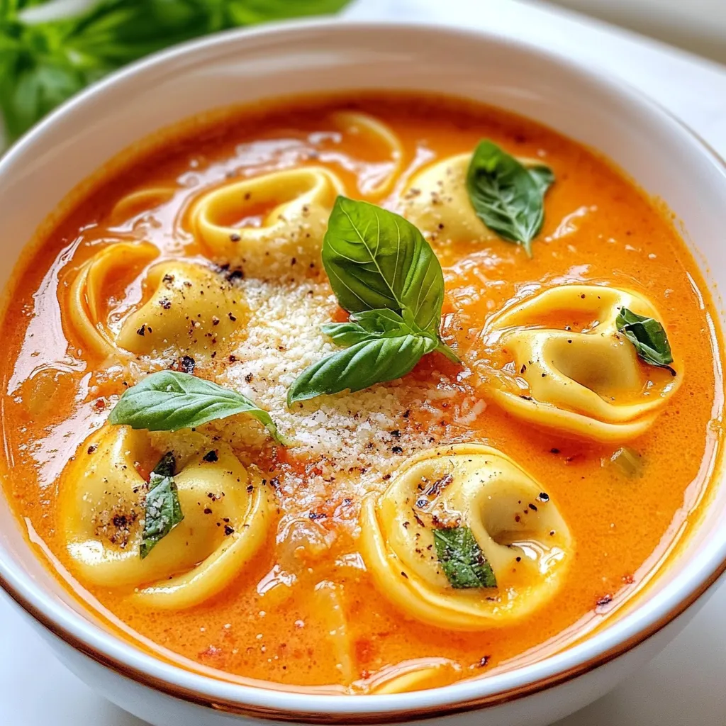 - 2 Esslöffel Olivenöl - 1 mittelgroße Zwiebel, gewürfelt - 3 Knoblauchzehen, fein gehackt - 1 Dose (28 oz) gehackte Tomaten - 4 Tassen Gemüsebrühe - 1 Teelöffel getrockneter Oregano - 1 Teelöffel getrocknetes Basilikum - ½ Teelöffel rote Pfefferflocken (optional) - 1 Paket (9 oz) frische Käse-Tortellini - 1 Tasse Sahne - Salz und Pfeffer nach Geschmack - Frische Basilikumblätter zum Garnieren - Geriebener Parmesan zum Servieren Wenn Sie frische Zutaten wählen, achten Sie auf Farbe und Textur. Die Zwiebel sollte fest und ohne dunkle Flecken sein. Knoblauchzehen müssen fest und trocken sein. Wählen Sie Tomaten in Dosen, die ohne Zusätze sind. Frische Basilikumblätter sollten grün und duftend sein. Achten Sie darauf, dass die Tortellini weich und nicht gefroren sind. Für eine glutenfreie Suppe können Sie glutenfreie Tortellini verwenden. Ersetzen Sie die Sahne durch Kokosmilch, um laktosefrei zu sein. Wenn jemand allergisch gegen Tomaten ist, versuchen Sie pürierte Karotten oder Kürbis. Verwenden Sie Gemüsebrühe, die keine Allergene enthält. {{ingredient_image_2}} Um die cremige Tomaten-Tortellini-Suppe zuzubereiten, folgen Sie diesen einfachen Schritten: 1. Erhitzen Sie 2 Esslöffel Olivenöl in einem großen Topf bei mittlerer Hitze. 2. Fügen Sie eine gewürfelte Zwiebel hinzu. Braten Sie sie 5-7 Minuten lang an, bis sie weich und durchsichtig ist. 3. Geben Sie 3 fein gehackte Knoblauchzehen dazu. Braten Sie sie für 1-2 Minuten, bis sie duften. 4. Gießen Sie eine Dose gehackte Tomaten und 4 Tassen Gemüsebrühe in den Topf. 5. Fügen Sie 1 Teelöffel Oregano, 1 Teelöffel Basilikum und ½ Teelöffel rote Pfefferflocken hinzu. Lassen Sie alles für 10 Minuten köcheln. 6. Geben Sie ein Paket frische Käse-Tortellini in den Topf. Kochen Sie sie nach Packungsanweisung, meist 4-5 Minuten. 7. Reduzieren Sie die Hitze und rühren Sie 1 Tasse Sahne unter. Lassen Sie die Suppe für 2-3 Minuten warm werden. 8. Schmecken Sie die Suppe mit Salz und Pfeffer ab und passen Sie die Gewürze an. Das Anbraten der Zwiebel ist wichtig. Es bringt Süße und Geschmack. Knoblauch sollte nur kurz angebraten werden. So bleibt er aromatisch, aber nicht bitter. Das Köcheln der Suppe hilft, die Aromen zu vereinen. Es sorgt für eine reichhaltige Basis. Die Suppe sollte cremig, aber nicht zu dick sein. Wenn sie zu dick ist, fügen Sie etwas Gemüsebrühe hinzu. Rühren Sie gut um, um eine gleichmäßige Konsistenz zu erreichen. Achten Sie darauf, die Sahne erst am Ende hinzuzufügen. So bleibt die Suppe samtig und frisch. Um den Geschmack deiner cremigen Tomaten-Tortellini-Suppe zu verstärken, gibt es viele einfache Tricks. Du kannst frische Kräuter wie Basilikum oder Oregano hinzufügen. Diese Kräuter geben den besten Geschmack. Auch ein Spritzer Zitronensaft kann die Aromen aufhellen. Für einen zusätzlichen Kick sind rote Pfefferflocken eine tolle Wahl. Achte darauf, sie sparsam zu verwenden, um die Hitze zu kontrollieren. Ein häufiger Fehler ist, die Zwiebeln zu kurz anzubraten. Sie sollten weich und leicht goldbraun sein. Dies bringt den besten Geschmack. Wenn du die Sahne hinzufügst, achte darauf, die Hitze zu reduzieren. Zu hohe Hitze kann die Sahne gerinnen lassen. Schließlich, schmecke die Suppe vor dem Servieren ab. So kannst du sicherstellen, dass sie perfekt gewürzt ist. Garnierungen machen deine Suppe noch schöner und leckerer. Frische Basilikumblätter sind eine großartige Wahl. Sie fügen Farbe und Frische hinzu. Geriebener Parmesan ist ein Muss. Er bringt einen herzhaften Geschmack. Du kannst auch ein Stück knuspriges Brot dazu servieren. Es passt gut zur Suppe und macht das Essen noch besser. Pro Tipps Frische Kräuter verwenden: Verwenden Sie frische Kräuter anstelle von getrockneten, um den Geschmack der Suppe zu intensivieren. Variieren Sie die Brühe: Experimentieren Sie mit Gemüse- oder Hühnerbrühe für unterschiedliche Geschmäcker. Für eine vegane Variante: Ersetzen Sie die Sahne durch Kokosmilch oder eine pflanzliche Sahnealternative. Zusätzliche Proteine hinzufügen: Fügen Sie geröstete Kichererbsen oder Hähnchenstücke hinzu, um die Suppe noch nahrhafter zu machen. {{image_4}} Wenn Sie eine vegetarische Variante der cremigen Tomaten-Tortellini-Suppe wünschen, ist das ganz einfach! Diese Suppe ist bereits fleischfrei. Sie können die Brühe durch Gemüsebrühe ersetzen. Das macht die Suppe noch gesünder. Viele mögen zusätzlich frisches Gemüse. Zucchini, Karotten oder Spinat sind tolle Optionen. Diese Zutaten bringen mehr Farbe und Nährstoffe in Ihr Gericht. Möchten Sie Ihrer Suppe etwas mehr Biss geben? Fügen Sie gebratenes Hähnchen oder Wurst hinzu. Diese Zutaten machen die Suppe herzhaft. Wenn Sie mehr Gemüse mögen, probieren Sie Erbsen oder Paprika. Sie bringen Süße und Textur. Achten Sie darauf, die Garzeit anzupassen, wenn Sie frische Zutaten hinzufügen. So bleibt alles schön zart. Die Gewürze machen einen großen Unterschied im Geschmack. Oregano und Basilikum sind klassisch, aber Sie können experimentieren! Thymian bringt einen erdigen Geschmack. Fügen Sie mehr rote Pfefferflocken hinzu, wenn Sie es scharf mögen. Wenn Sie etwas Frisches suchen, probieren Sie Zitrone oder Limette. Diese Zitrusfrüchte bringen eine schöne Frische in die Suppe. Denken Sie daran, die Gewürze nach und nach hinzuzufügen. So können Sie den Geschmack besser steuern. Um die cremige Tomaten-Tortellini-Suppe frisch zu halten, lagern Sie sie in einem luftdichten Behälter. Warten Sie, bis die Suppe auf Raumtemperatur abgekühlt ist, bevor Sie sie in den Kühlschrank stellen. So vermeiden Sie Kondenswasser und das Wachstum von Bakterien. Wenn Sie die Suppe wieder aufwärmen, verwenden Sie einen Topf auf mittlerer Hitze. Fügen Sie ein wenig Wasser oder Brühe hinzu, um die Konsistenz zu verbessern. Rühren Sie häufig, um ein Anbrennen zu verhindern. Sie können die Suppe auch in der Mikrowelle erhitzen, aber achten Sie darauf, sie in kurzen Intervallen zu erwärmen. Im Kühlschrank hält sich die Suppe etwa 3 bis 4 Tage. Wenn Sie die Suppe länger aufbewahren möchten, können Sie sie einfrieren. Sie bleibt bis zu 3 Monate im Gefrierschrank frisch. Achten Sie darauf, die Suppe in Portionen zu einfrieren, damit Sie nur das auftauen, was Sie brauchen. Die Zubereitung dieser Suppe dauert insgesamt etwa 30 Minuten. Die Vorbereitungszeit beträgt 10 Minuten. Danach kochen Sie die Suppe in etwa 20 Minuten. Es ist eine schnelle und einfache Mahlzeit, die wenig Zeit in Anspruch nimmt. Ja, Sie können die Suppe im Voraus zubereiten. Kochen Sie die Suppe und lassen Sie sie abkühlen. Füllen Sie sie dann in einen Behälter und lagern Sie sie im Kühlschrank. Sie bleibt dort bis zu drei Tage frisch. Wenn Sie sie essen möchten, wärmen Sie sie einfach auf dem Herd oder in der Mikrowelle. Zu dieser Suppe passen viele leckere Beilagen. Hier sind einige Vorschläge: - Knuspriges Brot - Ein gemischter grüner Salat - Ein Stück Focaccia - Käse-Cracker Diese Beilagen ergänzen die Aromen der Suppe und machen das Essen noch besser. Diese Blogpost hat dir alle wichtigen Details zur Zubereitung der cremigen Tomaten-Tortellini-Suppe gegeben. Wir haben die Zutaten, die Zubereitungsschritte und hilfreiche Tipps behandelt. Denke daran, frische Zutaten zu wählen und häufige Fehler zu vermeiden. Variationen wie vegetarische Optionen machen das Rezept flexibel. Achte auf die Lagerung, damit die Suppe lange frisch bleibt. Du bist nun bereit, diese köstliche Suppe zuzubereiten und zu genießen. Viel Spaß beim Kochen!