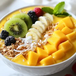 Für diese köstliche Smoothie-Bowl brauchst du einige einfache Zutaten: - 1 große reife Mango, geschält und gewürfelt - 1 Banane, in Scheiben geschnitten - 250 ml Kokosmilch oder pflanzliche Milch - 120 g griechischer Joghurt oder Kokosjoghurt - 1 Esslöffel Chiasamen Diese Zutaten sind die Basis für deinen Smoothie. Die Mango gibt einen süßen, fruchtigen Geschmack. Die Banane sorgt für eine cremige Textur. Kokosmilch fügt einen tollen Kokosgeschmack hinzu. Joghurt bringt zusätzliche Cremigkeit und Chiasamen bieten Nährstoffe. Wenn du es süßer magst, kannst du Honig oder Ahornsirup hinzufügen. Ein Esslöffel reicht oft aus. Für das Topping empfehle ich: - 60 g Granola - 40 g ungesüßte Kokosraspeln - Frische Obstscheiben wie Kiwi oder Beeren - Minzblätter für die Garnierung Diese Toppings geben der Bowl das gewisse Etwas. Sie fügen Knusprigkeit und Farbe hinzu. Die Mango-Kokos-Smoothie-Bowl ist sehr vielseitig. Du kannst sie leicht anpassen. Die Bowl ist vegan, wenn du Kokosjoghurt und pflanzliche Milch verwendest. Sie ist auch glutenfrei, solange du glutenfreies Granola verwendest. So kann jeder diese gesunde Leckerei genießen! {{ingredient_image_2}} Um eine Mango-Kokos-Smoothie-Bowl zu machen, benötigen Sie frische Zutaten. Beginnen Sie mit einer großen, reifen Mango. Schälen Sie die Mango und schneiden Sie sie in kleine Würfel. Nehmen Sie eine Banane und schneiden Sie sie in Scheiben. Messen Sie 250 ml Kokosmilch ab. Wenn Sie griechischen Joghurt verwenden, nehmen Sie 120 g. Für eine vegane Variante können Sie Kokosjoghurt nutzen. Haben Sie auch Chiasamen, Granola, Kokosraspeln und frisches Obst bereit. Jetzt kommen die vorbereiteten Zutaten in den Mixer. Geben Sie die Mango, die Bananenscheiben, die Kokosmilch, den Joghurt und die Chiasamen hinein. Falls Sie eine süßere Mischung möchten, fügen Sie 1 Esslöffel Honig oder Ahornsirup hinzu. Mixen Sie die Zutaten auf hoher Stufe, bis die Mischung cremig ist. Probieren Sie die Mischung und passen Sie die Süße nach Ihrem Geschmack an. Mixen Sie dann kurz weiter. Gießen Sie die cremige Smoothie-Mischung in eine Schüssel. Glätten Sie die Oberfläche mit einem Spatel oder dem Rücken eines Löffels. Jetzt kommt der spaßige Teil: garnieren! Streuen Sie Granola und Kokosraspeln auf die Smoothie-Bowl. Fügen Sie frische Obstscheiben wie Kiwi oder Beeren hinzu. Zum Schluss garnieren Sie die Bowl mit Minzblättern für einen frischen Akzent. Servieren Sie die Smoothie-Bowl sofort und genießen Sie den köstlichen Geschmack! Um die beste Konsistenz zu erzielen, ist es wichtig, die richtigen Zutaten zu wählen. Verwenden Sie eine reife Mango und eine Banane. Diese Früchte machen die Mischung cremig und dick. Mixen Sie die Zutaten gut, bis keine Stücke mehr vorhanden sind. Wenn die Mischung zu dick ist, fügen Sie mehr Kokosmilch hinzu. Ist sie zu dünn, geben Sie mehr gefrorene Früchte hinzu. Die beste Mango hat eine glatte, glänzende Haut. Achten Sie auf eine fruchtige Süße beim Drücken. Wählen Sie eine Mango, die leicht nachgibt, aber nicht zu weich ist. Die Farbe kann variieren, aber ein tiefes Gelb oder Orange zeigt Reife. Reife Mangos haben oft einen süßen Duft. Wenn Sie keine reifen Mangos finden, können Sie auch gefrorene Mangostücke verwenden. Für eine vegane Option ersetzen Sie den griechischen Joghurt durch Kokosjoghurt. Dieser gibt Ihnen die gleiche cremige Textur. Achten Sie darauf, glutenfreies Granola zu verwenden, wenn Sie glutenfrei essen. Der Honig kann durch Ahornsirup ersetzt werden, um die Bowl vegan zu halten. So genießen Sie die Smoothie-Bowl ganz nach Ihrem Geschmack! Pro Tipps Frische Zutaten: Verwenden Sie reife Mangos und frische Bananen für den besten Geschmack und eine cremige Konsistenz. Konsistenz anpassen: Wenn die Smoothie-Mischung zu dick ist, fügen Sie mehr Kokosmilch hinzu, um die gewünschte Konsistenz zu erreichen. Gesunde Toppings: Experimentieren Sie mit verschiedenen Toppings wie Nüssen oder Samen für zusätzlichen Crunch und Nährstoffe. Vorsicht beim Süßen: Fügen Sie nur so viel Honig oder Ahornsirup hinzu, wie nötig, um die natürliche Süße der Früchte zu betonen. {{image_4}} Du kannst viele Früchte in deiner Smoothie-Bowl verwenden. Probiere Ananas für mehr Tropenflair. Himbeeren und Erdbeeren bringen frische Süße. Kiwi fügt einen tollen Farbkontrast hinzu. Bananen geben eine cremige Textur. Mische die Früchte nach deinem Geschmack. So bleibt dein Frühstück immer spannend. Kokosmilch ist cremig und lecker, aber du hast auch andere Optionen. Mandelmilch bringt einen milden Geschmack. Hafermilch ist vollmundig und nahrhaft. Sojamilch hat viel Eiweiß und ist gut für den Körper. Wähle die Milch, die dir am besten gefällt. Jede gibt einen eigenen Twist. Superfoods sind eine tolle Ergänzung zu deiner Bowl. Chiasamen bringen Omega-3-Fettsäuren und Ballaststoffe. Du kannst auch Leinsamen hinzufügen, sie sind gesund und nahrhaft. Spirulina gibt einen Extra-Schub an Vitaminen. Beeren sind voller Antioxidantien. Durch diese Ergänzungen wird dein Frühstück noch gesünder und leckerer. Um die Mango-Kokos-Smoothie-Mischung frisch zu halten, fülle sie in einen luftdichten Behälter. Stelle den Behälter in den Kühlschrank. Die Mischung bleibt so etwa 1 bis 2 Tage frisch. Vor dem Servieren einfach gut umrühren. Lagere die frischen Zutaten in einem kühlen, dunklen Ort. Die Mango und Banane sollten reif, aber nicht überreif sein. Kokosmilch und Joghurt können im Kühlschrank mehrere Wochen halten. Chiasamen und Granola bleiben in einem trockenen Behälter lange frisch. Achte auf Verfärbungen oder einen unangenehmen Geruch. Wenn die Mischung klumpig ist oder eine wässrige Textur hat, ist sie nicht mehr gut. Auch wenn die frischen Früchte matschig oder braun sind, solltest du sie nicht mehr verwenden. Um deine Mango-Kokos-Smoothie-Bowl cremiger zu machen, füge mehr Joghurt hinzu. Griechischer Joghurt macht die Bowl besonders reichhaltig. Du kannst auch etwas mehr Kokosmilch einfüllen. Achte darauf, die Mischung gut zu mixen. Ein Mixer mit hoher Leistung sorgt für eine glatte Konsistenz. Ja, du kannst andere Süßungsmittel nutzen. Honig und Ahornsirup sind beliebt. Du kannst auch Agavensirup oder Stevia probieren. Manchmal ist es gut, die Süße anzupassen. Schmecke die Mischung ab, bevor du mehr Süßungsmittel hinzufügst. So bekommst du den perfekten Geschmack für deine Bowl. Eine Portion der Mango-Kokos-Smoothie-Bowl hat etwa 300 bis 400 Kalorien. Die genaue Zahl hängt von den Zutaten ab. Wenn du mehr oder weniger Joghurt verwendest, ändert sich der Kaloriengehalt. Granola und Toppings erhöhen auch die Kalorien. Für eine kalorienärmere Option, nutze weniger Granola. Ja, die Mango-Kokos-Smoothie-Bowl ist perfekt für Kinder. Sie enthält gesunde Zutaten wie Obst und Joghurt. Die Bowl schmeckt süß und lecker, was Kinder lieben. Du kannst die Süße anpassen, um sie kindgerecht zu machen. Achte darauf, frisches Obst für die Garnitur zu wählen. Der Mango-Kokos-Smoothie-Bowl ist einfach zuzubereiten. Wir haben die besten Zutaten, die Schritt-für-Schritt-Anleitung, und viele Tipps geteilt. Sie können die Bowl nach Ihren Wünschen anpassen und sie bleibt lange frisch. Diese Bowl ist lecker und passt zu verschiedenen Diäten. Probieren Sie die Variationen und Ergänzungen aus, die für Sie am besten sind. Genießen Sie die gesunden Vorteile und den frischen Geschmack direkt aus Ihrer Küche.