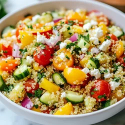 - 1 Tasse Quinoa - 2 Tassen Gemüsebrühe (oder Wasser) - 1 Tasse Kirschtomaten, halbiert - 1 Salatgurke, gewürfelt - 1 Paprika (beliebige Farbe), gewürfelt - ½ rote Zwiebel, fein gehackt - 1 Tasse frische Petersilie, grob gehackt - ½ Tasse Feta-Käse, zerbröselt (optional) - ¼ Tasse Olivenöl - 2 Esslöffel frischer Zitronensaft - Schale von 1 Zitrone (Zitronenzeste) - Salz und Pfeffer nach Geschmack - 1 Teelöffel getrockneter Oregano Ich wähle frische Zutaten immer gerne aus. Die Kirschtomaten geben süße und saftige Noten. Die Salatgurke bringt Frische und Crunch. Paprika fügt eine schöne Farbe hinzu. Die rote Zwiebel gibt einen tollen Geschmack. Petersilie ist ein toller Kräuter-Kick und sieht schön aus. Bei den Gewürzen ist das Olivenöl der Star. Es macht alles schön glatt. Der Zitronensaft bringt einen tollen, frischen Geschmack. Die Zitronenschale verstärkt das Aroma. Oregano gibt dem Salat Tiefe. Ich empfehle, mit Salz und Pfeffer zu würzen, um den Geschmack zu verstärken. Diese Zutaten machen einen leckeren und gesunden Salat. Bereit, mit mir zu kochen? {{ingredient_image_2}} Um die Quinoa perfekt zu kochen, kombiniere ich 1 Tasse abgespülte Quinoa mit 2 Tassen Gemüsebrühe. Ich stelle einen mittleren Topf auf den Herd und bringe die Mischung bei mittlerer bis hoher Hitze zum Kochen. Sobald es sprudelt, reduziere ich die Hitze. Ich decke den Topf ab und lasse die Quinoa 15 Minuten köcheln, bis sie gar ist und die Flüssigkeit aufgenommen hat. Danach nehme ich den Topf vom Herd und lasse die Quinoa abkühlen. Jetzt bereite ich das Gemüse vor. Ich nehme 1 Tasse halbierte Kirschtomaten, 1 gewürfelte Gurke, 1 gewürfelte Paprika, ½ fein gehackte rote Zwiebel und 1 Tasse grob gehackte Petersilie. Alle diese frischen Zutaten gebe ich in eine große Schüssel und vermenge sie gut. Für das Dressing nehme ich ¼ Tasse Olivenöl, 2 Esslöffel frischen Zitronensaft und die Schale von 1 Zitrone. Ich füge Salz, Pfeffer und 1 Teelöffel getrockneten Oregano hinzu. In einer kleinen Schüssel verrühre ich alles mit einem Schneebesen. Das Dressing sollte gut vermischt sein, um den besten Geschmack zu erzielen. Ich lockere die abgekühlte Quinoa mit einer Gabel auf. Dann gebe ich sie in die große Schüssel mit dem Gemüse. Ich gieße das Dressing gleichmäßig über den Salat und vermenge alles gut. So sind alle Zutaten gleichmäßig bedeckt. Wenn ich mag, füge ich ½ Tasse zerbröselten Feta-Käse hinzu und hebe ihn vorsichtig unter, damit die Stücke nicht zerfallen. Ich probiere den Salat und würze ihn nach Belieben nach. Dann stelle ich den Salat für mindestens 30 Minuten in den Kühlschrank, damit sich die Aromen entfalten können. Um die perfekte Quinoa zu kochen, spülst du sie gut ab. Das entfernt Bitterstoffe. Verwende dann zwei Tassen Gemüsebrühe oder Wasser für jede Tasse Quinoa. Bringe die Mischung zum Kochen. Reduziere die Hitze und lasse sie 15 Minuten köcheln. So wird die Quinoa locker und zart. Um klebrige Quinoa zu vermeiden, achte darauf, die Quinoa vor dem Kochen gut abzuspülen. Die Brühe sollte sprudelnd kochen, bevor du die Hitze reduzierst. Das verhindert, dass sie matschig wird. Du kannst den Geschmack deines Salats anpassen. Füge frische Kräuter wie Basilikum oder Minze hinzu. Diese Kräuter bringen frische Aromen. Auch ein Hauch von Kreuzkümmel kann gut passen. Für die ideale Säurebalance ist frischer Zitronensaft wichtig. Du kannst auch einen Spritzer Balsamico hinzufügen. Das gibt dem Salat eine angenehme Tiefe. Die Präsentation ist entscheidend. Serviere den Salat in einer großen Schüssel. Das gibt ihm Raum zum Atmen. Garniere mit frischer Petersilie obenauf. Das sieht nicht nur schön aus, sondern bringt auch zusätzlichen Geschmack. Zitronenscheiben an die Seite zu legen, setzt einen tollen Farbtupfer. So wird dein Salat nicht nur lecker, sondern auch ein echter Hingucker. Pro Tipps Quinoa gut abspülen: Das Abspülen der Quinoa entfernt Bitterstoffe, die den Geschmack beeinträchtigen können. Verwenden Sie ein feines Sieb, um die kleinen Körner zu halten. Gemüse braten: Für zusätzlichen Geschmack können Sie die Paprika und Zwiebel in einer Pfanne anbraten, bevor Sie sie zum Salat hinzufügen. Dies verleiht dem Gericht eine schöne Tiefe. Vielseitige Dressings: Experimentieren Sie mit verschiedenen Kräutern und Gewürzen im Dressing. Frischer Dill oder Minze können dem Salat eine interessante Note geben. Frisch servieren: Der Salat schmeckt am besten, wenn er frisch zubereitet ist. Lagern Sie ihn im Kühlschrank, aber lassen Sie das Dressing separat bis kurz vor dem Servieren, um die Frische der Zutaten zu bewahren. {{image_4}} Um den Salat noch nahrhafter zu machen, können Sie Avocado oder Kichererbsen hinzufügen. Avocado bringt eine cremige Textur und gesunde Fette. Kichererbsen fügen Protein und Ballaststoffe hinzu. Beide Optionen machen den Salat sättigender und lecker. Sie können eine halbe Avocado in Würfel schneiden oder eine Tasse Kichererbsen aus der Dose verwenden. Einfach unter das Gemüse mischen und genießen. Wenn Sie mehr Protein möchten, fügen Sie Hähnchenbrust oder Tofu hinzu. Hähnchenbrust ist einfach zuzubereiten. Braten Sie sie in der Pfanne oder grillen Sie sie. Schneiden Sie sie in kleine Stücke und mischen Sie sie unter den Salat. Tofu ist eine tolle pflanzliche Option. Braten Sie ihn leicht an, um den Geschmack zu intensivieren. Fügen Sie dann die gewürfelten Stücke dem Salat hinzu. Nutzen Sie saisonales Gemüse, um den Salat zu variieren. Im Frühling können Sie Spargel oder Radieschen verwenden. Im Sommer sind Zucchini und Bohnen toll. Im Herbst passen Kürbis oder Rote Beete gut dazu. Im Winter können Sie Grünkohl oder Karotten nutzen. Saisonale Zutaten bringen frische Aromen und Farben in den Salat. Experimentieren Sie und finden Sie Ihre Lieblingskombination! Um den Salat richtig zu lagern, stelle sicher, dass er in einem luftdichten Behälter ist. Der Behälter schützt den Salat vor Luft und Feuchtigkeit. Wenn du den Salat zum ersten Mal machst, lass ihn vollständig abkühlen, bevor du ihn in den Kühlschrank stellst. So bleiben die Aromen frisch und der Salat knusprig. Der Zitronen-Kräuter-Quinoa-Salat bleibt im Kühlschrank etwa drei bis fünf Tage frisch. Nach ein paar Tagen kann die Textur des Gemüses jedoch weicher werden. Das ist normal. Du kannst den Salat auch nach dem ersten Tag probieren und gegebenenfalls nachwürzen. Einfrieren ist eine gute Option, wenn du Reste hast. Der Salat kann bis zu einem Monat im Gefrierfach gelagert werden. Um ihn einzufrieren, teile ihn in Portionsgrößen auf. Verwende Gefrierbeutel oder -behälter, die gut verschlossen sind. Wenn du ihn später genießen möchtest, taue den Salat im Kühlschrank auf. Sehe zu, dass du ihn nicht im Mikrowelle aufwärmst, da das Gemüse matschig werden kann. Der Salat bleibt im Kühlschrank bis zu drei Tage frisch. Bewahre ihn in einem luftdichten Behälter auf. So bleibt der Geschmack gut. Nach ein paar Tagen kann die Quinoa weich werden. Das Gemüse bleibt in der Regel frisch. Prüfe vor dem Essen, ob alles gut aussieht. Ja, du kannst Quinoa auch in Wasser kochen. Der Hauptunterschied ist der Geschmack. Gemüsebrühe gibt der Quinoa mehr Aroma. Wenn du nur Wasser verwendest, wird der Salat milder. Wenn du es schärfer magst, wähle Brühe. Es ist eine einfache Art, den Geschmack zu verbessern. Ja, dieser Salat ist glutenfrei. Quinoa ist eine großartige glutenfreie Option. Achte darauf, dass alle anderen Zutaten auch glutenfrei sind. Die Kirschtomaten, Gurke und Paprika sind es. Wenn du Feta-Käse verwendest, prüfe die Packung auf Gluten. So bist du sicher. Ja, du kannst den Feta-Käse weglassen. Es gibt viele Alternativen. Du kannst Avocado oder geröstete Nüsse verwenden. Sie geben dem Salat auch einen guten Geschmack. Wenn du eine vegane Option suchst, nimm einfach mehr Gemüse oder Hülsenfrüchte. So bleibst du flexibel und kreativ. Der Salat aus Quinoa und frischem Gemüse ist einfach zuzubereiten. Wir haben die Hauptzutaten wie Quinoa und Gemüsebrühe, die frischen Zutaten wie Kirschtomaten und Gurke, sowie leckere Gewürze und ein Dressing behandelt. Ich hoffe, die Tipps helfen Ihnen, die perfekte Quinoa und eine ansprechende Präsentation zu erreichen. Variationen mit proteinreichen oder saisonalen Zutaten bieten viel Spielraum. Lagern Sie den Salat gut, um die Frische zu bewahren. Mit diesen Anleitungen gelingt Ihnen ein köstlicher und gesunder Salat. Viel Freude beim Ausprobieren!