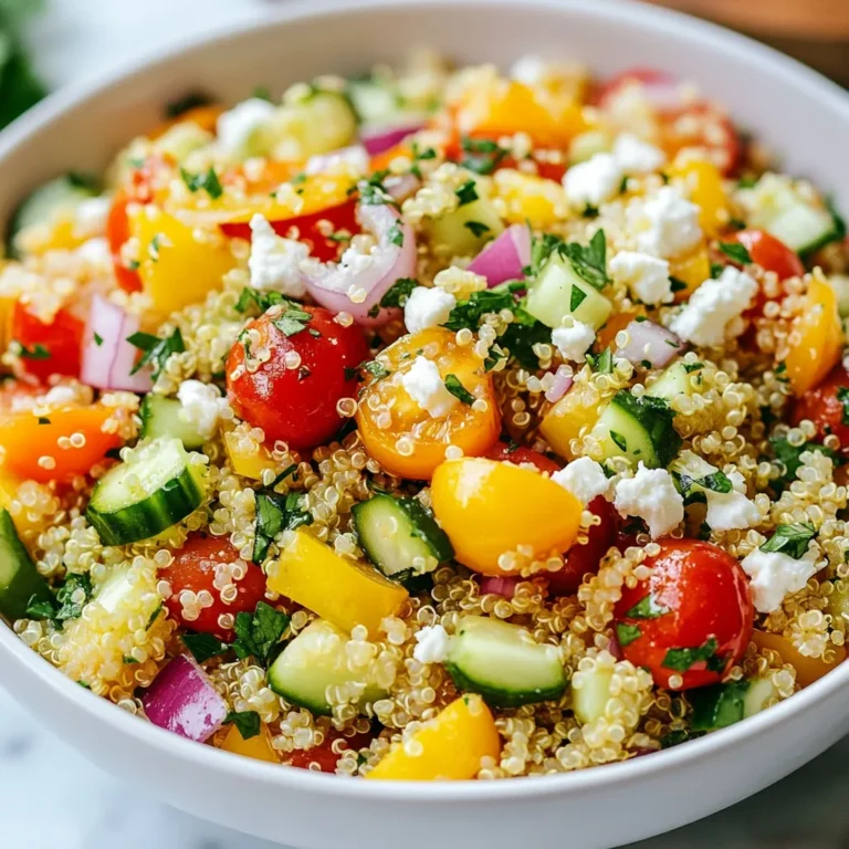 - 1 Tasse Quinoa - 2 Tassen Gemüsebrühe (oder Wasser) - 1 Tasse Kirschtomaten, halbiert - 1 Salatgurke, gewürfelt - 1 Paprika (beliebige Farbe), gewürfelt - ½ rote Zwiebel, fein gehackt - 1 Tasse frische Petersilie, grob gehackt - ½ Tasse Feta-Käse, zerbröselt (optional) - ¼ Tasse Olivenöl - 2 Esslöffel frischer Zitronensaft - Schale von 1 Zitrone (Zitronenzeste) - Salz und Pfeffer nach Geschmack - 1 Teelöffel getrockneter Oregano Ich wähle frische Zutaten immer gerne aus. Die Kirschtomaten geben süße und saftige Noten. Die Salatgurke bringt Frische und Crunch. Paprika fügt eine schöne Farbe hinzu. Die rote Zwiebel gibt einen tollen Geschmack. Petersilie ist ein toller Kräuter-Kick und sieht schön aus. Bei den Gewürzen ist das Olivenöl der Star. Es macht alles schön glatt. Der Zitronensaft bringt einen tollen, frischen Geschmack. Die Zitronenschale verstärkt das Aroma. Oregano gibt dem Salat Tiefe. Ich empfehle, mit Salz und Pfeffer zu würzen, um den Geschmack zu verstärken. Diese Zutaten machen einen leckeren und gesunden Salat. Bereit, mit mir zu kochen? {{ingredient_image_2}} Um die Quinoa perfekt zu kochen, kombiniere ich 1 Tasse abgespülte Quinoa mit 2 Tassen Gemüsebrühe. Ich stelle einen mittleren Topf auf den Herd und bringe die Mischung bei mittlerer bis hoher Hitze zum Kochen. Sobald es sprudelt, reduziere ich die Hitze. Ich decke den Topf ab und lasse die Quinoa 15 Minuten köcheln, bis sie gar ist und die Flüssigkeit aufgenommen hat. Danach nehme ich den Topf vom Herd und lasse die Quinoa abkühlen. Jetzt bereite ich das Gemüse vor. Ich nehme 1 Tasse halbierte Kirschtomaten, 1 gewürfelte Gurke, 1 gewürfelte Paprika, ½ fein gehackte rote Zwiebel und 1 Tasse grob gehackte Petersilie. Alle diese frischen Zutaten gebe ich in eine große Schüssel und vermenge sie gut. Für das Dressing nehme ich ¼ Tasse Olivenöl, 2 Esslöffel frischen Zitronensaft und die Schale von 1 Zitrone. Ich füge Salz, Pfeffer und 1 Teelöffel getrockneten Oregano hinzu. In einer kleinen Schüssel verrühre ich alles mit einem Schneebesen. Das Dressing sollte gut vermischt sein, um den besten Geschmack zu erzielen. Ich lockere die abgekühlte Quinoa mit einer Gabel auf. Dann gebe ich sie in die große Schüssel mit dem Gemüse. Ich gieße das Dressing gleichmäßig über den Salat und vermenge alles gut. So sind alle Zutaten gleichmäßig bedeckt. Wenn ich mag, füge ich ½ Tasse zerbröselten Feta-Käse hinzu und hebe ihn vorsichtig unter, damit die Stücke nicht zerfallen. Ich probiere den Salat und würze ihn nach Belieben nach. Dann stelle ich den Salat für mindestens 30 Minuten in den Kühlschrank, damit sich die Aromen entfalten können. Um die perfekte Quinoa zu kochen, spülst du sie gut ab. Das entfernt Bitterstoffe. Verwende dann zwei Tassen Gemüsebrühe oder Wasser für jede Tasse Quinoa. Bringe die Mischung zum Kochen. Reduziere die Hitze und lasse sie 15 Minuten köcheln. So wird die Quinoa locker und zart. Um klebrige Quinoa zu vermeiden, achte darauf, die Quinoa vor dem Kochen gut abzuspülen. Die Brühe sollte sprudelnd kochen, bevor du die Hitze reduzierst. Das verhindert, dass sie matschig wird. Du kannst den Geschmack deines Salats anpassen. Füge frische Kräuter wie Basilikum oder Minze hinzu. Diese Kräuter bringen frische Aromen. Auch ein Hauch von Kreuzkümmel kann gut passen. Für die ideale Säurebalance ist frischer Zitronensaft wichtig. Du kannst auch einen Spritzer Balsamico hinzufügen. Das gibt dem Salat eine angenehme Tiefe. Die Präsentation ist entscheidend. Serviere den Salat in einer großen Schüssel. Das gibt ihm Raum zum Atmen. Garniere mit frischer Petersilie obenauf. Das sieht nicht nur schön aus, sondern bringt auch zusätzlichen Geschmack. Zitronenscheiben an die Seite zu legen, setzt einen tollen Farbtupfer. So wird dein Salat nicht nur lecker, sondern auch ein echter Hingucker. Pro Tipps Quinoa gut abspülen: Das Abspülen der Quinoa entfernt Bitterstoffe, die den Geschmack beeinträchtigen können. Verwenden Sie ein feines Sieb, um die kleinen Körner zu halten. Gemüse braten: Für zusätzlichen Geschmack können Sie die Paprika und Zwiebel in einer Pfanne anbraten, bevor Sie sie zum Salat hinzufügen. Dies verleiht dem Gericht eine schöne Tiefe. Vielseitige Dressings: Experimentieren Sie mit verschiedenen Kräutern und Gewürzen im Dressing. Frischer Dill oder Minze können dem Salat eine interessante Note geben. Frisch servieren: Der Salat schmeckt am besten, wenn er frisch zubereitet ist. Lagern Sie ihn im Kühlschrank, aber lassen Sie das Dressing separat bis kurz vor dem Servieren, um die Frische der Zutaten zu bewahren. {{image_4}} Um den Salat noch nahrhafter zu machen, können Sie Avocado oder Kichererbsen hinzufügen. Avocado bringt eine cremige Textur und gesunde Fette. Kichererbsen fügen Protein und Ballaststoffe hinzu. Beide Optionen machen den Salat sättigender und lecker. Sie können eine halbe Avocado in Würfel schneiden oder eine Tasse Kichererbsen aus der Dose verwenden. Einfach unter das Gemüse mischen und genießen. Wenn Sie mehr Protein möchten, fügen Sie Hähnchenbrust oder Tofu hinzu. Hähnchenbrust ist einfach zuzubereiten. Braten Sie sie in der Pfanne oder grillen Sie sie. Schneiden Sie sie in kleine Stücke und mischen Sie sie unter den Salat. Tofu ist eine tolle pflanzliche Option. Braten Sie ihn leicht an, um den Geschmack zu intensivieren. Fügen Sie dann die gewürfelten Stücke dem Salat hinzu. Nutzen Sie saisonales Gemüse, um den Salat zu variieren. Im Frühling können Sie Spargel oder Radieschen verwenden. Im Sommer sind Zucchini und Bohnen toll. Im Herbst passen Kürbis oder Rote Beete gut dazu. Im Winter können Sie Grünkohl oder Karotten nutzen. Saisonale Zutaten bringen frische Aromen und Farben in den Salat. Experimentieren Sie und finden Sie Ihre Lieblingskombination! Um den Salat richtig zu lagern, stelle sicher, dass er in einem luftdichten Behälter ist. Der Behälter schützt den Salat vor Luft und Feuchtigkeit. Wenn du den Salat zum ersten Mal machst, lass ihn vollständig abkühlen, bevor du ihn in den Kühlschrank stellst. So bleiben die Aromen frisch und der Salat knusprig. Der Zitronen-Kräuter-Quinoa-Salat bleibt im Kühlschrank etwa drei bis fünf Tage frisch. Nach ein paar Tagen kann die Textur des Gemüses jedoch weicher werden. Das ist normal. Du kannst den Salat auch nach dem ersten Tag probieren und gegebenenfalls nachwürzen. Einfrieren ist eine gute Option, wenn du Reste hast. Der Salat kann bis zu einem Monat im Gefrierfach gelagert werden. Um ihn einzufrieren, teile ihn in Portionsgrößen auf. Verwende Gefrierbeutel oder -behälter, die gut verschlossen sind. Wenn du ihn später genießen möchtest, taue den Salat im Kühlschrank auf. Sehe zu, dass du ihn nicht im Mikrowelle aufwärmst, da das Gemüse matschig werden kann. Der Salat bleibt im Kühlschrank bis zu drei Tage frisch. Bewahre ihn in einem luftdichten Behälter auf. So bleibt der Geschmack gut. Nach ein paar Tagen kann die Quinoa weich werden. Das Gemüse bleibt in der Regel frisch. Prüfe vor dem Essen, ob alles gut aussieht. Ja, du kannst Quinoa auch in Wasser kochen. Der Hauptunterschied ist der Geschmack. Gemüsebrühe gibt der Quinoa mehr Aroma. Wenn du nur Wasser verwendest, wird der Salat milder. Wenn du es schärfer magst, wähle Brühe. Es ist eine einfache Art, den Geschmack zu verbessern. Ja, dieser Salat ist glutenfrei. Quinoa ist eine großartige glutenfreie Option. Achte darauf, dass alle anderen Zutaten auch glutenfrei sind. Die Kirschtomaten, Gurke und Paprika sind es. Wenn du Feta-Käse verwendest, prüfe die Packung auf Gluten. So bist du sicher. Ja, du kannst den Feta-Käse weglassen. Es gibt viele Alternativen. Du kannst Avocado oder geröstete Nüsse verwenden. Sie geben dem Salat auch einen guten Geschmack. Wenn du eine vegane Option suchst, nimm einfach mehr Gemüse oder Hülsenfrüchte. So bleibst du flexibel und kreativ. Der Salat aus Quinoa und frischem Gemüse ist einfach zuzubereiten. Wir haben die Hauptzutaten wie Quinoa und Gemüsebrühe, die frischen Zutaten wie Kirschtomaten und Gurke, sowie leckere Gewürze und ein Dressing behandelt. Ich hoffe, die Tipps helfen Ihnen, die perfekte Quinoa und eine ansprechende Präsentation zu erreichen. Variationen mit proteinreichen oder saisonalen Zutaten bieten viel Spielraum. Lagern Sie den Salat gut, um die Frische zu bewahren. Mit diesen Anleitungen gelingt Ihnen ein köstlicher und gesunder Salat. Viel Freude beim Ausprobieren!
