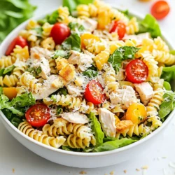 Für einen leckeren Hähnchen Caesar Pasta Salat benötigst du folgende Hauptzutaten: - 250 g Fusilli-Pasta - 2 Tassen gekochte Hähnchenbrust, gewürfelt - 1 Tasse Romanasalat, grob gehackt - 125 g Kirschtomaten, halbiert - 60 g geriebener Parmesan - 120 ml Caesar-Dressing - Salz und Pfeffer nach Geschmack Diese Zutaten sind die Basis für deinen Salat. Die Fusilli-Pasta hat eine tolle Form, die das Dressing gut hält. Die Hähnchenbrust liefert Protein, während der Romanasalat Frische bringt. Um deinem Salat mehr Geschmack zu geben, kannst du folgende optionale Zutaten hinzufügen: - 60 g Croutons, für zusätzlichen Crunch - Frische Basilikumblätter, zum Garnieren Croutons machen den Salat knusprig und geben ihm einen tollen Biss. Die Basilikumblätter sorgen für einen frischen Duft und eine schöne Präsentation. Achte auf frische Zutaten. Wähle die Pasta, die du magst; Fusilli ist ideal. Kaufe die Hähnchenbrust frisch oder aus dem Kühlregal. Achte darauf, dass der Romanasalat knackig ist und leuchtend grün aussieht. Wenn du Tomaten kaufst, suche nach reifen, süßen Kirschtomaten. Der Parmesan sollte frisch gerieben sein, um den besten Geschmack zu erzielen. Nutze ein hochwertiges Caesar-Dressing, entweder selbstgemacht oder aus dem Laden. So stellst du sicher, dass dein Salat frisch und lecker wird. {{ingredient_image_2}} Um die Fusilli-Pasta perfekt zu kochen, stelle einen großen Topf mit Salzwasser auf. Die Hitze sollte mittel sein. Warte, bis das Wasser kocht. Dann füge die Fusilli-Pasta hinzu. Koche sie gemäß der Anleitung auf der Verpackung, bis sie al dente sind. Das bedeutet, sie sind weich, aber noch bissfest. Nach dem Kochen gieße die Pasta ab. Spüle sie unter kaltem Wasser ab, um den Garprozess zu stoppen. So bleibt die Pasta schön frisch. In einer großen Schüssel vereine die abgekühlte Pasta mit den gewürfelten Hähnchenbruststücken. Füge den grob gehackten Romanasalat und die halbierten Kirschtomaten hinzu. Diese Zutaten bringen Farbe und Geschmack. Dann träufle das Caesar-Dressing über die Mischung. Vermenge alles vorsichtig, bis die Zutaten gut verteilt sind. Achte darauf, dass die Pasta und das Gemüse gleichmäßig mit Dressing bedeckt sind. Der geriebene Parmesan kommt jetzt dazu. Rühre sanft um und würze mit Salz und Pfeffer nach Geschmack. Jetzt ist der Salat fast fertig. Wenn du möchtest, streue die Croutons darüber. Sie geben dem Salat einen schönen Crunch. Mische sie sanft unter die Zutaten. Gib den Salat in eine Servierschüssel oder auf Teller. Garniere ihn mit frischen Basilikumblättern. Diese verleihen dem Gericht eine frische Note. Dein Hähnchen Caesar Pasta Salat sieht nun toll aus und schmeckt köstlich! Um ein tolles Caesar-Dressing zu machen, brauche ich nur ein paar Zutaten. Mische 120 ml Mayonnaise, 1 Esslöffel Dijon-Senf, 2 Esslöffel Zitronensaft und 2 Knoblauchzehen. Füge 60 g geriebenen Parmesan hinzu. Schlage alles zusammen, bis es glatt ist. Du kannst auch ein wenig Worcestershire-Sauce hinzufügen für mehr Geschmack. Das Dressing sollte cremig und würzig sein. Ich liebe es, mit den Zutaten zu experimentieren. Um mehr Geschmack zu bekommen, kannst du gebratene Speckstückchen hinzufügen. Für eine gesündere Variante verwende Joghurt anstelle von Mayonnaise. Du kannst auch Avocado für eine cremige Textur dazugeben. Wenn du mehr Gemüse magst, probiere Paprika oder Gurken. Diese Zutaten machen den Salat frisch und bunt. Ein häufiger Fehler ist, die Pasta zu lange zu kochen. Achte darauf, sie al dente zu machen. So bleibt sie fest und schmeckt besser. Ein weiterer Fehler ist, zu viel Dressing zu verwenden. Beginne mit wenig und füge nach Bedarf mehr hinzu. Auch das Abspülen der Pasta mit kaltem Wasser ist wichtig. Dadurch stoppe ich den Kochprozess und verhindere, dass die Pasta klebrig wird. Pro Tipps Pasta al dente kochen: Achten Sie darauf, die Fusilli-Pasta al dente zu kochen, damit sie beim Mischen mit den anderen Zutaten nicht zu weich wird. Hähnchen vor dem Mischen abkühlen: Lassen Sie das gekochte Hähnchen etwas abkühlen, bevor Sie es in den Salat geben, um ein Überkochen der anderen Zutaten zu vermeiden. Frische Zutaten verwenden: Verwenden Sie frischen Romanasalat und reife Kirschtomaten, um den besten Geschmack und die beste Textur zu erzielen. Dressing nach Geschmack anpassen: Fügen Sie das Caesar-Dressing nach und nach hinzu, um sicherzustellen, dass der Salat nicht zu nass wird und der Geschmack ausgewogen bleibt. {{image_4}} Sie können die Hähnchenbrust einfach weglassen. Stattdessen empfehle ich, Kichererbsen oder Tofu zu verwenden. Beide Optionen sind lecker und proteinreich. Kichererbsen bringen eine nussige Note. Tofu kann Sie mit seinen vielen Texturen überraschen. Marinieren Sie den Tofu in Sojasauce, um ihm mehr Geschmack zu geben. Um Ihrem Salat mehr Crunch zu verleihen, fügen Sie Nüsse oder Samen hinzu. Mandeln oder Walnüsse passen hervorragend. Auch Sonnenblumenkerne sind eine tolle Wahl. Rösten Sie diese leicht in einer Pfanne, um den Geschmack zu intensivieren. Ein kleiner Crunch macht jedes Gericht spannender. Saisonale Zutaten geben Ihrem Salat frische Aromen. Im Sommer fügen Sie frische Erbsen oder Zucchini hinzu. Im Herbst können Sie geröstete Kürbiswürfel verwenden. Diese Zutaten bringen Farbe und Geschmack. Experimentieren Sie ruhig mit dem, was gerade verfügbar ist. So bleibt Ihr Salat immer interessant und lecker. Um den Hähnchen Caesar Pasta Salat frisch zu halten, sollten Sie ihn in einem luftdichten Behälter aufbewahren. Stellen Sie sicher, dass der Salat gut abgekühlt ist, bevor Sie ihn lagern. So bleibt die Qualität erhalten. Wenn Sie Croutons hinzugefügt haben, bewahren Sie diese separat auf. So bleiben sie knusprig. Im Kühlschrank hält sich der Hähnchen Caesar Pasta Salat etwa 2 bis 3 Tage. Achten Sie darauf, den Salat vor dem Essen kurz zu überprüfen. Wenn er unangenehm riecht oder die Textur sich verändert hat, sollten Sie ihn nicht mehr essen. Frische Zutaten sind wichtig für den Geschmack. Um den Salat wieder aufzufrischen, können Sie frische Zutaten hinzufügen. Fügen Sie zum Beispiel mehr Romanasalat oder Kirschtomaten hinzu. Wenn Sie den Salat aufwärmen möchten, ist es besser, die Pasta und das Hähnchen zu erhitzen. Verwenden Sie dabei die Mikrowelle oder eine Pfanne. Achten Sie darauf, das Dressing nicht zu erhitzen. Es könnte gerinnen und die Textur verändern. Du kannst den Hähnchen Caesar Pasta Salat bis zu drei Tage im Kühlschrank aufbewahren. Achte darauf, ihn in einem luftdichten Behälter zu lagern. So bleibt er frisch und lecker. Wenn du die Croutons hinzugefügt hast, kann es besser sein, sie separat zu lagern. Das verhindert, dass sie weich werden. Ja, du kannst das Dressing ganz einfach selbst machen. Mische dafür Mayonnaise, Zitronensaft, Senf, Knoblauch und Parmesan. Füge etwas Salz und Pfeffer hinzu, um den Geschmack zu verbessern. Selbstgemachtes Dressing gibt deinem Salat einen frischen Kick. Außerdem kannst du die Zutaten nach deinem Geschmack anpassen. Zu diesem Salat passen viele Beilagen gut. Du kannst frisches Brot oder Baguette servieren. Auch gegrilltes Gemüse ist eine tolle Ergänzung. Wenn du etwas Leichteres bevorzugst, sind frische Obstsalate eine gute Wahl. Diese Beilagen machen dein Essen noch bunter und schmackhafter. Der Hähnchen Caesar Pasta Salat bietet eine leckere Mischung aus frischen Zutaten und tollem Geschmack. Ich habe die besten Zutaten, eine Schritt-für-Schritt-Anleitung und nützliche Tipps geteilt. Ob du mit Kräutern oder nährstoffreichen Beilagen experimentierst, es gibt viele Wege, den Salat zu variieren. Beachte die Lagerungshinweise, um lange Freude daran zu haben. Jetzt kannst du deinen Salat genießen und deine eigene Note hinzufügen!