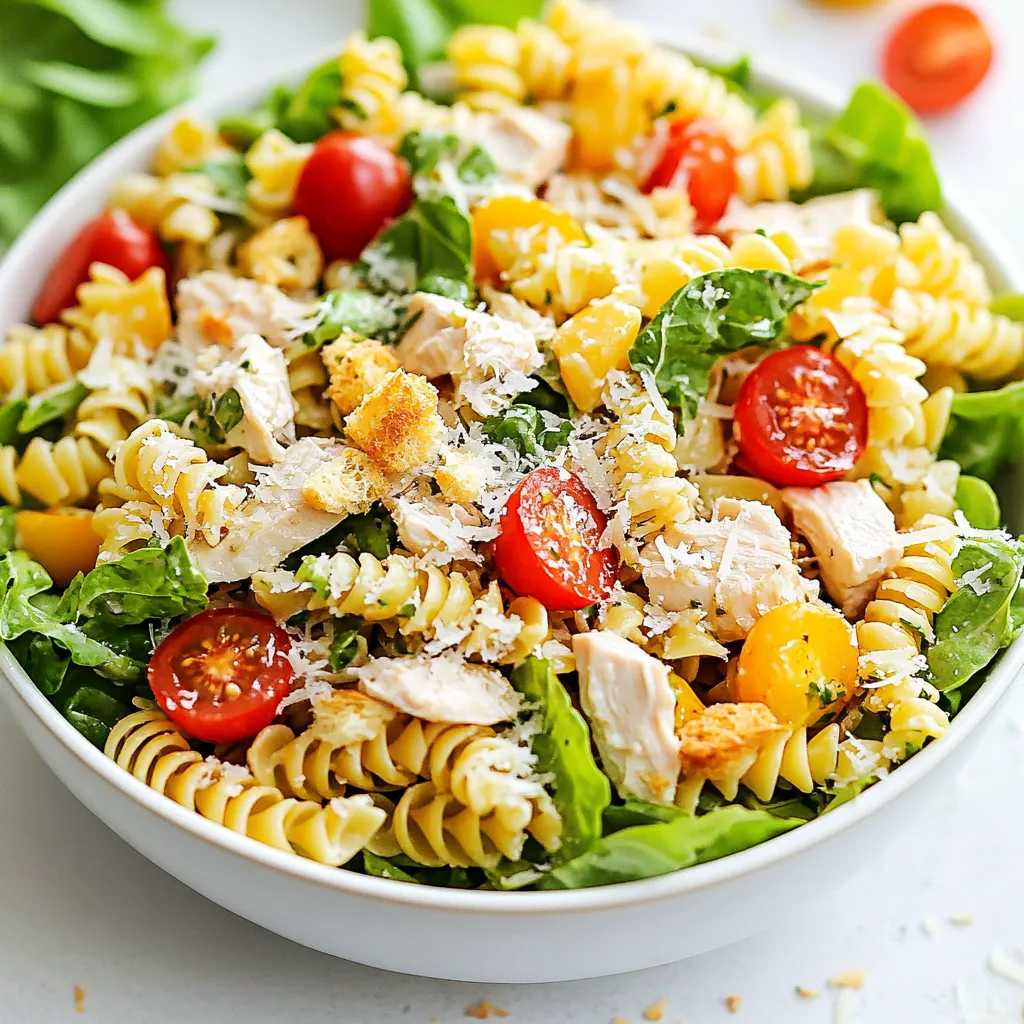 Für einen leckeren Hähnchen Caesar Pasta Salat benötigst du folgende Hauptzutaten: - 250 g Fusilli-Pasta - 2 Tassen gekochte Hähnchenbrust, gewürfelt - 1 Tasse Romanasalat, grob gehackt - 125 g Kirschtomaten, halbiert - 60 g geriebener Parmesan - 120 ml Caesar-Dressing - Salz und Pfeffer nach Geschmack Diese Zutaten sind die Basis für deinen Salat. Die Fusilli-Pasta hat eine tolle Form, die das Dressing gut hält. Die Hähnchenbrust liefert Protein, während der Romanasalat Frische bringt. Um deinem Salat mehr Geschmack zu geben, kannst du folgende optionale Zutaten hinzufügen: - 60 g Croutons, für zusätzlichen Crunch - Frische Basilikumblätter, zum Garnieren Croutons machen den Salat knusprig und geben ihm einen tollen Biss. Die Basilikumblätter sorgen für einen frischen Duft und eine schöne Präsentation. Achte auf frische Zutaten. Wähle die Pasta, die du magst; Fusilli ist ideal. Kaufe die Hähnchenbrust frisch oder aus dem Kühlregal. Achte darauf, dass der Romanasalat knackig ist und leuchtend grün aussieht. Wenn du Tomaten kaufst, suche nach reifen, süßen Kirschtomaten. Der Parmesan sollte frisch gerieben sein, um den besten Geschmack zu erzielen. Nutze ein hochwertiges Caesar-Dressing, entweder selbstgemacht oder aus dem Laden. So stellst du sicher, dass dein Salat frisch und lecker wird. {{ingredient_image_2}} Um die Fusilli-Pasta perfekt zu kochen, stelle einen großen Topf mit Salzwasser auf. Die Hitze sollte mittel sein. Warte, bis das Wasser kocht. Dann füge die Fusilli-Pasta hinzu. Koche sie gemäß der Anleitung auf der Verpackung, bis sie al dente sind. Das bedeutet, sie sind weich, aber noch bissfest. Nach dem Kochen gieße die Pasta ab. Spüle sie unter kaltem Wasser ab, um den Garprozess zu stoppen. So bleibt die Pasta schön frisch. In einer großen Schüssel vereine die abgekühlte Pasta mit den gewürfelten Hähnchenbruststücken. Füge den grob gehackten Romanasalat und die halbierten Kirschtomaten hinzu. Diese Zutaten bringen Farbe und Geschmack. Dann träufle das Caesar-Dressing über die Mischung. Vermenge alles vorsichtig, bis die Zutaten gut verteilt sind. Achte darauf, dass die Pasta und das Gemüse gleichmäßig mit Dressing bedeckt sind. Der geriebene Parmesan kommt jetzt dazu. Rühre sanft um und würze mit Salz und Pfeffer nach Geschmack. Jetzt ist der Salat fast fertig. Wenn du möchtest, streue die Croutons darüber. Sie geben dem Salat einen schönen Crunch. Mische sie sanft unter die Zutaten. Gib den Salat in eine Servierschüssel oder auf Teller. Garniere ihn mit frischen Basilikumblättern. Diese verleihen dem Gericht eine frische Note. Dein Hähnchen Caesar Pasta Salat sieht nun toll aus und schmeckt köstlich! Um ein tolles Caesar-Dressing zu machen, brauche ich nur ein paar Zutaten. Mische 120 ml Mayonnaise, 1 Esslöffel Dijon-Senf, 2 Esslöffel Zitronensaft und 2 Knoblauchzehen. Füge 60 g geriebenen Parmesan hinzu. Schlage alles zusammen, bis es glatt ist. Du kannst auch ein wenig Worcestershire-Sauce hinzufügen für mehr Geschmack. Das Dressing sollte cremig und würzig sein. Ich liebe es, mit den Zutaten zu experimentieren. Um mehr Geschmack zu bekommen, kannst du gebratene Speckstückchen hinzufügen. Für eine gesündere Variante verwende Joghurt anstelle von Mayonnaise. Du kannst auch Avocado für eine cremige Textur dazugeben. Wenn du mehr Gemüse magst, probiere Paprika oder Gurken. Diese Zutaten machen den Salat frisch und bunt. Ein häufiger Fehler ist, die Pasta zu lange zu kochen. Achte darauf, sie al dente zu machen. So bleibt sie fest und schmeckt besser. Ein weiterer Fehler ist, zu viel Dressing zu verwenden. Beginne mit wenig und füge nach Bedarf mehr hinzu. Auch das Abspülen der Pasta mit kaltem Wasser ist wichtig. Dadurch stoppe ich den Kochprozess und verhindere, dass die Pasta klebrig wird. Pro Tipps Pasta al dente kochen: Achten Sie darauf, die Fusilli-Pasta al dente zu kochen, damit sie beim Mischen mit den anderen Zutaten nicht zu weich wird. Hähnchen vor dem Mischen abkühlen: Lassen Sie das gekochte Hähnchen etwas abkühlen, bevor Sie es in den Salat geben, um ein Überkochen der anderen Zutaten zu vermeiden. Frische Zutaten verwenden: Verwenden Sie frischen Romanasalat und reife Kirschtomaten, um den besten Geschmack und die beste Textur zu erzielen. Dressing nach Geschmack anpassen: Fügen Sie das Caesar-Dressing nach und nach hinzu, um sicherzustellen, dass der Salat nicht zu nass wird und der Geschmack ausgewogen bleibt. {{image_4}} Sie können die Hähnchenbrust einfach weglassen. Stattdessen empfehle ich, Kichererbsen oder Tofu zu verwenden. Beide Optionen sind lecker und proteinreich. Kichererbsen bringen eine nussige Note. Tofu kann Sie mit seinen vielen Texturen überraschen. Marinieren Sie den Tofu in Sojasauce, um ihm mehr Geschmack zu geben. Um Ihrem Salat mehr Crunch zu verleihen, fügen Sie Nüsse oder Samen hinzu. Mandeln oder Walnüsse passen hervorragend. Auch Sonnenblumenkerne sind eine tolle Wahl. Rösten Sie diese leicht in einer Pfanne, um den Geschmack zu intensivieren. Ein kleiner Crunch macht jedes Gericht spannender. Saisonale Zutaten geben Ihrem Salat frische Aromen. Im Sommer fügen Sie frische Erbsen oder Zucchini hinzu. Im Herbst können Sie geröstete Kürbiswürfel verwenden. Diese Zutaten bringen Farbe und Geschmack. Experimentieren Sie ruhig mit dem, was gerade verfügbar ist. So bleibt Ihr Salat immer interessant und lecker. Um den Hähnchen Caesar Pasta Salat frisch zu halten, sollten Sie ihn in einem luftdichten Behälter aufbewahren. Stellen Sie sicher, dass der Salat gut abgekühlt ist, bevor Sie ihn lagern. So bleibt die Qualität erhalten. Wenn Sie Croutons hinzugefügt haben, bewahren Sie diese separat auf. So bleiben sie knusprig. Im Kühlschrank hält sich der Hähnchen Caesar Pasta Salat etwa 2 bis 3 Tage. Achten Sie darauf, den Salat vor dem Essen kurz zu überprüfen. Wenn er unangenehm riecht oder die Textur sich verändert hat, sollten Sie ihn nicht mehr essen. Frische Zutaten sind wichtig für den Geschmack. Um den Salat wieder aufzufrischen, können Sie frische Zutaten hinzufügen. Fügen Sie zum Beispiel mehr Romanasalat oder Kirschtomaten hinzu. Wenn Sie den Salat aufwärmen möchten, ist es besser, die Pasta und das Hähnchen zu erhitzen. Verwenden Sie dabei die Mikrowelle oder eine Pfanne. Achten Sie darauf, das Dressing nicht zu erhitzen. Es könnte gerinnen und die Textur verändern. Du kannst den Hähnchen Caesar Pasta Salat bis zu drei Tage im Kühlschrank aufbewahren. Achte darauf, ihn in einem luftdichten Behälter zu lagern. So bleibt er frisch und lecker. Wenn du die Croutons hinzugefügt hast, kann es besser sein, sie separat zu lagern. Das verhindert, dass sie weich werden. Ja, du kannst das Dressing ganz einfach selbst machen. Mische dafür Mayonnaise, Zitronensaft, Senf, Knoblauch und Parmesan. Füge etwas Salz und Pfeffer hinzu, um den Geschmack zu verbessern. Selbstgemachtes Dressing gibt deinem Salat einen frischen Kick. Außerdem kannst du die Zutaten nach deinem Geschmack anpassen. Zu diesem Salat passen viele Beilagen gut. Du kannst frisches Brot oder Baguette servieren. Auch gegrilltes Gemüse ist eine tolle Ergänzung. Wenn du etwas Leichteres bevorzugst, sind frische Obstsalate eine gute Wahl. Diese Beilagen machen dein Essen noch bunter und schmackhafter. Der Hähnchen Caesar Pasta Salat bietet eine leckere Mischung aus frischen Zutaten und tollem Geschmack. Ich habe die besten Zutaten, eine Schritt-für-Schritt-Anleitung und nützliche Tipps geteilt. Ob du mit Kräutern oder nährstoffreichen Beilagen experimentierst, es gibt viele Wege, den Salat zu variieren. Beachte die Lagerungshinweise, um lange Freude daran zu haben. Jetzt kannst du deinen Salat genießen und deine eigene Note hinzufügen!